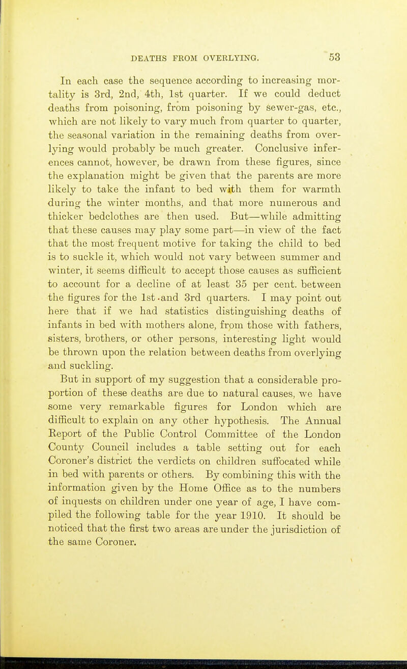 ^53 In each case the sequence according to increasing mor- tality is 3rd, 2nd, 4th, 1st quarter. If we could deduct deaths from poisoning, from poisoning by sewer-gas, etc., which are not likely to vary much from quarter to quarter, the seasonal variation in the remaining deaths from over- lying would probably be much greater. Conclusive infer- ences cannot, however, be drawn from these figures, since the explanation might be given that the parents are more likely to take the infant to bed with them for warmth during the winter months, and that more numerous and thicker bedclothes are then used. But—while admitting that these causes may play some part—in view of the fact that the most frequent motive for taking the child to bed is to suckle it, which would not vary between summer and winter, it seems difficult to accept those causes as sufficient to account for a decline of at least 35 per cent, between the figures for the 1st.and 3rd quarters. I may point out here that if we had statistics distinguishing deaths of infants in bed with mothers alone, frpm those with fathers, sisters, brothers, or other persons, interesting light would be thrown upon the relation between deaths from overlying and suckling. But in support of my suggestion that a considerable pro- portion of these deaths are due to natural causes, we have some very remarkable figures for London which are difficult to explain on any other hypothesis. The Annual Report of the Public Control Committee of the London County Council includes a table setting out for each Coroner's district the verdicts on children sufibcated while in bed with parents or others. By combining this with the information given by the Home Office as to the numbers of inquests on children under one year of age, I have com- piled the following table for the year 1910. It should be noticed that the first two areas are under the jurisdiction of the same Coroner.