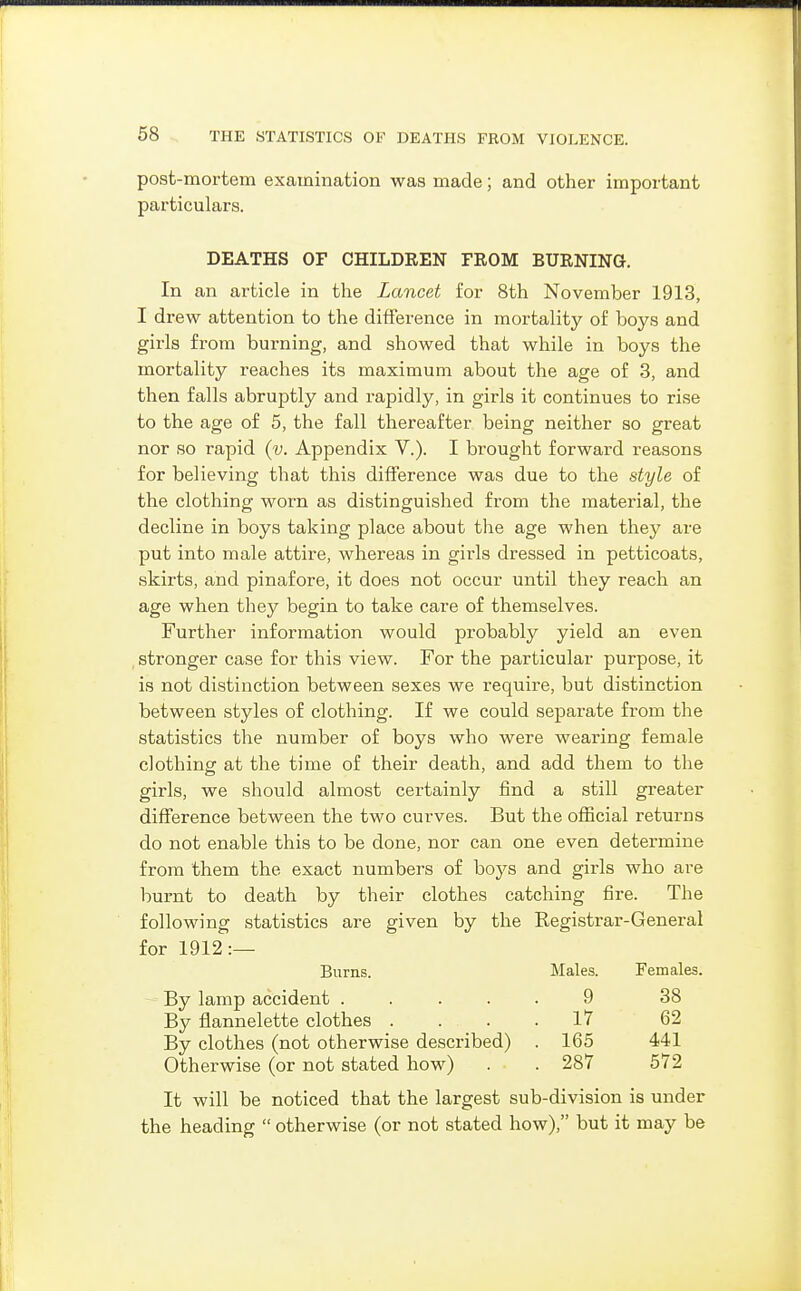 post-mortem examination was made; and other important particulars. DEATHS OF CHILDREN FROM BURNING. In an article in the Lancet for 8th November 1913, I drew attention to the difference in mortality of boys and girls from burning, and showed that while in boys the mortality reaches its maximum about the age of 3, and then falls abruptly and rapidly, in girls it continues to rise to the age of 5, the fall thereafter being neither so great nor so rapid {v. Appendix V.). I brought forward reasons for believing that this difference was due to the style of the clothing worn as distinguished from the material, the decline in boys taking place about the age when they are put into male attire, whereas in girls dressed in petticoats, skirts, and pinafore, it does not occur until they reach an age when they begin to take care of themselves. Further information would probably yield an even , stronger case for this view. For the particular purpose, it is not distinction between sexes we require, but distinction between styles of clothing. If we could separate from the statistics the number of boys who were wearing female clothins: at the time of their death, and add them to the girls, we should almost certainly find a still greater difference between the two curves. But the official returns do not enable this to be done, nor can one even determine from them the exact numbers of boys and girls who are burnt to death by their clothes catching fire. The following statistics are given by the Eegistrar-General for 1912:— Burns. Males. Females. By lamp accident ..... 9 38 By flannelette clothes . . . .17 62 By clothes (not otherwise described) . 165 441 Otherwise (or not stated how) . ■ . 287 572 It will be noticed that the largest sub-division is under the heading  otherwise (or not stated how), but it may be