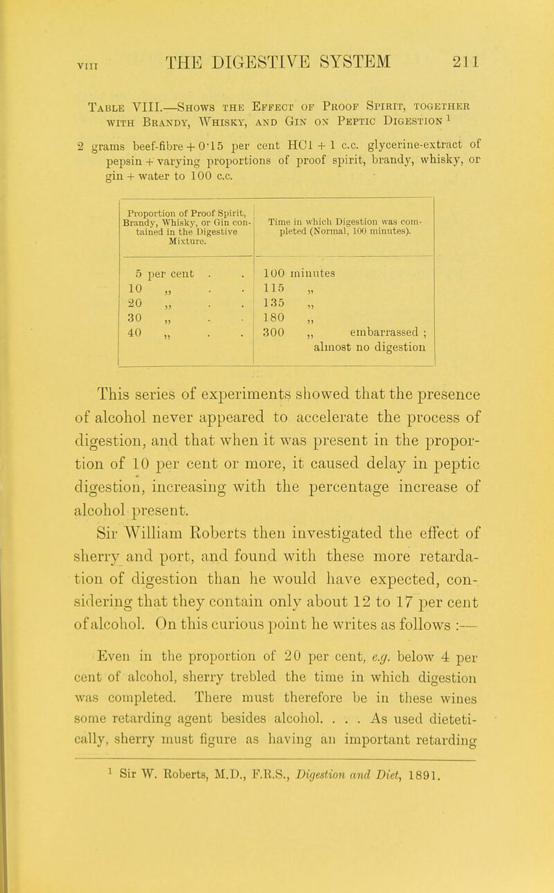 Table VIII.—Shows the Effect of Proof Spirit, together with Brandy, Whisky, and Gin ox Peptic Digestion 1 2 grams beef-fibre + 0-15 per cent HCi + 1 c.c. glycerine-extract of pepsin + varying proportions of proof spirit, brandy, whisky, or gin + water to 100 c.c. Proportion of Proof Spirit, Brandy, Whisky, or Gin con- tained in the Digestive Mixture. Time in which Digestion was com- pleted (Normal, 100 minutes). 5 per cent 10 „ . 20 „ . . 30 „ . 40 „ . 100 minutes 115 „ 135 „ 180 „ 300 „ embarrassed ; almost no digestion This series of experiments showed that the presence of alcohol never appeared to accelerate the process of digestion, and that when it was present in the propor- tion of 10 per cent or more, it caused delay in peptic digestion, increasing with the percentage increase of alcohol present. Sir William Roberts then investigated the effect of sherry and port, and found with these more retarda- tion of digestion than he would have expected, con- sidering that they contain only about 12 to 17 per cent of alcohol. On this curious point he writes as follows :— Even in the proportion of 20 per cent, e.g. below 4 per cent of alcohol, sherry trebled the time in which digestion was completed. There must therefore be in these wines some retarding agent besides alcohol. ... As used dieteti- cally, sherry must figure as having an important retarding 1 Sir W. Roberts, M.D., F.R.S., Digestion and Diet, 1891.