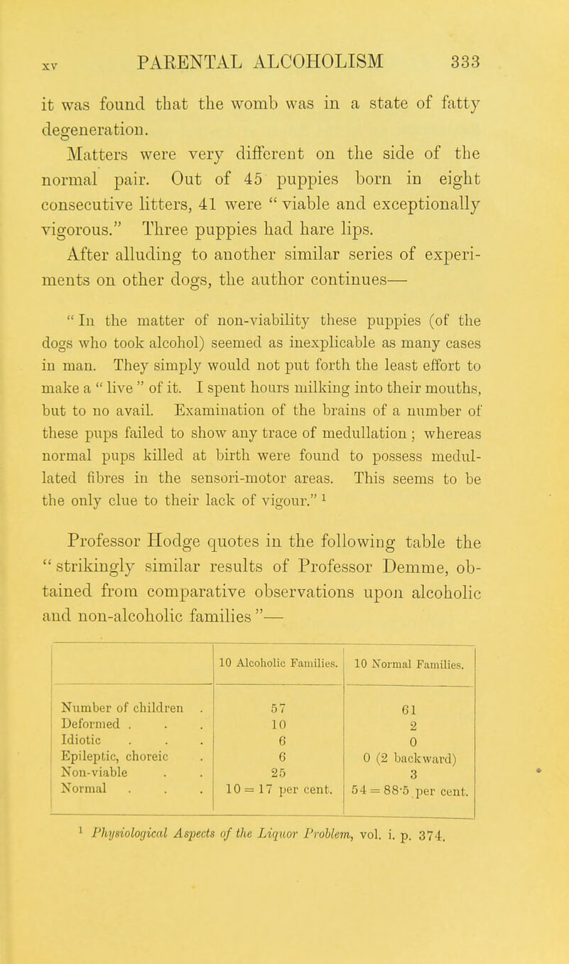 it was found that the womb was in a state of fatty degeneration. Matters were very different on the side of the normal pair. Out of 45 puppies born in eight consecutive litters, 41 were  viable and exceptionally vigorous. Three puppies had hare lips. After alluding to another similar series of experi- ments on other dogs, the author continues—  In the matter of non-viability these puppies (of the dogs who took alcohol) seemed as inexplicable as many cases in man. They simply would not put forth the least effort to make a  live  of it. I spent hours milking into their mouths, but to no avail. Examination of the brains of a number of these pups failed to show any trace of medullation ; whereas normal pups killed at birth were found to possess medul- lated fibres in the sensori-motor areas. This seems to be the only clue to their lack of vigour. 1 Professor Hodge quotes in the following table the  strikingly similar results of Professor Demme, ob- tained from comparative observations upon alcoholic and non-alcoholic families — 10 Alcoholic Families. 10 Normal Families. Number of children . Deformed . Idiotic Epileptic, choreic Non-viable Normal 57 10 6 6 25 10=17 per cent. 61 2 0 0 (2 backward) 3 54 = 88-5 per cent. Physiological Aspects of the Liquor Problem, vol. i. p. 374,