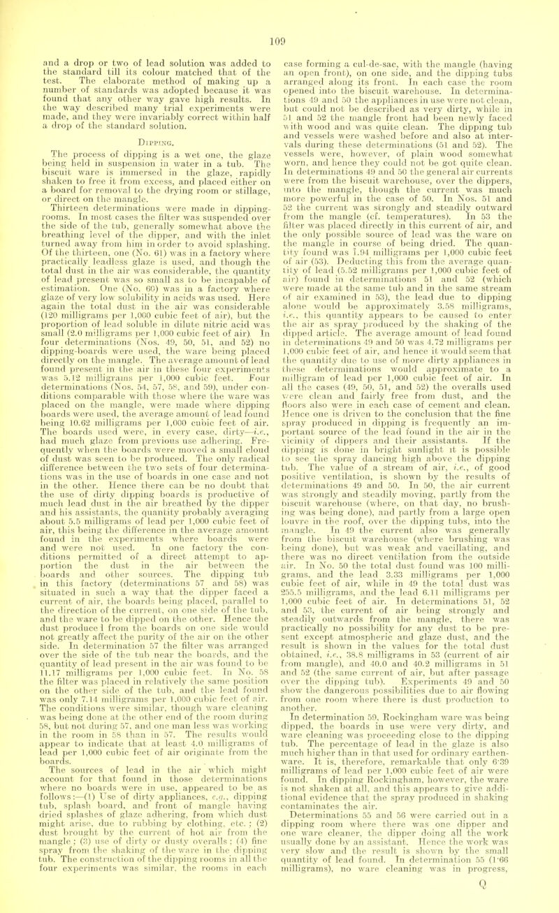 and a drop or two of lead solution was added to the standard till its colour matched that of the test. The elaborate method of making up a number of standards was adopted because it was found that any other way gave high results. In the way described many trial experiments were made, and they were invariably correct within half a drop of the standard solution. Dipping. The process of dipping is a wet one, the glaze being held in suspension in water in a tub. The biscuit ware is immersed in the glaze, rapidly shaken to free it from excess, and placed either on a board for removal to the drying room or stillage, or direct on the mangle. Thirteen determinations were made in dipping- rooms. In most cases the filter was suspended over the side of the tub, generally somewhat above the breathing level of the dipper, and with the inlet turned away from him in order to avoid splashing. Of the thirteen, one (No. 61) was in a factory where practically leadless glaze is used, and though the total dust in the air was considerable, the quantity of lead present was so small as to be incapable of estimation. One (No. 60) was in a factory where glaze of very low solubility in acids was used. Here again the total dust in the air was considerable (120 milligrams per 1,000 cubic feet of air), but the proportion of lead soluble in dilute nitric acid was small (2.0 milligrams per 1,000 cubic feet of air). In four determinations (Nos. 49, 50, 51, and 52) no dipping-boards were used, the ware being placed directly on the mangle. The average amount of lead found present in the air in these four experiments was 5.12 milligrams per 1,000 cubic feet. Four determinations (Nos. 54, 57, 58, and 59), under con- ditions comparable with those where the ware was placed on the mangle, were made where dipping boards were used, the average amount of lead found being 10.62 milligrams per 1,000 cubic feet of air. The boards used were, in every case, dirty—i.e., had much glaze from previous use adhering. Fre- quently when the boards were moved a small cloud of dust was seen to be produced. The only radical difference between the two sets of four determina- tions was in the use of boards in one case and not in the other. Hence there can be no doubt that the use of dirty dipping boards is productive of much lead dust in the air breathed by the dipper and his assistants, the quantity probably averaging about 5.5 milligrams of lead per 1,000 cubic feet of air, this being the difference in the average amount found in the experiments where boards were and were not used. In one factory the con- ditions permitted of a direct attempt to ap- portion the dust in the air between the boards and other sources. The dipping tub in this factory (determinations 57 and 58) was situated in such a way that the dipper faced a current of air, the boards being placed, parallel to the direction of the current, on one side of the tub, and the ware to be dipped on the other. Hence the dust produce 1 from the boards on one side would not greatly affect the purity of the air on the other side. In determination 57 the filter was arranged over the side of the tub near the boards, and the quantity of lead present in the air was found to be 11.17 milligrams per 1,000 cubic feet. In No. 58 the filter was placed in relatively the same position on the other side of the tub, and the lead found was only 7.14 milligrams per 1,000 cubic feet of air. The conditions were similar, though ware cleaning was being done at the other end of the room during 58, but not during 57, and one man less was working in the room in 58 than in 57. The results would appear to indicate that at least 4.0 milligrams of lead per 1,000 cubic feet of air originate from the boards. The sources of lead in the air which might account for that found in those determinations where no boards were in use, appeared to be as follows:—(1) Use of dirty appliances, e.g., dipping tub, splash board, and front of mangle having dried splashes of glaze adhering, from which dust might arise, due to rubbing by clothing, etc. ; (2) dust brought by the current of hot air from the mangle ; (3) use of dirty or dusty overalls ; (4) fine spray from the shaking of the ware in the dipping tub. The construction of the dipping rooms in all the four experiments was similar, the rooms in each case forming a cul-de-sac, with the mangle (having an open front), on one side, and the dipping tubs arranged along its front. In each case the room opened into the biscuit warehouse. In determina- tions 49 and 50 the appliances in use were not clean, but could not be described as very dirty, while in 51 and 52 the mangle front had been newly faced with wood and was quite clean. The dipping tub and vessels were washed before and also at inter- vals during these determinations (51 and 52). The vessels were, however, of plain wood somewhat worn, and hence they could not be got quite clean. In determinations 49 and 50 the general air currents were from the biscuit warehouse, over the dippers, into the mangle, though the current was much more powerful in the case of 50. In Nos. 51 and 52 the current was strongly and steadily outward from the mangle (cf. temperatures). In 53 the filter was placed directly in this current of air, and the only possible source of lead was the ware on the mangle in course of being dried. The quan- tity found was 1.94 milligrams per 1,000 cubic feet of air (53). Deducting this from the average quan- tity of lead (5.52 milligrams per 1,000 cubic feet of air) found in determinations 51 and 52 (which were made at the same tub and in the same stream of air examined in 53), the lead due to dipping alone would be approximately 3.58 milligrams, i.e., this quantity appears to be caused to enter the air as spray produced by the shaking of the dipped article. The average amount of lead found in determinations 49 and 50 was 4.72 milligrams per 1,000 cubic feet of air, and hence it would seem that the quantity due to use of more dirty appliances in these determinations would approximate to a milligram of lead per 1,000 cubic feet of air. In all the cases (49, 50, 51, and 52) the overalls used were clean and fairly free from dust, and the floors also were in each case of cement and clean. Hence one is driven to the conclusion that the fine spray produced in dipping is frequently an im- portant source of the lead found in the air in the vicinity of dippers and their assistants. If the dipping is done in bright sunlight it is possible to see the spray dancing high above the dipping tub. The value of a stream of air, i.e., of good positive ventilation, is shown by the results of determinations 49 and 50. In 50, the air current was strongly and steadily moving, partly from the biscuit warehouse (where, on that day, no brush- ing was being done), and partly from a large open louvre in the roof, over the dipping tubs, into the mangle. In 49 the current also was generally from the biscuit warehouse (where brushing was being done), but was weak and vacillating, and there was no direct ventilation from the outside air. In No. 50 the total dust found was 100 milli- grams, and the lead 3.33 milligrams per 1,000 cubic feet of air, while in 49 the total dust was 255.5 milligrams, and the lead 6.11 milligrams per 1.000 cubic feet of air. In determinations 51, 52 and 53, the current of air being strongly and steadily outwards from the mangle, there was practically no possibility for any dust to be pre- sent except atmospheric and glaze dust, and the result is shown in the values for the total dust obtained, i.e., 38.8 milligrams in 53 (current of air from mangle), and 40.0 and 40.2 milligrams in 51 and 52 (the same current of air, but after passage over the dipping tub). Experiments 49 and 50 show the dangerous possibilities due to air flowing from one room where there is dust production to another. In determination 59, Rockingham ware was being dipped, the boards in use were very dirty, and ware cleaning was proceeding close to the dipping tub. The percentage of lead in the glaze is also much higher than in that used for ordinary earthen- ware. It is, therefore, remarkable that only 6-39 milligrams of lead per 1,000 cubic feet of air were found. In dipping Rockingham, however, the ware is not shaken at all, and this appears to give addi- tional evidence that the spray produced in shaking contaminates the air. Determinations 55 and 56 were carried out in a dipping room where there was one dipper and one ware cleaner, the dipper doing all the work usually done by an assistant. Hence the work was very slow and the result is shown by the small quantity of lead found. In determination 55 (166 milligrams), no ware cleaning was in progress, Q