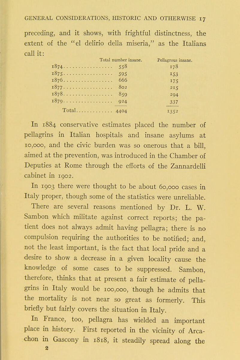 preceding, and it shows, with frightful distinctness, the extent of the el delirio della miseria, as the Italians call it: Total number insane. Pellagrous insane. 1874 558 178 187s 595 153 1876 666 175 1877. . , 802 215 1878 859 294 1879 924 337 Total 4404 1352 In 1884 conservative estimates placed the number of pellagrins in Itahan hospitals and insane asylums at 10,000, and the civic burden was so onerous that a biU, aimed at the prevention, was introduced in the Chamber of Deputies at Rome through the efforts of the Zannardelli cabinet in 1902. In 1903 there were thought to be about 60,000 cases in Italy proper, though some of the statistics were unreKable. There are several reasons mentioned by Dr. L. W. Sambon which militate against correct reports; the pa- tient does not always admit having pellagra; there is no compulsion requiring the authorities to be notified; and, not the least unportant, is the fact that local pride and a desire to show a decrease in a given locaKty cause the knowledge of some cases to be suppressed. Sambon, therefore, thinks that at present a fair estimate of pella- grins in Italy would be 100,000, though he admits that the mortahty is not near so great as formerly. This briefly but fairly covers the situation in Italy. In France, too, pellagra has wielded an important place in history. First reported in the vicinity of Arca- chon in Gascony in 1818, it steadily spread along the 2