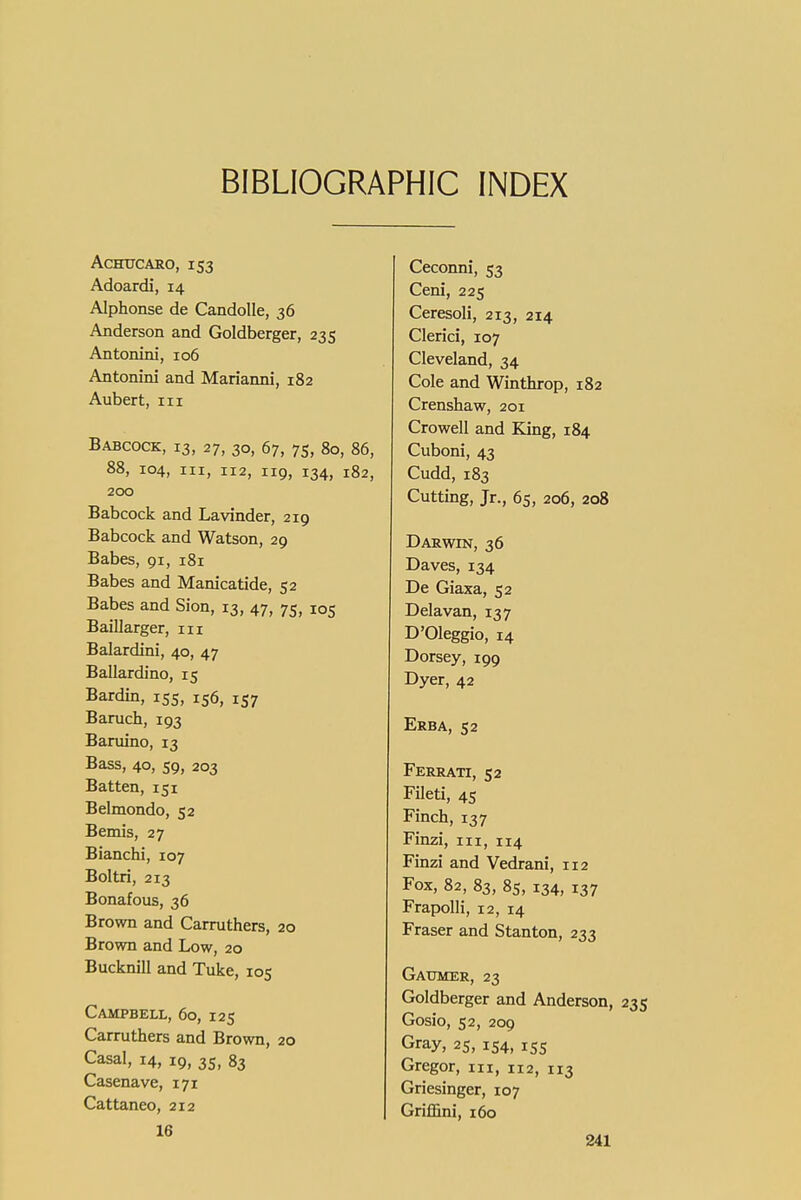 BIBLIOGRAPHIC INDEX ACHUCARO, 153 Adoardi, 14 Alphonse de Candolle, 36 Anderson and Goldberger, 235 Antonini, 106 Antonini and Marianni, 182 Aubert, 111 Babcock, 13, 27, 30, 67, 7s, 80, 86, 88, 104, III, 112, 119, 134, 182, 200 Babcock and Lavinder, 219 Babcock and Watson, 29 Babes, 91, 181 Babes and Manicatide, 52 Babes and Sion, 13, 47, 75, 105 Baillarger, 111 Balardini, 40, 47 Ballardino, 15 Bardin, 155, 156, 157 Baruch, 193 Baruino, 13 Bass, 40, 59, 203 Batten, 151 Belmondo, 52 Bemis, 27 Bianchi, 107 Boltri, 213 Bonafous, 36 Brown and Carruthers, 20 Brown and Low, 20 Bucknill and Tuke, 105 Campbell, 60, 125 Carruthers and Brown, 20 Casal, 14, 19, 35, 83 Casenave, 171 Cattaneo, 212 16 Ceconni, 53 Ceni, 225 Ceresoli, 213, 214 Clerici, 107 Cleveland, 34 Cole and Winthrop, 182 Crenshaw, 201 Crowell and King, 184 Cuboni, 43 Cudd, 183 Cutting, Jr., 65, 206, 208 Darwin, 36 Daves, 134 De Giaxa, 52 Delavan, 137 D'Oleggio, 14 Dorsey, 199 Dyer, 42 Erba, 52 Ferrati, 52 Fileti, 45 Finch, 137 Finzi, III, 114 Finzi and Vedrani, 112 Fox, 82, 83, 85, 134, 137 Frapolli, 12, 14 Fraser and Stanton, 233 Gaumer, 23 Goldberger and Anderson, 235 Gosio, 52, 209 Gray, 25, 154, 155 Gregor, in, 112, 113 Griesinger, 107 Griffini, 160