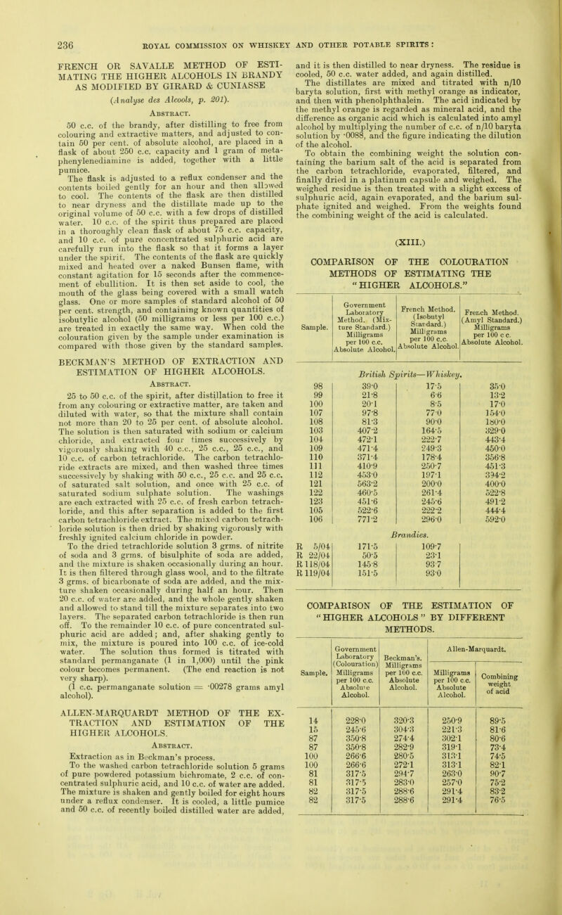 FRENCH OR SAVALLE METHOD OF ESTI- MATING THE HIGHER ALCOHOLS IN BRANDY AS MODIFIED BY GIRARD & CUNIASSE (Analyse des Alcools, p. 201). Abstract. 50 c.c. of the brandy, after distilling to free from colouring and extractive matters, and adjusted to con- tain 50 per cent, of absolute alcohol, are placed in a flask of about 250 c.c. capacity and 1 gram of meta- phenylenediainine is added, together with a little pumice. The flask is adjusted to a reflux condenser and the contents boiled gently for an hour and then allowed to cool. The contents of the flask are then distilled to near dryness and the distillate made up to the original volume of 50 c.c. with a few drops of distilled water. 10 c.c. of the spirit thus prepared are placed in a thoroughly clean flask of about 75 c.c. capacity, and 10 c.c. of pure concentrated sulphuric acid are carefully run into the flask so that it forms a layer under the spirit. The contents of the flask are quickly mixed and heated over a naked Bunsen flame, with constant agitation for 15 seconds after the commence- ment of ebullition. It is then set aside to cool, the mouth of the glass being covered with a small watch glass. One or more samples of standard alcohol of 50 per cent, strength, and containing known quantities of isobutylic alcohol (,50 milligrams or less per 100 c.c.) are treated in exactly the same way. When cold the colouration given by the sample under examination is compared with those given by the standard samples. BECKMAN'S METHOD OF EXTRACTION AND ESTIMATION OF HIGHER ALCOHOLS. Abstract. 25 to 50 c.c. of the spirit, after distillation to free it from any colouring or extractive matter, are taken and diluted with water, so that the mixture shall contain not more than 20 to 25 per cent, of absolute alcohol. The solution is then saturated with sodium or calcium chloride, and extracted four times successively by vigorously shaking with 40 c.c, 25 c.c, 25 c.c, and 10 c.c. of carbon tetrachloride. The carbon tetrachlo- ride extracts are mixed, and then washed three times successively by shaking with 50 c.c, 25 c.c. and 25 c.c of saturated salt solution, and once with 25 c.c. of saturated sodium sulphate solution. The washings are each extracted with 25 c.c. of fresh carbon tetrach- loride, and this after separation is added to the first carbon tetrachloride extract. The mixed carbon tetrach- loride solution is then dried by shaking vigorously with freshly ignited calcium chloride in powder. To the dried tetrachloride solution 3 grms. of nitrite of soda and 3 grms. of bisulphite of soda are added, and the mixture is shaken occasionally during an hour. It is then filtered through glass wool, and to the filtrate 3 grms. of bicarbonate of soda are added, and the mix- ture shaken occasionally during half an hour. Then 20 c.c. of water are added, and the whole gently shaken and allowed to stand till the mixture sejDarates into two layers. The separated carbon tetrachloride is then run off. To the remainder 10 c.c. of pure concentrated sul- phuric acid are added; and, after shaking gently to mix, the mixture is poured into 100 c.c. of ice-cold water. The solution thus formed is titrated with standard permanganate (1 in 1,000) until the pink colour becomes permanent. (The end reaction is not very sharp). (1 c.c. permanganate solution = -00278 grams amyl alcohol). ALLEN-MARQUARDT METHOD OF THE EX- TRACTION AND ESTIMATION OF THE HIGHER ALCOHOLS. Abstract. Extraction as in Beckman's process. To the washed carbon tetrachloride solution 5 grams of pure powdered potassium bichromate, 2 c.c. of con- centrated sulphuric acid, and 10 c.c. of water are added. The mixture is shaken and gently boiled for eight hours under a reflux condenser. It is cooled, a little pumice and 50 c.c. of recently boiled distilled water are added. and it is then distilled to near dryness. The residue is cooled, 50 c.c. water added, and again distilled. The distillates are mixed and titrated with n/10 baryta solution, first with methyl orange as indicator, and then with phenolphthalein. The acid indicated by the methyl orange is regarded as mineral acid, and the difference as organic acid which is calculated into amyl alcohol by multiplying the number of c.c. of n/10 baryta solution by 0088, and the figure indicating the dilution of the alcohol. To obtain the combining weight the solution con- taining the barium salt of the acid is separated from the carbon tetrachloride, evaporated, filtered, and finally dried in a platinum capsule and weighed. The weighed residue is then treated with a slight excess of sulphuric acid, again evaporated, and the barium sul- phate ignited and weighed. From the weights found the combining weight of the acid is calculated. (XIII.) COMPARISON OF THE COLOURATION METHODS OF ESTIMATING THE HIGHER ALCOHOLS. Sample. Government Laboratory Method. (Mix- ture Standard.) Milligrams per 100 c.c. Absolute Alcohol. French Method. (Isobutyl Stardard.) Milligrams per 100 c.c. Absolute Alcohol. French Method. (Amyl Standard.) Milligrams per 100 c c. Absolute Alcohol. British Spirits—Whiskey, 98 39-0 17-5 35-0 99 21-8 6-6 13-2 100 20-1 8-5 17-0 107 97-8 77-0 154-0 108 81-3 90-0 i»o-o 103 407-2 164-5 329-0 104 472-1 222-7 443-4 109 471-4 249-3 450-0 110 371-4 178-4 356-8 111 410-9 250-7 451-3 112 453-0 197-1 394-2 121 563-2 200-0 400-0 122 460-5 261-4 522-8 123 451-6 245-6 491-2 106 522-6 222-2 444-4 106 771-2 296-0 692-0 Brandies. R 5/04 171-5 109-7 R 22/04 50-5 23-1 R118/04 145-8 93-7 R119/04 151-5 93-0 COMPARISON OF THE ESTIMATION OF  HIGHER ALCOHOLS  BY DIFFERENT METHODS. Sample. Government Laboratory (Colouration) Milligrams per 100 c.c. Absolu'e Alcohol. Beckman's. Milligrams per 100 c.c. Absolute Alcohol. Allen-Marquardt. Milligrams per 100 c.c. Absolute Alcohol. Combining weight of acid 14 228-0 320-3 250-9 89-5 16 245-6 304-3 221-3 81-6 87 350-8 274-4 302-1 80-6 87 350-8 282-9 3I9-I 73-4 100 266-6 280-5 313-1 74-5 100 266-6 272-1 313-1 82-1 81 317-5 294-7 263-0 90-7 81 317-5 283-0 257-0 75-2 82 317-5 288-6 291-4 83-2 82 317-5 288-6 291-4 76-5