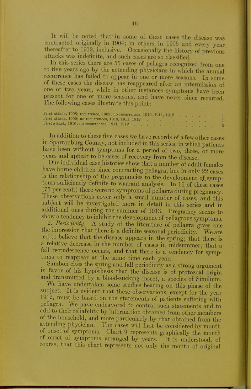 It will be noted that in some of these cases the disease was contracted originally in 1904; in otliers, in 1905 and every year thereafter to 1912, inclusive. Occasionally the history of previous attacks was indefinite, and such cases are so classified. In this series there are 55 cases of pellagra recognized from one to five years ago by the attending physicians in which the annual recurrence has failed to appear in one or more seasons. In some of these cases the disease has reappeared after an intermission of one or two years, while in other instances symptoms have been present for one or more seasons, and have never since recurred. The following cases illustrate this point: First attack, 1908; recurrence, 1909; no recurrences, 1910, 1911, 1912 j First attack, 1909; no recurrences, 1910, 1911, 1912 First attack, 1910; no recurrences, 1911, 1912 3 In addition to these five cases we have records of a few other cases in Spartanburg County, not included in this series, in which patients have been without symptoms for a period of two, three, or more years and appear to be cases of recovery from the disease. Our individual case histories show that a number of adult females have borne children since contracting pellagra, but in only 22 cases is the relationship of the pregnancies to the development o/. symp- toms sufficiently definite to warrant analysis. In 16 of these cases (75 per cent.) there were no symptoms of pellagra during pregnancy. These observations cover only a small number of cases, and this subject will be investigated more in detail in this series and in additional ones during the summer of 1913. Pregnancy seems to show a tendency to inhibit the development of pellagrous symptoms. 2. Periodicity. A study of the literature of pellagra gives one the impression that there is a definite seasonal periodicity. We are led to believe that the disease appears in the spring; that there is a relative decrease in the number of cases in midsummer; that a fall recrudescence occurs, and that there is a tendency for symp- toms to reappear at the same time each year. Sambon cites the spring and fall periodicity as a strong argument in favor of his hypothesis that the disease is of protozoal origin and transmitted by a blood-sucking insect, a species of Similium. We have undertaken some studies bearing on this phase of the subject. It is evident that these observations, except for the year 1912, must be based on the statements of patients suffering with pellagra. We have endeavored to control such statements and to add to their reliabiUty by information obtained from other members of the household, and more particularly by that obtained from the attending physician. The cases will first be considered by month of onset of symptoms. Chart 9 represents graphically the month of onset of symptoms arranged by years. It is understood, of course, that this chart represents not only the month of original
