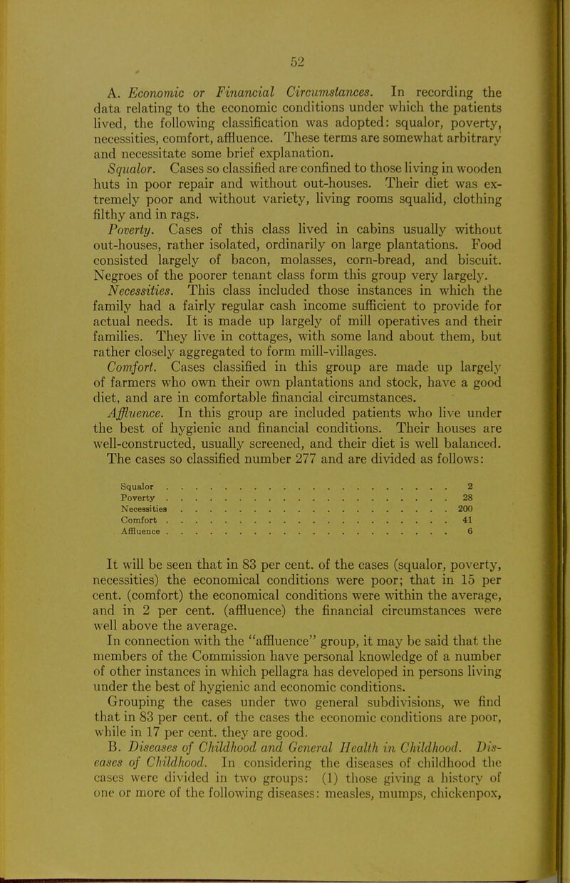 A. Economic or Financial Circumsiances. In recording the data relating to the economic conditions under which the patients Hved, the following classification was adopted: squalor, poverty, necessities, comfort, affluence. These terms are somewhat arbitrary and necessitate some brief explanation. Squalor. Cases so classified are confined to those living in wooden huts in poor repair and without out-houses. Their diet was ex- tremely poor and without variety, living rooms squalid, clothing filthy and in rags. Poverty. Cases of this class lived in cabins usually without out-houses, rather isolated, ordinarily on large plantations. Food consisted largely of bacon, molasses, corn-bread, and biscuit. Negroes of the poorer tenant class form this group very largely. Necessities. This class included those instances in which the family had a fairly regular cash income sufficient to provide for actual needs. It is made up largely of mill operatives and their families. They live in cottages, with some land about them, but rather closely aggregated to form mill-villages. Comfort. Cases classified in this group are made up largely of farmers who own their own plantations and stock, have a good diet, and are in comfortable financial circumstances. Affluence. In this group are included patients who live under the best of hygienic and financial conditions. Their houses are well-constructed, usually screened, and their diet is well balanced. The cases so classified number 277 and are divided as follows: Squalor 2 Poverty 28 Necessitiea 200 Comfort 41 Affluence 6 It will be seen that in 83 per cent, of the cases (squalor, poverty, necessities) the economical conditions were poor; that in 15 per cent, (comfort) the economical conditions were within the average, and in 2 per cent, (affluence) the financial circumstances were well above the average. In connection with the affluence group, it may be said that the members of the Commission have personal knowledge of a number of other instances in which pellagra has developed in persons living under the best of hygienic and economic conditions. Grouping the cases under two general subdivisions, we find that in 83 per cent, of the cases the economic conditions are poor, while in 17 per cent, they are good. B. Diseases of Childhood and General Health in Childhood. Dis- eases of Childhood. In considering the diseases of childhood the cases were divided in two groups: (1) those giving a history of one or more of the following diseases: measles, mumps, chickenpox,
