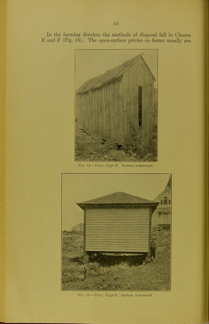 In the farming districts the methods of disposal fall in Classes E and F (Fig. 18). The open-surface privies on farms usually are U) —l'nv.\-, Xipe Ji. tiuifuce, unscreeucd