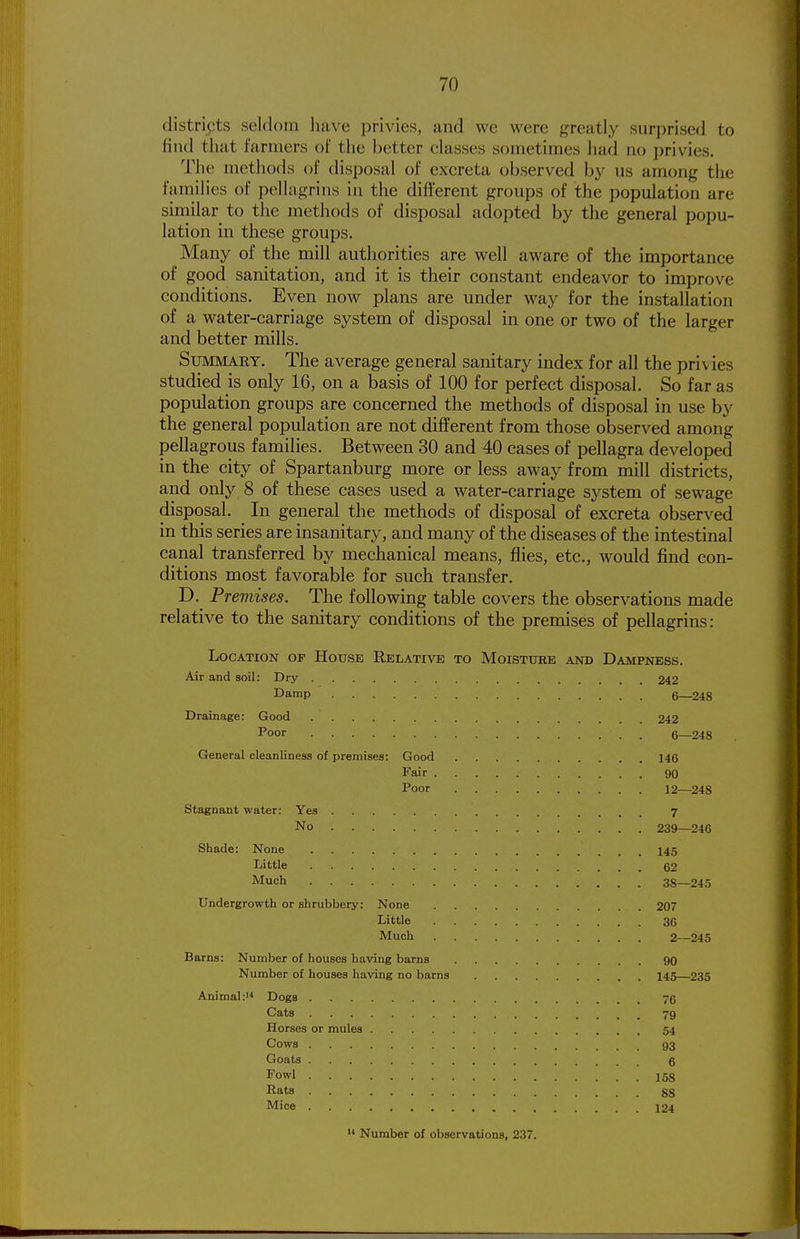 distripts seldom have privies, and we were greatly surprised to find that farmers of the better classes sometimes had no privies. TJie methods of disposal of excreta observed by us among the families of pellagrins in the different groups of the population are similar to the methods of disposal adopted by the general popu- lation in these groups. Many of the mill authorities are well aware of the importance of good sanitation, and it is their constant endeavor to improve conditions. Even now plans are under way for the installation of a water-carriage system of disposal in one or two of the larger and better mills. Summary. The average general sanitary index for all the privies studied is only 16, on a basis of 100 for perfect disposal. So far as population groups are concerned the methods of disposal in use by the general population are not different from those observed among pellagrous families. Between 30 and 40 cases of pellagra developed in the city of Spartanburg more or less away from mill districts, and only 8 of these cases used a water-carriage system of sewage disposal. In general the methods of disposal of excreta observed in this series are insanitary, and many of the diseases of the intestinal canal transferred by mechanical means, flies, etc., would find con- ditions most favorable for such transfer. D. Premises. The following table covers the observations made relative to the sanitary conditions of the premises of pellagrins: Location op House Relative to Moisture and Dampness. Air and soil: Dry 242 Damp 6—248 Drainage: Good 242 Poor 6—248 General cleanliness of premises: Good 146 Fair 90 Poor 12—248 Stagnant water: Yes 7 No 239—246 Shade: None 145 Little 62 Much 38—245 Undergrowth or shrubbery: None 207 Little 36 Much 2—245 Barns: Number of houses having barns 90 Number of houses having no barns 145—235 Animal: Dogs 76 Cats 79 Horses or mules 54 Cows 93 Goats 6 Fowl 158 Rats 88 Mice 124  Number of observations, 237.
