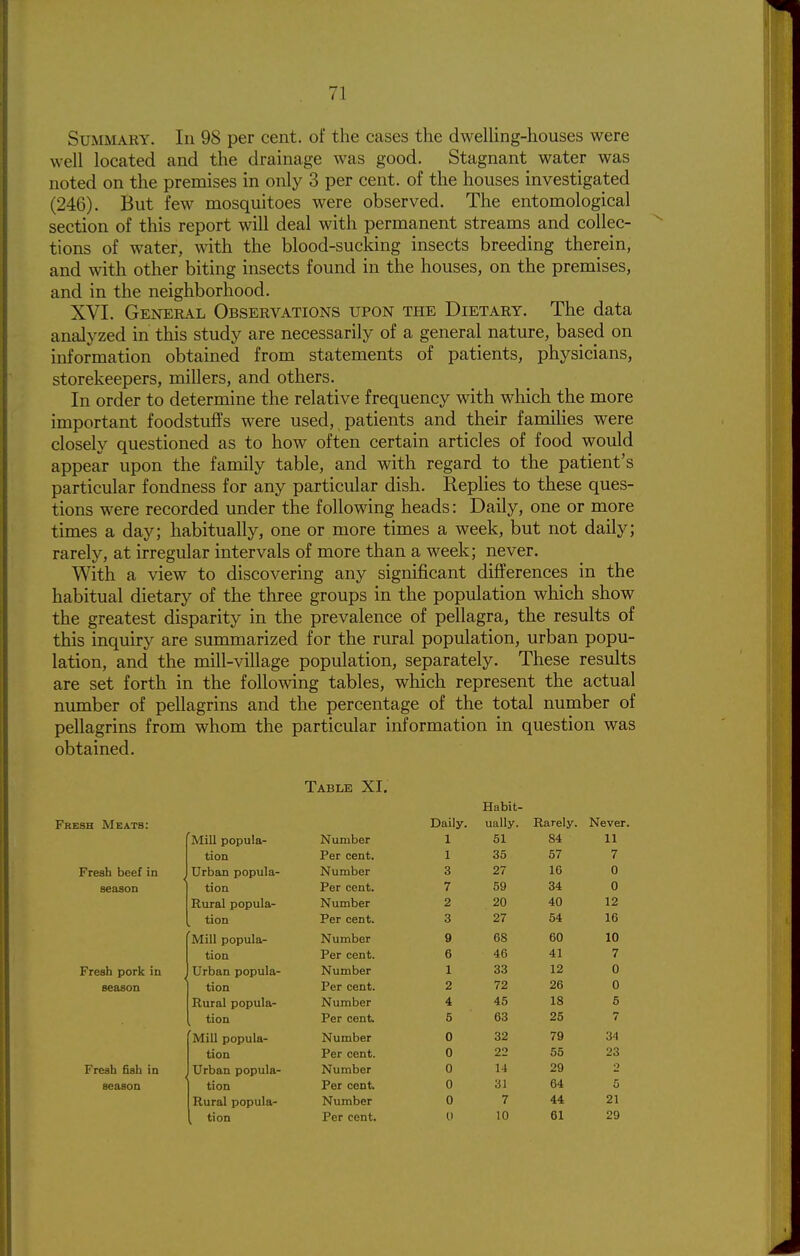 Summary. In 98 per cent, of the eases the dwelling-houses were well located and the drainage was good. Stagnant water was noted on the premises in only 3 per cent, of the houses investigated (246). But few mosquitoes were observed. The entomological section of this report will deal with permanent streams and collec- tions of water, with the blood-sucking insects breeding therein, and with other biting insects found in the houses, on the premises, and in the neighborhood. XVI. General Observations upon the Dietary. The data analyzed in this study are necessarily of a general nature, based on information obtained from statements of patients, physicians, storekeepers, millers, and others. In order to determine the relative frequency with which the more important foodstuffs were used, patients and their families were closely questioned as to how often certain articles of food would appear upon the family table, and with regard to the patient's particular fondness for any particular dish. Replies to these ques- tions were recorded under the following heads: Daily, one or more times a day; habitually, one or more times a week, but not daily; rarely, at irregular intervals of more than a week; never. With a view to discovering any significant differences in the habitual dietary of the three groups in the population which show the greatest disparity in the prevalence of pellagra, the results of this inquiry are summarized for the rural population, urban popu- lation, and the mill-village population, separately. These results are set forth in the following tables, which represent the actual number of pellagrins and the percentage of the total number of pellagrins from whom the particular information in question was obtained. Table XI. Fresh Meats: '^Mill popula- Number tion Per cent. Fresh beef in Urban popula- Number season tion Per cent. Rural popula- Number tion Per cent. Mill popula- Number tion Per cent. Fresh pork in Urban popula- Number season tion Per cent. Rural popula- Number tion Per cent. Mill popula- Number tion Per cent. Fresh fish in Urban popula- Number season tion Per cent. Rural popula- Number tion Per cent. Daily. 1 1 3 7 2 3 9 6 1 2 4 5 0 0 0 0 0 0 Habit- ually. 51 35 27 59 20 27 68 46 33 72 45 63 32 22 14 3J 7 10 Rarely. Never. 84 57 16 34 40 54 60 41 12 26 18 25 79 55 29 64 44 61 11 7 0 0 12 16 10 7 0 0 5 7 34 23 2 5 21 29