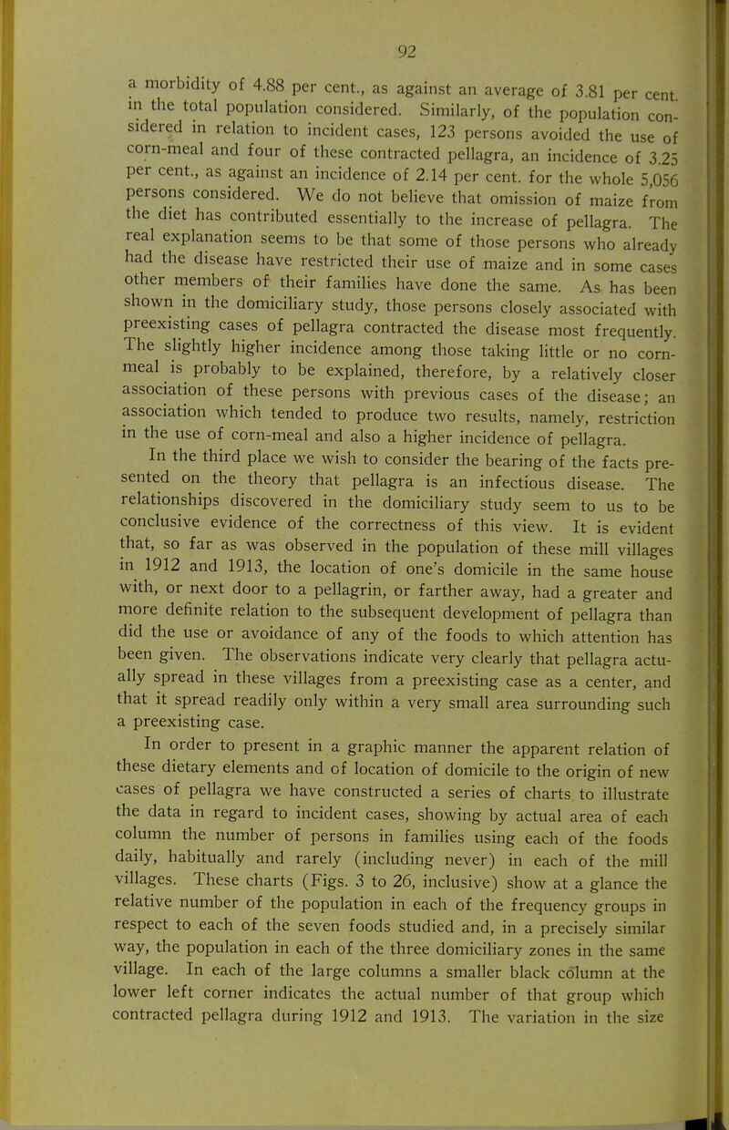 a morbidity of 4.88 per cent., as against an average of 3.81 per cent in the total population considered. Similarly, of the population con- sidered m relation to incident cases, 123 persons avoided the use of corn-meal and four of these contracted pellagra, an incidence of 3.25 per cent., as against an incidence of 2.14 per cent, for the whole 5 056 persons considered. We do not believe that omission of maize from the diet has contributed essentially to the increase of pellagra. The real explanation seems to be that some of those persons who already had the disease have restricted their use of maize and in some cases other members of their families have done the same. As has been shown in the domiciliary study, those persons closely associated with preexisting cases of pellagra contracted the disease most frequently. The slightly higher incidence among those taking little or no corn- meal is probably to be explained, therefore, by a relatively closer association of these persons with previous cases of the disease; an association which tended to produce two results, namely, restriction in the use of corn-meal and also a higher incidence of pellagra. In the third place we wish to consider the bearing of the facts pre- sented on the theory that pellagra is an infectious disease. The relationships discovered in the domiciliary study seem to us to be conclusive evidence of the correctness of this view. It is evident that, so far as was observed in the population of these mill villages in 1912 and 1913, the location of one's domicile in the same house with, or next door to a pellagrin, or farther away, had a greater and more definite relation to the subsequent development of pellagra than did the use or avoidance of any of the foods to which attention has been given. The observations indicate very clearly that pellagra actu- ally spread in these villages from a preexisting case as a center, and that it spread readily only within a very small area surrounding such a preexisting case. In order to present in a graphic manner the apparent relation of these dietary elements and of location of domicile to the origin of new cases of pellagra we have constructed a series of charts to illustrate the data in regard to incident cases, showing by actual area of each column the number of persons in families using each of the foods daily, habitually and rarely (including never) in each of the mill villages. These charts (Figs. 3 to 26, inclusive) show at a glance the relative number of the population in each of the frequency groups in respect to each of the seven foods studied and, in a precisely similar way, the population in each of the three domiciliary zones in the same village. In each of the large columns a smaller black column at the lower left corner indicates the actual number of that group which contracted pellagra during 1912 and 1913. The variation in the size