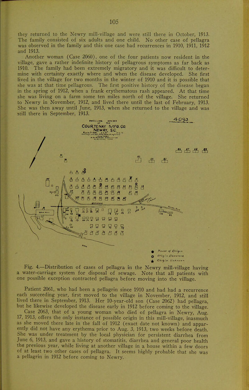 they returned to the Newry mill-village and were still there in October, 1913. The family consisted of six adults and one child. No other case of pellagra was observed in the family and this one case had recurrences in 1910, 1911, 1912 and 1913. Another woman (Case 2060), one of the four patients now resident in the village, gave a rather indefinite history of pellagrous symptoms as far back as 1910. The family had been extremely migratory and it was difficult to deter- mine with certainty exactly where and when the disease developed. She first lived in the village for two months in the winter of 1910 and it is possible that she was at that time pellagrous. The first positive history of the disease began in the spring of 1912, when a frank erythematous rash appeared. At that time she was living on a farm some ten miles north of the village. She returned to Newry in November, 1912, and lived there until the last of February, 1913. She was then away until June, 1913, when she returned to the village and was still there in September, 1913. Fig. 4.—Distribution of cases of pellagra in the Newry mill-village having a water-carriage system for disposal of sewage. Note that all patients with one possible exception contracted pellagra before moving into the village. Patient 2061, who had been a pellagrin since 1910 and had had a recurrence each succeeding year, first moved to the village in November, 1912, and still lived there in September, 1913. Her 10-year-old son (Case 2062) had pellagra, but he likewise developed the disease early in 1912 before coming to the village. Case 2063, that of a young woman who died of pellagra in Newry, Aug. 17, 1913, offers the only instance of possible origin in this mill-village, inasmuch as she moved there late in the fall of 1912 (exact date not known) and appar- ently did not have any erythema! prior to Aug. 3, 1913, two weeks before death. She was under treatment by the local physician for persistent diarrhea from June 6, 1913, and gave a history of stomatitis, diarrhea and general poor health thei previous year, while living at another village in a house within a few doors of at least two other cases of pellagra. It seems highly probable that she was a pellagrin in 1912 before coming to Newry. COURTENAY MFG. CO. NEWRT. SC. :n & &