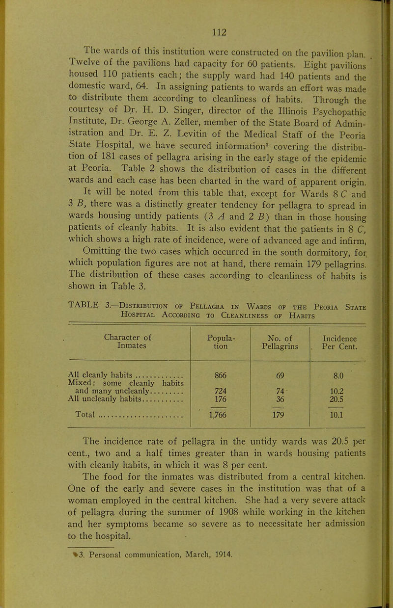 The wards of this institution were constructed on the paviHon plan. Twelve of the pavilions had capacity for 60 patients. Eight pavilions housed 110 patients each; the supply ward had 140 patients and the domestic ward, 64. In assigning patients to wards an effort was made to distribute them according to cleanliness of habits. Through the courtesy of Dr. H. D. Singer, director of the Illinois Psychopathic Institute, Dr. George A. Zeller, member of the State Board of Admin- istration and Dr. E. Z. Levitin of the Medical Staff of the Peoria State Plospital, we have secured information^ covering the distribu- tion of 181 cases of pellagra arising in the early stage of the epidemic at Peoria. Table 2 shows the distribution of cases in the different wards and each case has been charted in the ward of apparent origin. It will be noted from this table that, except for Wards 8 C and 3 B, there was a distinctly greater tendency for pellagra to spread in wards housing untidy patients (3 ^ and 2 5) than in those housing patients of cleanly habits. It is also evident that the patients in 8 C, which shows a high rate of incidence, were of advanced age and infirm, Omitting the two cases which occurred in the south dormitory, for, which population figures are not at hand, there remain 179 pellagrins. The distribution of these cases according to cleanHness of habits is shown in Table 3. TABLE 3.—Distribution of Pellagra in Wards of the Peoria State Hospital According to Cleanliness of Habits Character of Popula- No. of Incidence Inmates tion Pellagrins . Per Cent. 866 69 8.0 Mixed: some cleanly habits 724 74 10.2 176 36 20.5 Total 1,766 179 10.1 The incidence rate of pellagra in the untidy wards was 20.5 per cent., two and a half times greater than in wards housing patients with cleanly habits, in which it was 8 per cent. The food for the inmates was distributed from a central kitchen. One of the early and severe cases in the institution was that of a woman employed in the central kitchen. She had a very severe attack of pellagra during the summer of 1908 while working in the kitchen and her symptoms became so severe as to necessitate her admission to the hospital. %3. Personal communication, March, 1914.