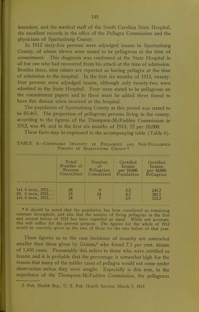 intendent, and the medical staff of the South Carolina State Hospital, the excellent records in the office of the Pellagra Commission and the physicians of Spartanburg County. . In 1912 sixty-five persons were adjudged insane in Spartanburg County, of whom eleven were stated to be pellagrous at the time of commitment. This diagnosis was confirmed at the State Hospital in all but one who had recovered from his attack at the time of admission. Besides these, nine others are reported as having pellagra at the time of admission to the hospital. In the first six months of 1913, twenty- four persons were adjudged insane, although only twenty-two were admitted to the State Hospital. Four were stated to be pellagrous on the commitment papers and to these must be added three found to have this disease when received at the hospital. The population of Spartanburg County at this period was stated to be 83,465. The proportion of pellagrous persons living in the county, according to the figures of the Thompson-McFadden Commission in 1912, was 44, and in the first six months of 1913, 55 per 10,000. These facts may be expressed in the accompanying table (Table 6). TABLE 6.—Certifiable Insanity in Pellagrous and Non-Pellagrous Persons in Spartanburg County * Total ■ Number of Persons Committed Number of Pellagrins Committed Certified Insane per 10,000 Population Certified Insane per 10,000 Pellagrins 1st. 6 mos., 1912... 28 9 3.3 245.2 2d. 6 mos., 1912... 35 14 4.2 381.5 1st. 6 mos., 1913... 24 7 2.9 152.2 * It should be noted that the population has been considered as remaining constant throughout, and also that the number of living pellagrins in the first and second halves.of 1912 has been regarded as equal. While not accurate, this will suffice for the present purpose. The figures for the whole of 1912 would be correctly given as the sum of those for the two halves of that year. These figures as to the case incidence of insanity are somewhat smaller than those given by Grimm,^ who found 7.5 per cent, insane of 1,436 cases. Presumably this refers to those who were certified as insane, and it is probable that the percentage is somewhat high for the reason that many of the milder cases of pellagra would not come under observation unless they were sought. Especially is this true, in the experience of the Thompson-McFadden Commission, for pellagrous 2. Pub. Health Rep., U. S. Pub. Health Service, March 7, 1913.