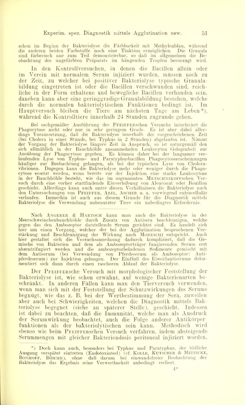 schon im Beginn der Bakteriolyse die Färbbarkeit mit ^Methylenblau, während die anderen beidea Farbstoffe nocb eine Tinktiou ermöglichen. Die Granula sind färberisch nur zum TeU demonstrierbar, so daß im allgemeinen die Be- obachtung des ungefärbten Präparats im hängenden Tropfen bevorzugt wird. In den Kontrollversuchen, in denen die Bacillen allein oder im Verein mit normalem Serum injiziert wurden, müssen noch zu der Zeit, zu welcher bei positiver Bakteriolyse typische Granula- bildung eingetreten ist oder die Bacillen verschwunden sind, reich- liche in der Form erhaltene und bewegliche Bacillen vorhanden sein, daneben kann aber eine geringgradige Granulabildung bestehen, welche durch die normalen bakteriolytischen Funktionen bedingt ist. Im Hauptversuch bleiben die Tiere am nächsten Tage am Leben*), während die Kontrolltiere innerhalb 24 Stunden zugrunde gehen. Bei sachgemäßer Ausführung des PpEiFFERschen Versuchs interferiert die Phagocytose nicht oder nur in sehr geringem Grade. Es ist aber dabei aller- dings Voraussetzung, daß die Bakteriolyse innerhalb der vorgeschriebenen Zeit (bei Cholera in einer Stunde, bei Typhus in 2 Stunden) abgelaufen ist. Nimmt der Vorgang der Bakteriolyse längere Zeit in Anspruch, so ist naturgemäß den sich allmählich in der Bauchhöhle ansammelndeu Leukocyten Gelegenheit zur Ausübung der Phagocytose gegeben. Es können daher bei der langsamer ver- laufenden Lyse von Typhus- und Paratyphusbacillen Phagocytoseerscheinungen häufiger zur Beobachtung gelangen, als bei der typischen Lyse von Cholera- vibrionen. Dagegen kann die Bakteriolyse mehr oder weniger durch die Phago- cytose ersetzt werden, wenn bereits vor der Injektion eine starke Leukocytose in der Bauchhöhle besteht, wie das im sogenannten METSCHNiKOFFschen Ver- such durch eine vorher stattfindende Einverleibung von Aleuronat oder Bouillon geschieht. Allerdings kann auch unter diesen Verhältnissen die Bakteriolyse nach den Untersuchungen von Pfeiffer, Abel, Ascher u. a. vorwiegend extracellulär verlaufen. Immerhin ist auch aus diesem Grunde für die Diagnostik mittels Bakteriolyse die Verwendung unbenutzter Tiere ein unbedingtes Erfordernis. Nach Angerer & Hartoch kann man auch die Bakteriolyse in der Meerschweinchenbauchhöhle durch Zusatz von Antisera beschleunigen, welche gegen das den Ambozeptor darstellende Serum gerichtet sind. Es handelt sich hier um einen Vorgang, weicher der bei der Agglutination besprochenen Ver- stärkung und Beschleunigung der Wirkung nach Moreschi entspricht. Auch hier gestaltet sich die Versuchsanordnung dadurch kompliziert, daß die Ge- mische von Bakterien und dem als Ambozeptorträger fungierenden Serum erst abzentrifugiert werden und die ambozeptorbeladenen Sedimente gemischt mit dem Antiserum (bei Verwendung von Pferdeserum als Ambozeptor: Anti- pferdeserum) zur Injektion gelangen. Der Einfluß des Eiweißantiserums doku- mentiert sich dann durch einen rascheren Ablauf der Bakteriolyse. Der PpEiFFERSche Versuch mit morphologischer Feststellung der Bakteriolyse ist, wie schon erwähnt, auf wenige Bakterienarten be- schränkt. In anderen Fällen kann man den Tierversuch verwenden, wenn man sich mit der Feststellung der Schutzwirkungen des Serums begnügt, wie das z. B. bei der Wertbestimmung der Sera, zuweilen aber auch bei Schwierigkeiten, welchen die Diagnostik mittels Bak- teriolyse begegnet (siehe an späterer Stelle), geschieht. Indessen ist dabei zu beachten, daß die Immunität, welche man als Atisdruck der Serumwirkung beobachtet, auch die Folge anderer Antikörper funktionen als der bakteriolytischen sein kann. Methodisch wird ebenso wie beim PFEiFFERschen Versuch verfahren, indem absteigende Serummengen mit gleicher Bakteriendosis peritoneal injiziert worden. *) Doch kann auch, besonders bei Typhus und Paratyphus, der tödliche Ausgang verspätet eintreten (Endotoxiutod) (cf. Kolle, Kutscher & Meinicke, BoNHOFF, BÖHME), ohne daß darum bei einwandsfreier Beobachtung der Bakteriolyse das Ergebnis seine Verwertbarkeit unbedingt verliert. 4*