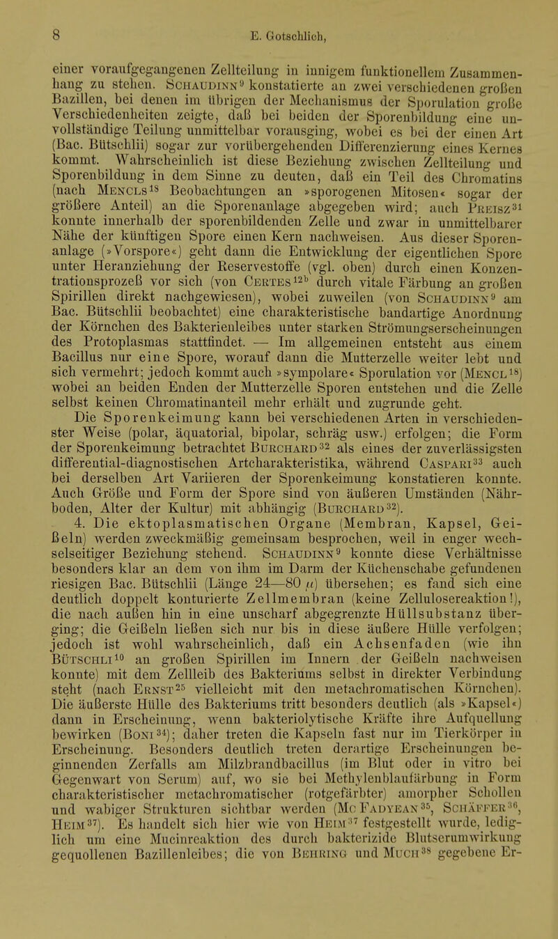 einer voraufgegangenen Zellteilung in innigem funktionellem Zusammen- hang zu stehen. Sciiaudinn konstatierte an zwei verschiedenen großen Bazillen, bei denen im übrigen der Mechanismus der Sporulation große Verschiedenheiten zeigte, daß bei beiden der Sporenbildung eine un- vollständige Teilung unmittelbar vorausging, wobei es bei der einen Art (Bac. Bütschlii) sogar zur vorübergehenden Differenzierung eines Kernes kommt. Wahrscheinlich ist diese Beziehung zwischen Zellteilung und Sporenbildung in dem Sinne zu deuten, daß ein Teil des Chromatins (nach Mencls18 Beobachtungen an »sporogenen Mitosen« sogar der größere Anteil) an die Sporenanlage abgegeben wird; auch Preibz31 konnte innerhalb der sporenbildenden Zelle und zwar in unmittelbarer Nähe der künftigen Spore einen Kern nachweisen. Aus dieser Sporen- anlage (»Vorspore«) geht dann die Entwicklung der eigentlichen Spore unter Heranziehung der Reservestoffe (vgl. oben) durch einen Konzen- trationsprozeß vor sich (von Certes121* durch vitale Färbung an großen Spirillen direkt nachgewiesen), wobei zuweilen (von Schaudinn8 am Bac. Bütschlii beobachtet) eine charakteristische bandartige Anordnung der Körnchen des Bakterienleibes unter starken Strömungserscheinungen des Protoplasmas stattfindet. — Im allgemeinen entsteht aus einem Bacillus nur eine Spore, worauf dann die Mutterzelle weiter lebt und sich vermehrt; jedoch kommt auch »sympolare« Sporulation vor (Mencl18) wobei an beiden Enden der Mutterzelle Sporen entstehen und die Zelle selbst keinen Chromatinanteil mehr erhält und zugrunde geht. Die Sporenkeimung kann bei verschiedenen Arten in verschieden- ster Weise (polar, äquatorial, bipolar, schräg usw.) erfolgen; die Form der Sporenkeimung betrachtet Burchard 32 als eines der zuverlässigsten differential-diagnostischen Artcharakteristika, während Caspaei33 auch bei derselben Art Variieren der Sporenkeimung konstatieren konnte. Auch Größe und Form der Spore sind von äußeren Umständen (Nähr- boden, Alter der Kultur) mit abhängig (Bükchard32). 4. Die ektoplasmatischen Organe (Membran, Kapsel, Gei- ßeln) werden zweckmäßig gemeinsam besprochen, weil in enger wech- selseitiger Beziehung stehend. Schaudinn9 konnte diese Verhältnisse besonders klar an dem von ihm im Darm der Küchenschabe gefundenen riesigen Bac. Bütschlii (Länge 24—80 /.«) übersehen; es fand sich eine deutlich doppelt konturierte Zellmembran (keine Zellulosereaktion!), die nach außen hin in eine unscharf abgegrenzte Hüllsubstanz über- ging; die Geißeln ließen sich nur bis in diese äußere Hülle verfolgen; jedoch ist wohl wahrscheinlich, daß ein Achsenfaden (wie ihn Bütschli10 an großen Spirillen im Innern der Geißeln nachweisen konnte) mit dem Zellleib des Bakteriums selbst in direkter Verbindung steht (nach Ernst25 vielleicht mit den metachromatischen Körnchen). Die äußerste Hülle des Bakteriums tritt besonders deutlich (als »Kapsel«) dann in Erscheinung, wenn bakteriolytische Kräfte ihre Aufquellunu- bewirken (Boni34); daher treten die Kapseln fast nur im Tierkörper in Erscheinung. Besonders deutlich treten derartige Erscheinungen be- ginnenden Zerfalls am Milzbrandbacillus (im Blut oder in vitro bei Gegenwart von Serum) auf, wo sie bei Methylenblaufärbung in Form charakteristischer metachromatischer (rotgefärbter) amorpher Schollen und wabiger Strukturen sichtbar werden (Mc Faüyean35, Schäi-ter3«5, IIi;im37). Es handelt sich hier wie von Heim festgestellt wurde^ledig- lich um eine Mucinreaktion des durch bakterizide Blutserumwirkinm gequollenen Bazillenleibes; die von Behring und Much38 gegebene Er-