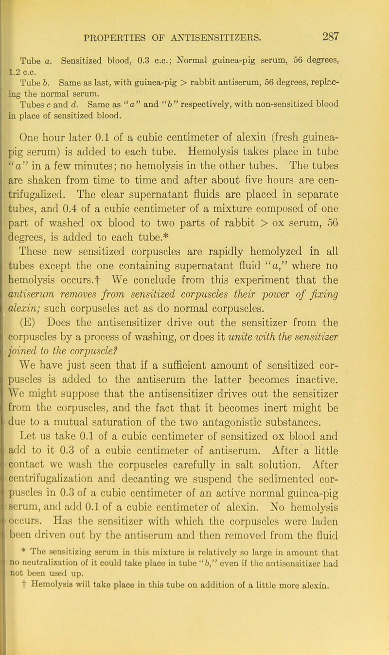 Tube a. Sensitized blood, 0.3 c.c; Normal guinea-pig serum, 56 degrees, 1.2 c.c. Tube b. Same as last, with guinea-pig > rabbit antiserum, 56 degrees, replac- ing the normal serum. Tubes c and d. Same as a and b respectively, with non-sensitized blood in place of sensitized blood. One hour later 0.1 of a cubic centimeter of alexin (fresh guinea- pig serum) is added to each tube. Hemolysis takes place in tube a in a few minutes; no hemolysis in the other tubes. The tubes are shaken from time to time and after about five hours are cen- trifugalized. The clear supernatant fluids are placed in separate tubes, and 0.4 of a cubic centimeter of a mixture composed of one part of washed ox blood to two parts of rabbit > ox serum, 56 degrees, is added to each tube.* These new sensitized corpuscles are rapidly hemolyzed in all tubes except the one containing supernatant fluid a, where no hemolysis occurs.f We conclude from this experiment that the antiserum removes from sensitized corpuscles their power of fixing alexin; such corpuscles act as do normal corpuscles. (E) Does the antisensitizer drive out the sensitizer from the corpuscles by a process of washing, or does it unite with the sensitizer joined to the corpuscle? We have just seen that if a sufficient amount of sensitized cor- puscles is added to the antiserum the latter becomes inactive. We might suppose that the antisensitizer drives out the sensitizer from the corpuscles, and the fact that it becomes inert might be due to a mutual saturation of the two antagonistic substances. Let us take 0.1 of a cubic centimeter of sensitized ox blood and add to it 0.3 of a cubic centimeter of antiserum. After a little contact we wash the corpuscles carefully in salt solution. After centrifugalization and decanting we suspend the sedimented cor- puscles in 0.3 of a cubic centimeter of an active normal guinea-pig serum, and add 0.1 of a cubic centimeter of alexin. No hemolysis occurs. Has the sensitizer with which the corpuscles were laden been driven out by the antiserum and then removed from the fluid * The sensitizing serum in this mixture is relatively so large in amount that no neutralization of it could take place in tube b, even if the antisensitizer had not been used up. t Hemolysis will take place in this tube on addition of a little more alexin.