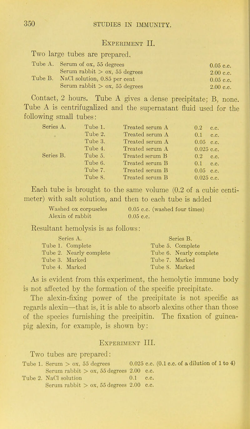 Tube 1. Treated serum A 0.2 c.c. Tube 2. Treated serum A 0.1 c.c. Tube 3. Treated serum A 0.05 c.c. Tube 4. Treated serum A 0.025 c.c. Tube 5. Treated serum B 0.2 c.c. Tube 6. Treated serum B 0.1 c.c. Tube 7. Treated serum B 0.05 c.c. Tube 8. Treated serum B 0.025 c.c. Experiment II. Two large tubes are prepared. Tube A. Serum of ox, 55 degrees 0.05 c.c. Serum rabbit > ox, 55 degrees 2.00 c.c. Tube B. NaCl solution, 0.85 per cent 0.05 c.c. Serum rabbit > ox, 55 degrees 2.00 c.c. Contact, 2 hours. Tube A gives a dense precipitate; B, none. Tube A is centrifugalized and the supernatant fluid used for the following small tubes: Series A. Series B. Each tube is brought to the same volume (0.2 of a cubic centi- meter) with salt solution, and then to each tube is added Washed ox corpuscles 0.05 c.c. (washed four times) Alexin of rabbit 0.05 c.c. Resultant hemolysis is as follows: Series A. Series B. Tube 1. Complete Tube 5. Complete Tube 2. Nearly complete Tube 6. Nearly complete Tube 3. Marked Tube 7. Marked Tube 4. Marked Tube S. Marked As is evident from this experiment, the hemolytic immune body is not affected by the formation of the specific precipitate. The alexin-fixing power of the precipitate is not specific as regards alexin—that is, it is able to absorb alexins other than those of the species furnishing the precipitin. The fixation of guinea- pig alexin, for example, is shown by: Experiment III. Two tubes are prepared: Tube 1. Serum > ox, 55 degrees 0.025 c.c. (0.1 c.c. of a dilution of 1 to 4) Serum rabbit > ox, 55 degrees 2.00 c.c. Tube 2. NaCl solution 0.1 c.c. Serum rabbit > ox, 55 degrees 2.00 c.c.