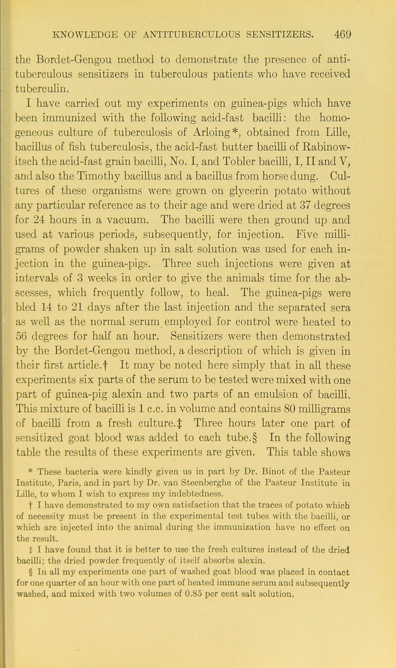 the Bordet-Gengou method to demonstrate the presence of anti- tuberculous sensitizers in tuberculous patients who have received tuberculin. I have carried out my experiments on guinea-pigs which have been immunized with the following acid-fast bacilli: the homo- geneous culture of tuberculosis of Arloing*, obtained from Lille, bacillus of fish tuberculosis, the acid-fast butter bacilli of Rabinow- itsch the acid-fast grain bacilli, No. I, and Tobler bacilli, I, II and V, and also the Timothy bacillus and a bacillus from horse dung. Cul- tures of these organisms were grown on glycerin potato without any particular reference as to their age and were dried at 37 degrees for 24 hours in a vacuum. The bacilli were then ground up and used at various periods, subsequently, for injection. Five milli- grams of powder shaken up in salt solution was used for each in- jection in the guinea-pigs. Three such injections were given at intervals of 3 weeks in order to give the animals time for the ab- scesses, which frequently follow, to heal. The guinea-pigs were bled 14 to 21 days after the last injection and the separated sera as well as the normal serum employed for control were heated to 56 degrees for half an hour. Sensitizers were then demonstrated by the Bordet-Gengou method, a description of which is given in their first article, f It may be noted here simply that in all these experiments six parts of the serum to be tested were mixed with one part of guinea-pig alexin and two parts of an emulsion of bacilli> This mixture of bacilli is 1 c.c. in volume and contains 80 milligrams of bacilli from a fresh culture.! Three hours later one part of sensitized goat blood was added to each tube.§ In the following table the results of these experiments are given. This table shows * These bacteria were kindly given us in part by Dr. Binot of the Pasteur Institute, Paris, and in part by Dr. van Steenberghe of the Pasteur Institute in Lille, to whom I wish to express my indebtedness. f I have demonstrated to my own satisfaction that the traces of potato which of necessity must be present in the experimental test tubes with the bacilli, or which are injected into the animal during the immunization have no effect on the result. t I have found that it is better to use the fresh cultures instead of the dried bacilli; the dried powder frequently of itself absorbs alexin. § In all my experiments one part of washed goat blood was placed in contact for one quarter of an hour with one part of heated immune serum and subsequently washed, and mixed with two volumes of 0.85 per cent salt solution.
