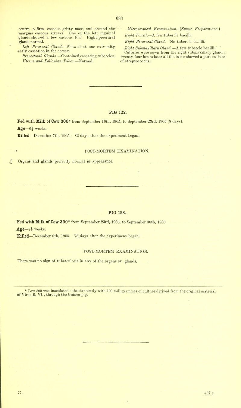 centre a firm caseous gritty mass, and around the margins caseous streaks. One of the left inguinal glands showed a few caseous foci. Right precrural gland normal. Left Precrural Gland.—Showed at one extremity early caseation in the cortex. Prepectoral Glands. —Contained caseating tubercle;. Uterus and Fallopian Tubes.—Normal. Microscopical Examination. {Smear Preparations.) Rigid Tonsil.—A few tubercle bacilli. Right Precrural Gland.—No tubercle bacilli. Right Submaxillary Gland.—A few tubercle bacilli. Cultures were sown from the right submaxillary gland ; twenty-four hours later all the tubes showed a pure culture of streptococcus. PIG 122. Ted with Milk of Cow 300* from September 16th, 1905, to September 23rd, 1905 (8 days). Age—6i weeks. Silled—December 7th, 1905. 82 days after the experiment began. t POST-MORTEM EXAMINATION. Organs and glands perfectly normal in appearance. PIG 128. Ted with Milk of Cow 300* from September 23rd, 1905, to September 30th, 1905. Age—7| weeks. Killed—December 8th, 1905. 75 days after the experiment began. POST-MORTEM EXAMINATION. There was no sign of tuberculosis in any of the organs or glands. * Cow 300 was inoculated subcutaneously with 100 milligrammes of culture derived from the original material of Vims B. VI., through the Guinea-pig.