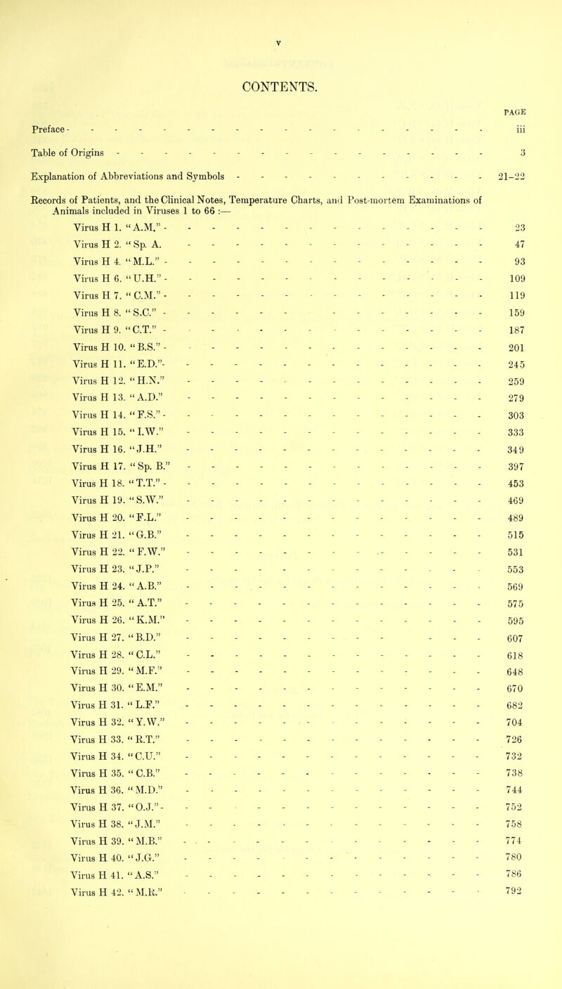 CONTENTS. PAGE Preface . iii Table of Origins ---------- 3 Explanation of Abbreviations and Symbols ----------- 21-22 Records of Patients, and the Clinical Notes, Temperature Charts, and Post-mortem Examinations of Animals included in Viruses 1 to 66 :— Virus H 1. A.M. - 23 Virus H 2.  Sp. A. 47 Virus H 4. M.L. - 93 Virus H 6. U.H. - 109 Virus H 7.  CM. - . . 119 Virus H 8.  S.C. 159 Virus H 9. C.T. - . . - - 137 Virus H 10. B.S. - - . . . 201 Virus H 11. E.D. 245 Virus H 12. H.N. - - 259 Virus H 13. A.D. ------------- 279 Virus H 14. F.S. - - - . . 303 Virus H 15. I.W. - ------- 333 Virus H 16. J.H. ------- 349 Virus H 17.  Sp. B. 397 Virus H 18. T.T. ------- 453 Virus H 19. S.W. - - - 459 Virus H 20. F.L. - ------- 4^9 Virus H 21. G.B. 515 Virus H 22.  F.W. 531 Virus H 23. J.P. 553 Virus H 24.  A.B. - - 569 Virus H 25.  A.T. 575 Virus H 26. K.M. - ------- 595 Virus H 27.  B.D. - - . - . . go? Virus H 28.  C.L. ------ 618 Virus H 29.  M.F. 648 Virus H 30. KM. 670 Virus H 31.  L.F. - - - 682 Virus H 32. Y.W. - . - . . 704 Virus H 33.  R.T. - - 726 Virus H 34.  C.U. ------ 732 Virus H 35.  C.B. 738 Virus H 36.  M.D. 744 Virus H 37.  O.J. - 752 Virus H 38. J.M. 758 Virus H 39.  M.B. 774 Virus H 40.  J.G. 780 Virus H 41. A.S. - . - - - - . 786 Virus H 42.  M.R. 792