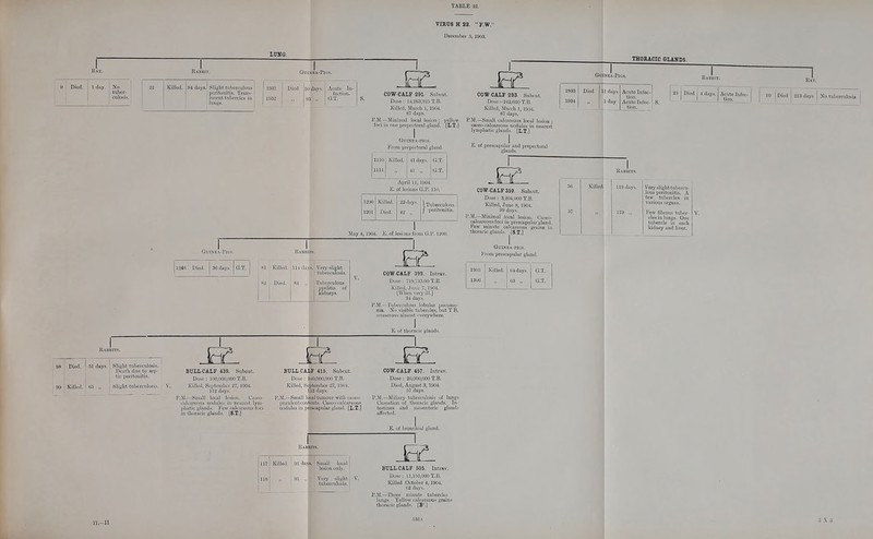 VrRUS H 22. F.W. December 5, 1903. 1 day. I No j tubor- Killed. 04 days.! Slight tubeiciilo Hcntyiiitis. Trai I ■ lucent tubcrcica I 11111^8. DM lU days. Acute In- feutioii. !) ,, U.T. COW CAIF 291. Suhout. Dose ; 1-1,263,325 T.B. Killed, lliu-eh 1, 1904. 87 clays. P.M.—Mhiiiiidl local lesion ; yellt foci ii preiioctoml glaiity. [L.T.] I Ou NKA-PIG.S. i''roiii preiicctoral ylmid. 11101 ICillcd. 41 day.*;. G.T. nil „ 41 „ U.T. April U, 1904. E. of la uions G.P, llu. 1200 Killed. 23 diiy.s. [.Tuberculous 1201 Died. 22 „ f peritonitis. 5lay 4,1304. E. of l COW-CAIF 293. Subcut. Dose=242,GC0 T.R Killed, .Mnirh 1, um. P.M.-Sliiiill lalrmuons lucai lesion caseo-calcureous ii.>dule-s in iiearesi lyinpliatic ginnds. [L.T.] E. of preacapular and piepeetoral I s from ii.l'. 1200. COW-CALF 359. Subuut. Dose: 3,204,000 T.B. Killed, June 8, 1904. 99 days. r.M.—Minimal local lesion. Caaeu- cal&ueona foci in piescapuiar ■jiaud. Few minute calcareous grains in thoracic gland.s. [S.T..] THORACIC GLANDS. 1933 Died 1 Acute Infec- tion. 1934 Acute Infec- 23 Died 4 days. Acuta Infec- I _ ' I I tion. 10 Diod SISdays So tubotculoau 5(i Killed UU days. 119 „ Very slight tubercu- lous peritoniti;-. A few tubercles in Few fibrous tuber- cles in lungs. One tubercle m each 1246 Died. | 36 days. G.T. 1 M Kill.a. ill s. Very slight tuberculosis. H2 1 Died. Tuberculous 1 nyelitia of Kidneys. COW-CALF 399. Intrav. Dose: 7I0,::):3.0()T.B. Killed, Jmie 7, 1!)04. tWhen ^■el■y ill.] ;M dayK. I'.M.- Tulieiculous lobular rmeiinio- nia, Ni> visible tubercles, but T.B. numerous almost I'verywhere. K. ut thoracic glands. GUINKA-PIGS. l-'rom prescapular gland. Died. 51 daya.! Slight tviberculosis. ' Dealh due to sep- 1 i tic pei'itoniti.s. ' OU Killed. (iii „ j Slight tuberculosis. BULL-CALF 439. Subout. Dose : 100,000,000 T.B. -Small loual Iwiun. ailcarciIlls iiudulo in neiire-st lyni- pliatic glands. Few ualctii'cous I'uci in thoracic glands. [S.T.] BULL-CALF 415. Subeut. Dt).se : 100,000,000 T.B. Killed, September 27, 1!KI4. 112 days. P.M.—Small local tumour with ca^eu- purulent contents. Caseo-caleiLreous ' ' ■ apular gland. [L.T.] nodule! COW-CALP 457. Intrav. Dose : 20,000,000 T.B. Died, August 3, 1904. 57 days. P.M.—Miliai'y tuberculosis of lungs Casiifvtion of tlionicic glands. In- testines and in&senteric gland.'^ affected. 117 Killed. ' Ul day •8.! Small loiMd 1 lesion only. 118 „ joi Very slight tuberculosis. BULL-CALF 505. Intmv. Dose ; 11,150,000 T.B. ICilied October 4, 1904. ?,M.—Tliree minute tubercle;; lungs. Yellow calctiveous grains thoracic glands. [B'.] 1305 Killed. 64 days. G.T. 1306 63 „ G.T. 77.-U