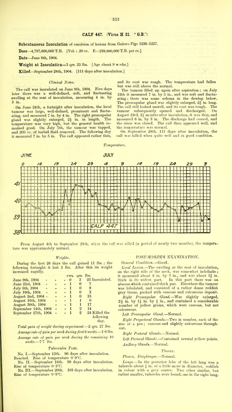 CALF 447. (Virus H 21.  G.B.) Subcutaneous Inoculation of emulsion of lesions from Guinea-Pigs 1236-1237. Dose—4,797,600,000 T.B. [Vol. : 20 cc. E =239,880,000 T.B. per cc] Date—June 9th, 1904. Weight at Inoculaticn—3 qrs. 25 lbs. [Age about 9 W3eks.] Killed—September 28tli, 1904. [Ill days after inoculation.] Clinical Notes. The calf was inocuiated on June 9th, 1904. Five days later there was a well-defined, soft, and fluctuating swelling at the seat of inoculation, measuring 4 in. by 3 in. On June 24th, a fortnight after inoculation, the local tumour was large, well-defined, prominent and fluctu- ating, and measured 7 in. by 4 in. The right prescapular gland was slightly enlarged, 2| in. in length. The temperature was very high, but the general health re- mained good. On July 7th, the tumour was tapped, and 200 cc. of turbid fluid removed. The following day it measured 7 in. by 5 in. The calf appeared rather thin. and its coat was rough. The temperature had fallen but was still above the normal. The tumour filled up again after aspiration ; on July 13th it measured 7 in. by 5 in., and was soft and fluctu- ating ; there was some oedema in the dewlap below. The prescapular gland was slightly enlarged, 2J in. long. The calf still looked unwell, and its coat was rough. The tumour subsequently opened and discharged. On August 23rd, 2^ month? after inoculation, it was thin, and measured 6 in. by 3 in. The discharge had ceased, and the sinus was closed. The calf then appeared well, and the temperatura was normal. On September 28th, 111 days after inoculation, the calf was killed when quite well and in good condition. JUNE 9 /4- /9 29 Temperature. JULY ^ 9 /9 Z9 41 59 38 CALF ^47 n 111111 From August 4th to September 28fch, whon the calf was Killed (a period of nearly two months), the tempera- ture was approximately normal. W eights. During the first 26 days the calf gained 11 lbs. ; the following fortnight it lost 5 increased rapidly. lbs. After this its weight June 9th, 1904 June 21st, 1904 - July 5th, 1904 July 19th, 1904 - August 2nd, 1904 - August 16th, 1904 August 30th, 1904 September 14th, 1904 September 27th, 1904 cwi. qrs. lbs. 0 '3 25 Inoculated. 0 7 0 8 0 3 0 15 1 0 1 17 2 14 2 24 Killed the following day. Total gain of weight during experiment.—2 qrs. 27 lbs. Average rate of gain per week during first 6 weeks.—I'O lbs. Average rate of gain per week during the remaining 10 weeks.—7'7 lbs. Tuberculin Tests. No. I.—September 13th. 96 days after inoculation. Keacted. Rise of temperature 09°C. No. II.—September 16th. 99 days after inoculation. Rise of temperature 03°C. No. III.—September 20th. 103 days after inoculation. Rise of temperature 0'9°C. POST-MORTEM EXAMINATION. General Condition.—Good. Local Lesion.—-The swelling at the seat of inoculation^ on the right side of the neck, was somewhat indefinite ; it measured about 8 in. by in., and was about IJ in. thick in its wid?st part. In this part there was an. abscess which contained thick pus. Elsewhere the tumour was lobulated, and consisted of a rather dense reddish grey tissue, packed with caseous and calcareous deposit. Right Prescapular Gland.—Was slightly enlarged, 2J in. by \\ in. by | in., and contained a considerable number of yellow grains, which were caseous, but not calcareous. Left Prescapular Gland.—Normal. Right Prepectoral Glands.—Two in number, each of the size of a pea ; caseous and slightly calcareous through- out. Right Pectoral Glands.—Normal. Left Pectoral Glands.—Contained several yellow pointe. Axillary Glands.—Normal. Thorax. Pleura, Diaphragm.—Normal. Lungs.—In the 23osterior lobe of the left lung was a tubercle about J in. or a little more in diameter, reddish in colour with a grey centre. Two other similar, but rather smaller, tubercles were found, one in the right lung.