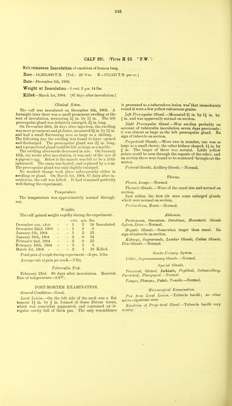 535 CALF 291. (Virus H 22. F.W.) Suboutaneous Inoculation of emulsion of human lung. Dose—14,263,000 T.B. [Vol.: 25-0 cc. E = 570,533 T.B. per cc] Date—December 5th, 1903. Weight at Inoculation—1 cwt. 2 qrs. 14 lbs. Killed—March 1st, 1904. [87 days after inoculation.] Clinical Notes. The calf was inoculated on December 5th, 1903. A fortnight later there was a small prominent swelling at the seat of inoculation, measuring 2^ in. by If in. The left prescapular gland was definitely enlarged, 2| in. long. On December 29th, 24 days after injection, the swelling was more prominent and globular, measured 3| in. by 2|- in. and had a small fluctuating area as large as a shilling. The following day the swelling was found to have opened and discharged. The prescapular gland was 2J in. long, and a prepectoral gland could be felt as large as a marble. The swelling afterwards decreased in size. On January 15th, six weeks after inoculation, it was only of the size of a pigeon's egg. Below it the muscle was felt to be a little indurated. The sinus was healed, and replaced by a scar. The prescapular gland was only slightly enlarged. No marked change took place subsequently either in swelhng or gland. On March 1st, 1904, 87 days after in- oculation, the calf was killed. It had remained perfectly well during the experiment. Temperature. The temperature was approximately normal through- out. Weights. The calf gained weight rapidly during the experiment. cwt. qrs. lbs. December otu, i9o3 - 1 2 14 Inoculated. December 22nd, 1903 - - 1 3 0 January 5th, 1904 - 1 3 23 January 19th, 1904 - 2 0 14 February 2nd, 1904 - 2 0 23 February 16th, 1904 - - 2 1 5 March 1st, 1904 - - 2 1 19 Killed. Total gain of weight during experiment.— -3 qrs. 5 lbs. Average rate of gain per week.—7 lbs. t TuherciUin Test. February 23rd. 80 days after inoculation. Reacted. Bise of temperature—1*8°C. POST-MORTEM EXAMINATION. General Condition—Good. Local Lesion.—On the left side of the neck was a flat tumour 1| in. by f in. formed of dense fibrous tissue, ■which was somewhat pigmented, and contained an ir- regular cavity full of thick pus. The only resemblance it presented to a tuberculous lesion was'that immediately round it were a few yellow calcareous grains. Left Prescapular Oland.—•Measured 23 in. by IJ in. by I in. and was apparently normal on section. Itight Prescapular Gland.—Was swollen probably on account of tuberculin inoculation seven days previously; it was almost as large as the left prescapular gland. No sign of tubercle on section. Prepectoral Glands.—Were two in number, one was as large as a small cherry, the other kidney-shaped, 1J in. by I in. The larger of these was normal. Little yellow points oculd be seen through the capsule of the other, and on section these were found to be scattered ^'throughout the cortex. Pectoral Glands, Axillary Glands.—Normal. Thorax. Pleura, Lungs.—Normal. Thoracic Glands.—Were of the usual size and normal on section. Just within the first rib were some enlarged glands which were normal on section. Pericardium, Heart.—Normal. Abdomen, Peritoneum, Omentum,, Intestines, Mesenteric Glands Spleen, Liver.—Normal. Hepatic Glands.—Somewhat larger than usual. No sign of tubercle on section. Kidneys, Suprarenals, Lumbar Glands, Coeliac Glands, Iliac Glands.—Normal. Genito-Vrinary System. Udder, Supramamrrmry Glands.—Normal, Special Glands. Precrural, Gluteal, Ischiatic, Popliteal, Submaxillary, Parotideal, Pharyngeal.—Normal. Tongue, Pharynx, Palate, Tonsils.—NoimaA, Microscopical Examination. Pus from Local Lesion.—Tubercle bacilli; no other micro-organisms seen. Emulsion of Prepctoral (?Zaw<^.—Tubercle bacilli very scanty.