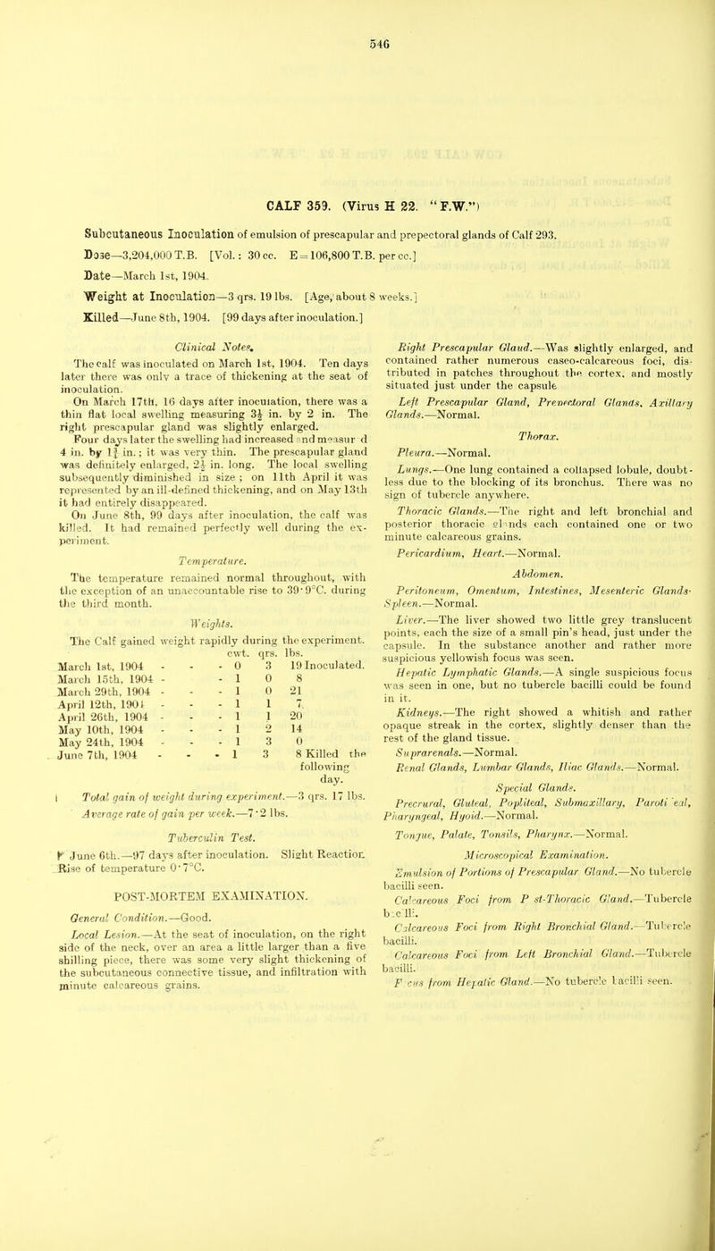 CALF 359. (Virus H 22. F.W.) Subcutaneous Inoculation of emulsion of prescapular and prepectoral glands of Calf 293. Dose—3,204,000 T.B. [Vol.: 30cc. E = 106,800 T.B. per cc] Date—March 1st, 1904, Weight at Inoculation—3 qrs. 19 lbs. [Age, about 8 weeks.] Killed—June 8th, 1904. [99 days after inoculation.] Clinical Notes. The calf was inoculated on March 1st, 1904. Ten days later there was only a trace of thickening at the seat of inoculation. On March 17th, 16 days after inoculation, there was a thin flat local swelling measuring 3^ in. by 2 in. The right preacapular gland was slightly enlarged. Four days later the swelling had increased md measur d 4 in. by IJ in.; it was very thin. The prescapular gland was definitely enlarged, 2J in. long. The local swelling subsequently diminished in size; on 11th April it was represented by an ill-defined thickening, and on May 13th it had entirely disappeared. On June 8th, 99 days after inoculation, the calf was killed. It had remained perfectly well during the ex- periment. Temperature. The temperature remained normal throughout, with the exception of an unaccountable rise to 39'9°C. during the third month. Weights. The Calf gained weight rapidly during the experiment. cwt. qrs. lbs. March 1st. 1904 - - 0 3 19 March 15th, 1904 - - 1 0 8 March 29th, 1904 - - 1 0 21 April 12th, 1901 - - 1 1 7. April 26th, 1904 - - 1 1 20 May 10th, 1904 - - 1 2 14 May 24th, 1904 - - 1 3 0 June 7th. 1904 . 1 3 8 following day. I Total, gain of weight during experiment.—3 qrs. 17 lbs. Average rate of gain per week.—7' 2 lbs. Tuberculin Test. ^ June Cth.—97 days after inoculation. Sliaht Reaction _Rise of temperature 07°C. POST-MORTEM EXAMINATION. General Condition.—Good. Local Lesion.—At the seat of inoculation, on the right side of the neck, over an area a little larger than a five shilling piece, there was some very slight thickening of the subcutaneous connective tissue, and infiltration with minute calcareous grains. Right Prescapular Gland.—Was slightly enlarged, and contained rather numerous caseo-calcareous foci, dis- tributed in patches throughout the cortex, and mostly situated just under the capsule Left Prescapular Gland, Pre.vectoral Glands. Axillary Glands.—Normal. Thorax. Pleura.—Normal. Lungs.—One lung contained a collapsed lobule, doubt- less due to the blocking of its bronchus. There was no sign of tubercle anywhere. Thoracic Glands.—The right and left bronchial and posterior thoracic elinds each contained one or two minute calcareous grains. Pericardium, Heart.—Normal. Abdomen. Peritoneum, Omentum, Intestines, Mesenteric Glands- Spleen.—Normal. Liver.—The liver showed two little grey translucent points, each the size of a small pin's head, just under the capsule. In the substance another and rather more suspicious yellowish focus was seen. Hepatic Lymphatic Glands.—A single suspicious focus was seen in one, but no tubercle bacilli could be found in it. Kidneys.—The right showed a whitish and rather opaque streak in the cortex, slightly denser than the rest of the gland tissue. Su prarenals. —Normal. Renal Glands, Lumbar Glands, Iliac Glands.—Normal. Special Glands. Precrural, Gluteal, Popliteal, Submaxillary, Paroti ecd. Pharyngeal, Hyoid.—Normal. Tongue, Palate, Tonsils, Pharynx.—Normal. Microscopical Examination. Emulsion of Portions of Prescapular Gland.—No tubercle bacilli seen. Calcareous Foci from P si-Thoracic Gland.—Tubercle b:.clli. Calcareous Foci from Right Bronchial Gland.—Tul t rcle bacilli. Calcareous Foci from Left Bronchial Gland.—Tubercle bacilli. F cus from Hepatic Gland.—No tubercle lacil'i seen.