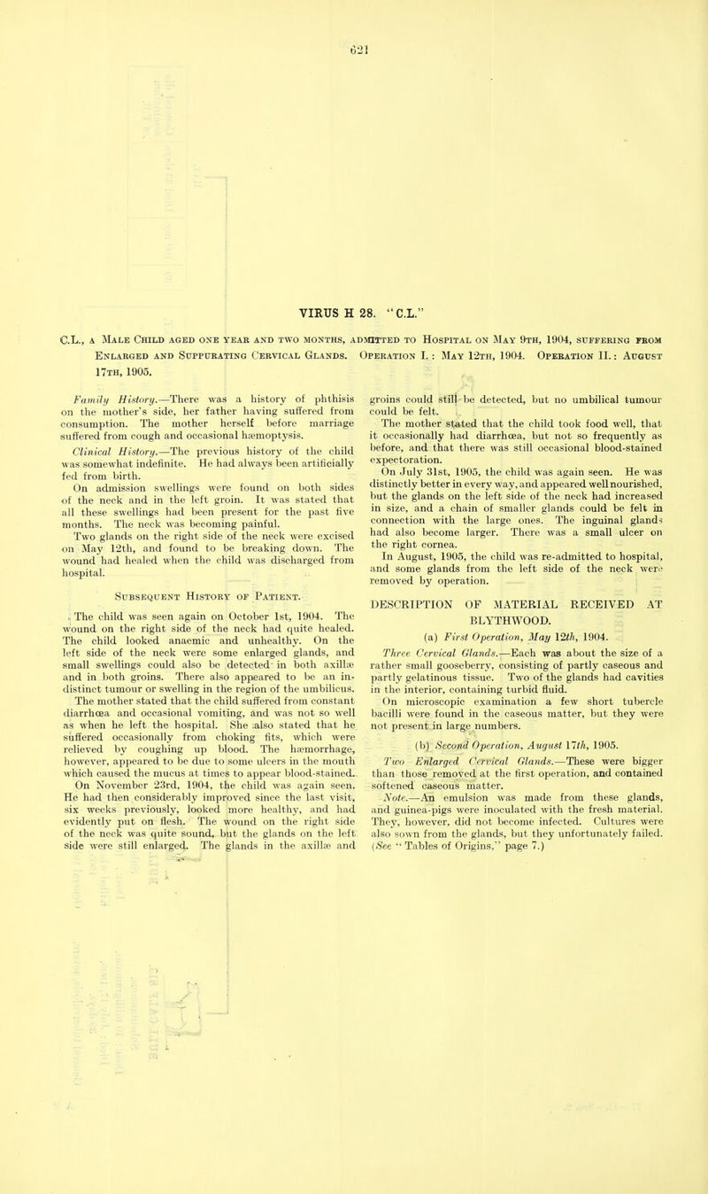 C.L., a Male Child aged one yeak and two months, admitted to Hospital on May 9th, 1904, suffering from Enlarged and Suppurating Cervical Glands. Operation I. : May 12th, 1904. Operation II.: August 17th, 1905. Family History.—There was a history of phthisis on the mother's side, her father having suffered from consumption. The mother herself before marriage suffered from cough and occasional haemoptysis. Clinical History.—The previous history of the child was somewhat indefinite. He had always been artificially fed from birth. On admission swellings were found on both sides of the neck and in the left groin. It was stated that all these swellings had been present for the past five months. The neck was becoming painful. Two glands on the right side of the neck were excised on May 12th, and found to be breaking down. The wound had healed when the child was discharged from hospital. Subsequent History of Patient. The child was seen again on October 1st, 1904. The wound on the right side of the neck had quite healed. The child looked anaemic and unhealthy. On the left side of the neck were some enlarged glands, and small swellings could also be detected' in both axillae and in both groins. There also appeared to be an in- distinct tumour or swelling in the region of the umbilicus. The mother stated that the child suffered from constant diarrhoea and occasional vomiting, and was not so well as when he left the hospital. She ;also stated that he suffered occasionally from choking fits, which were relieved by coughing up blood. The haemorrhage, however, appeared to be due to some ulcers in the mouth which caused the mucus at times to appear blood-stained. On November 23rd, 1904, the child was again seen. He had then considerably improved since the last visit, six weeks previously, looked more healthy, and had evidently put on flesh. The wound on the right side of the neck was quite sound, but the glands on the left side were still enlarged. The glands in the axillae and groins could still be detected, but no umbilical tumour could be felt. The mother stated that the child took food well, that it occasionally had diarrhoea, but not so frequently as before, and that there was still occasional blood-stained expectoration. On July 31st, 1905, the child was again seen. He was distinctly better in every way, and appeared well nourished, but the glands on the left side of the neck had increased in size, and a chain of smaller glands could be felt in connection with the large ones. The inguinal glands had also become larger. There was a small ulcer on the right cornea. In August, 1905, the child was re-admitted to hospital, and some glands from the left side of the neck weret removed by operation. DESCRIPTION OF MATERIAL RECEIVED AT BLYTHWOOD. (a) First Operation, May 12th, 1904. Three Cervical Glands.-—Each was about the size of a rather small gooseberry, consisting of partly caseous and partly gelatinous tissue. Two of the glands had cavities in the interior, containing turbid fluid. On microscopic examination a few short tubercle bacilli were found in the caseous matter, but they were not present in large numbers. (b) Second Operation, August 17th, 1905. Two Enlarged Cervical Glands.—These were bigger than those removed at the first operation, and contained softened caseous matter. Note.—An emulsion was made from these glands, and guinea-pigs were inoculated with the fresh material. They, however, did not become infected. Cultures were also sown from the glands, but they unfortunately failed. (See  Tables of Origins, page 7.)