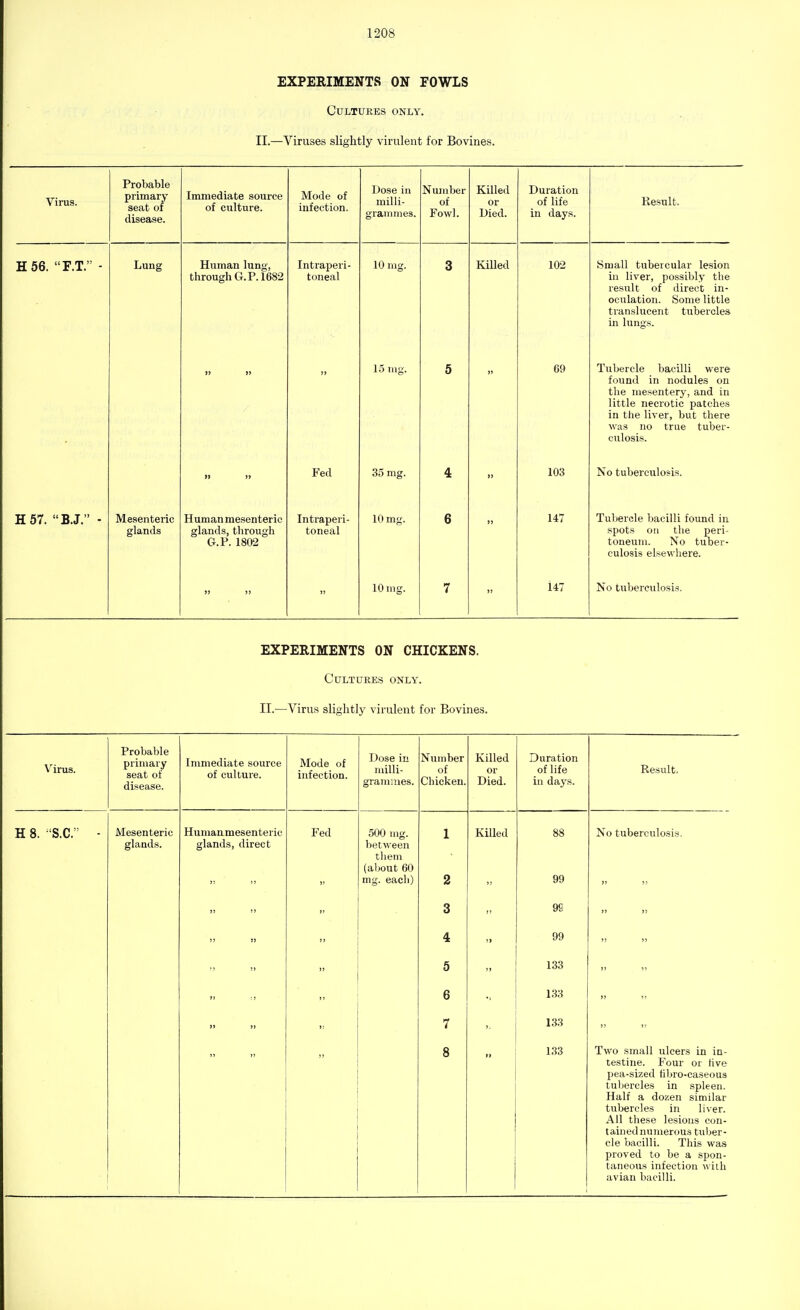 EXPERIMENTS ON FOWLS Cultures only. II.—Viruses slightly virulent for Bovines. Virus. Probable primary seat of disease. Immediate source of culture. Mode of infection. Dose in milli- grammes. Number of Fowl. Killed or Died. Duration of life in days. Result. H56. F.T. - Lung Human lung, through G. P. 1682 Intraperi- toneal 10 mg. 3 Killed 102 Small tubercular lesion in liver, possibly the result of direct in- oculation. Some little translucent tubercles in lungs. 15 mg. 5 » 69 Tubercle bacilli were found in nodules on the mesentery, and in llttlp TlPPl'ntlf* 713tf'V)At; ill I i' HCVji UUU UALl/UCo in the liver, but there was no true tuber- culosis. » » Fed 35 mg. 4 103 No tuberculosis. H57. BJ. - Mesenteric glands Human mesenteric glands, through G.P. 1802 Intraperi- toneal 10 mg. 6 »j 147 Tubercle bacilli found in spots on the peri- toneum. No tuber- culosis elsewhere. J) )) 10 mg. 7 »> 147 No tuberculosis. EXPERIMENTS ON CHICKENS. Cultures only. II.—Virus slightly virulent for Bovines. Virus. Probable primary seat of disease. Immediate source of culture. Mode of infection. Dose in milli- grammes. Number of Chicken. Killed or Died. Duration of life in days. Result. H 8. :'S.C. - Mesenteric Human mesenteric Fed 500 mg. 1 Killed 88 No tuberculosis. glands. glands, direct between them (about 60 mg. each) 2 99 3 98 >> >> 4 99 >? >> 5 133 6 133 7 ). 133 8 n 133 Two small ulcers in in- testine. Four or five pea-sized fibro-caseous tubercles in spleen. Half a dozen similar tubercles in liver. All these lesions con- tained numerous tuber- cle bacilli. This was proved to be a spon- taneous infection with avian bacilli.