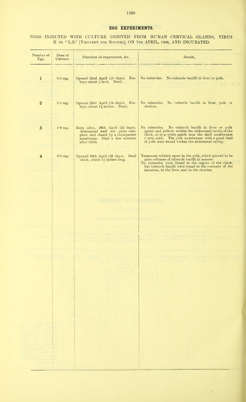 EGG EXPERIMENTS. EGGS INJECTED WITH CULTURE DERIVED FROM HUMAN CERVICAL GLANDS, VIRUS H 59.  L.B. [Virulent for Bovines], ON 7th APRIL, 1906, AND INCUBATED. Number of Egg- Dose of Culture. 0'5 mg. 0'.3 mg. 1-0 mg. 0*5 mg. Duration of experiment, &c. Opened 22nd April (15 days). Em- bryo about J inch. Dead. Opened 23rd April (16 days), bryo about 1$ inches. Dead. Em- Born alive, 29th April (22 days). Abdominal wall not quite com- plete and closed by a transparent membrane. Died a few minutes after birth. Opened 30th April (23 days), chick, about lb inches long. Dead Result. No tubercles. No tubercle bacilli in liver or yolk. No tubercles, chorion. No tubercle bacilli in liver, yolk, or No tubercles. No tubercle bacilli in liver or yolk (green and yellow) within the abdominal cavity of the chick, or in a white patch near the shell membranes ('/uric acid). The yolk membranes with a good-deal of yolk were found within the abdominal cavity. Numerous whitish spots in the yolk, which proved to be pure cultures of tubercle bacilli in masses. No tubercles were found in the organs of the chick, but tubercle bacilli were found in the contents of the intestine, in the liver, and in the chorion.