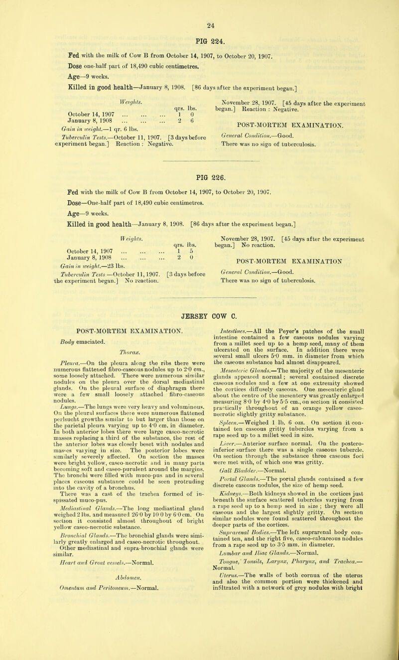 PIG 224. Ped with the milk of Cow B from October 14, 1907, to October 20, 1907. Dose one-half part of 18,490 cubic centimetres. Age—9 weeks. Killed in good health--January 8, 1908. [86 days after the experiment began.] Weights. qrs. lbs. October 14, 1907 ... ... ... 1 0 January 8, 1908 . ... 2 6 Gain in loeight.—1 qr. 6 lbs. Tuherculin Tests.—October 11, 1907. [3 days before experiment began,] Reaction ; Negative. November 28, 1907. [45 days after the experiment began.] Reaction : Negative. POST-MORTEM EXAMINATION. General Condition.—Good. There was no sign of tuberculosis. PIG 226. Fed with the milk of Cow B from October 14, 1907, to October 20, 1907. Dose—One-half part of 18,490 cubic centimetres. Age—9 weeks. Killed in good health—January 8, 1908. [86 days after the experiment began.] W eights. qrs. lbs. October 14, 1907 ... ... ... 1 5 January 8, 1908 ... ... ... 2 0 Gain in weight.—23 lbs. Tuherculin Tests.—October 11,1907. [3 days before the experiment began.] No reaction. November 28, 1907. [45 days after the experiment began.] No reaction. POST-MORTEM EXAMINATION General Condition.—Good. There was no sign of tuberculosis. JERSEY COW C. POST-MORTEM EXAMINATION. Body emaciated. Thorax. Pleura.—On the pleura along the ribs there were numerous flattened fibro-caseous nodules up to 2'0 cm., some loosely attached. There were numerous similar nodules on the pleura over the dorsal mediastinal glands. On the pleural surface of diaphragm there were a few small loosely attached fibro-caseous nodules. Lungs.—The lungs were very heavy and voluminous. On the pleural surfaces there were numerous flattened perlsucht growths similar to but larger than those on the parietal pleura varying up to 4'0 cm. in diameter. In both anterior lobes there were large caseo-necrotic masses replacing a third of the substance, the rest of the anterior lobes was closely beset with nodules and mas'^es varying in size. The posterior lobes were similarly severely affected. On section the masses were bright yellow, caseo-necrotic and in many parts becoming soft and caseo-purulent around the margins. The bronchi were filled with muco-pus and in several places caseous substance could be seen protruding into the cavity of a bronchus. There was a cast of the trachea formed of in¬ spissated muco-pus. Mediastinal Glands.—The long mediastinal gland weighed 2 lbs. and measured 26’0 by 10 0 by 6'0 cm. On section it consisted almost throughout of bright yellow caseo-necrotic substance. Bronchial Glands.—The bronchial glands were simi¬ larly greatly enlarged and caseo-necrotic throughout. Other mediastinal and supra-bronchial glands were similar. Heart and Great vessels.—Normal. Abdomen. Omerdum and Peritoneum.—Normal. Intestines.—All the Peyer’s patches of the small intestine contained a few caseous nodules varying from a raUlet seed up to a hemp seed, many of them ulcerated on the surface. In addition there were several small ulcers 5'0 mm. in diameter from which the caseous substance had almost disappeared. Mesenteric Glands.—The majority of the mesenteric glands appeared normal; several contained discrete caseous nodules and a few at one extremity showed the cortices diffusely caseous. One mesenteric gland about the centre of the mesentery was greatly enlarged measuring 8'0 by 4*0 by 5'5 cm., on section it consisted practically throughout of an orange yellow caseo- necrotic slightly gritty substance. Spleen.—Weighed 1 lb. 6 ozs. On section it con¬ tained ten caseous gritty tubercles varying from a rape seed up to a millet seed in size. Liver.—Anterior surface normal. On the postero- inferior surface there was a single caseous tubercle. On section through the substance three caseous foci were met with, of which one was gritty. Gall Bladder.—Normal. Portal Glands.—The portal glands contained a few discrete caseous nodules, the size of hemp seed. Kidneys.—Both kidneys showed in the cortices just beneath the surface scattered tubercles varying from a rape seed up to a hemp seed in size ; they were all caseous and the largest slightly gritty. On section similar nodules were found scattered throughout the deeper parts of the cortices. Suprarenal Bodies.—The left suprarenal body con¬ tained ten, and the right five, caseo-calcareous nodules from a rape seed up to 3‘5 mm. in diameter. Lumbar and Jliac Glands.—Normal. Tongue,' lonsils, Larynx, Pharynx, and Trachea.— Normal. Uterus.—The walls of both cornua of the uterus and also the common portion were thickened and infiltrated with a network of grey nodules with bright