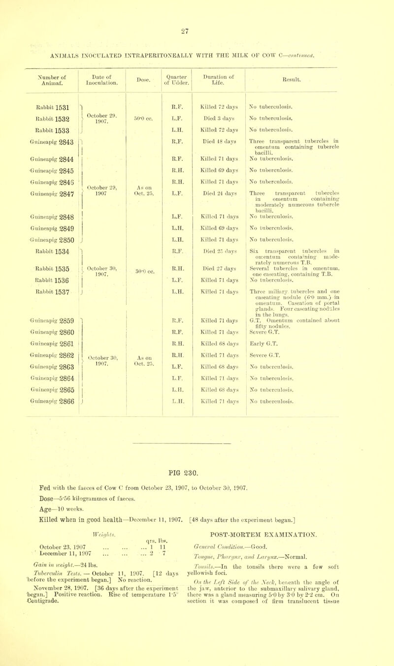 ANIMALS INOCULATED INTRAPERITONBALLY WITH THE MILK OF COW G—conttnvc<(. Number of Animal'. Date of Inoculation. Dose. Quarter ^ of Udder. Duration of j Life. ! Result. Rabbit 1531 R.F. Killed 72 days No tuberculosis. Rabbit 1532 October 29, 1907. 50'0 cc. L.F. Died 3 days No tuberculosis. Rabbit 1533 L.H. Killed 72 days No tuberculosis. Gnmeapig 2843 ' R.F. Died 48 days Three transparent tubercles in omentum containing tubercle bacilli. Guineapig 2844 R.F. Killed 71 days No tuberculosis. ■Guineapig 2845 R.H. Killed 69 days No tuberculosis. Guineapig 2846 R.H. Killed 71 days No tubcrcirlosis. October 29, As on Guineapig 2847 1907 Oct. 25. L.F. Died 24 days Three transparent tubercles in omentum containing moderately nuinerous tubercle bacilli. Guineapig 2848 L.F. Killed 71 days No tuberculosis. Guineapig 2849 L.H. Killed 69 days No tuberculosis. Guineapig 2850 L.H. Killed 71 days No tuberculosis. Rabbit 1534 d R.F. Died 2. d,ays Six transparent tubercles in omentum containing mode¬ rately numerous T.B. Rabbit 1535 October 30, ^ 1907. 30-0 cc. R.H. Died 27 days Several tubercles in omentum, one caseating, containing T.B. Rabbit 1536 L.F. Killed 71 days No tuberculosis. Rabbit 1537 L.H. Killed 71 days Three miliary, tubercles and one caseating nodule (6'0 mm.) in omentum. Caseation of portal glands. Four caseating nodules in the lungs. Guineapig 2859 R.F. Killed 71 days G.T. Omentum contained about fifty nodules. Guineapig 2860 R.F. Killed 71 days Severe G.T. Guineapig 2861 R.H. Killed 68 days Early G.T. Guineapig 2862 • Ictober 30, As on R.H. Killed 71 days Severe G.T. Guineapig 2863 1907. Oct. 2.5. L.F. Killed 68 days No tuberculosis. Guineapig 2864 L.F. Killed 71 days No tuberculosis. Guineapig 2865 L.H. Killed 68 days No tuberculosis. Guineapig 2866 L.H. Killed 71 days No tuberculosis. PIG 230. Fed with the faeces of Cow C from October 23, 1907, to October 30, 1907. Dose—5'5G kilogrammes of faeces. Age—10 weeks. Killed when in good health—December ll, 1907. Weifihix. qrs. lbs. October 23. 1907 ... ... ...1 11 December 11, 1907 ... ... ... 2 7 Gam in v:eighf.—24 lbs. Tuberculin Tests. — October 11, 1907. [12 dajs before the experiment began.] No reaction. November 28, 1907. [36 days after the experiment began.] Positive reaction. Rise of temperature 1'5° Centigrade. [48 days after the experiment began.] POST-MORTEM EXAMINATION. General Condition.—Good. Tongue, Tluirgii.r, and Larynx.—Normal. Tonsils.—In the tonsils there were a few .soft yellowish foci. On the Left Side of the Xeck, beneath the angle of the jaw, anterior to the submaxillary salivary gland, there was a gland measuring 5'0 by 3'0 by 2'2 cm. On section it was composed of firm translucent ti.ssue