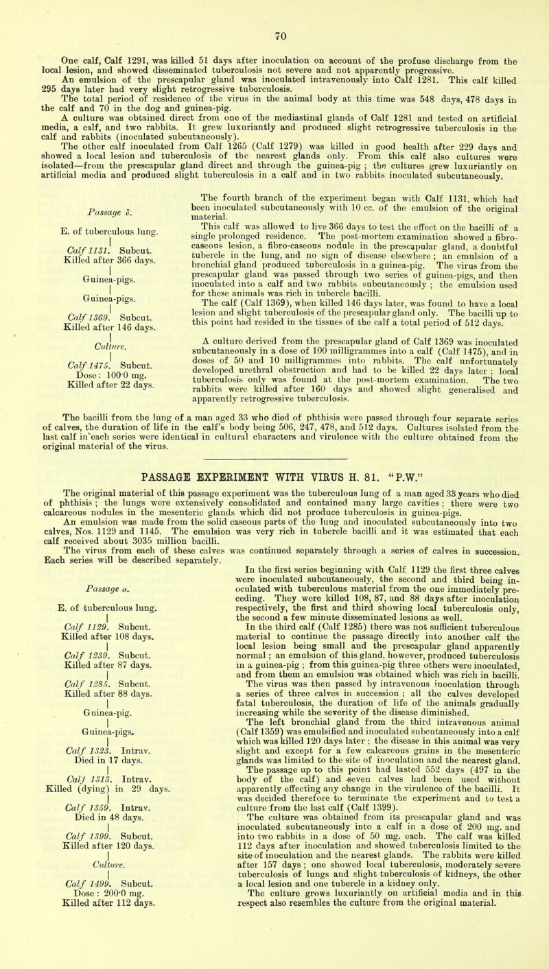 One calf, Calf 1291, was killed 51 days after inoculation on account of the profuse discharge from the local lesion, and showed disseminated tuberculosis not severe and not apparently progressive. An emulsion of the prescapular gland was inoculated intravenously into Calf 1281. This calf killed 295 days later had very slight retrogressive tuberculosis. The total period of residence of the virus in the animal body at this time was 548 days, 478 days in the calf and 70 in the dog and guinea-pig. A culture was obtained direct from one of the mediastinal glands of Calf 1281 and tested on artificial media, a calf, and two rabbits. It grew luxuriantly and produced slight retrogressive tuberculosis in the calf and rabbits (inoculated subcutaneously). The other calf inoculated from Calf 1265 (Calf 1279) was killed in good health after 229 days and showed a local lesion and tuberculosis of the nearest glands only. From this calf also cultures were isolated—from the prescapular gland direct and through the guinea-pig ; the cultures grew luxuriantly on artificial media and produced slight tuberculosis in a calf and in two rabbits inoculated subcutaneously. Passage S. E. of tuberculous lung. Calf 1131. Subcut. Killed after 366 days. Guinea-pigs. Guinea-pigs. Calf 1369. Subcut. Killed after 146 days. I Culture. I Calf 1475. Subcut. Dose: 100-0 mg. Killed after 22 days. The fourth branch of the experiment began with Calf 1131, which had been inoculated subcutaneously with 10 cc. of the emulsion of the original material. This calf was allowed to live 366 days to test the effect on the bacilli of a single prolonged residence. The post-mortem examination showed a fibro- caseous lesion, a fibro-caseous nodule in the prescapular gland, a doubtful tubercle in the lung, and no sign of disease elsewhere ; an emulsion of a bronchial gland produced tuberculosis in a guinea-pig. The virus from the prescapular gland was passed through two series of guinea-pigs, and then inoculated into a calf and two rabbits subcutaneously ; the emulsion used for these animals was rich in tubercle bacilli. The calf (Calf 1369), when killed 146 days later, was found to have a local lesion and slight tuberculosis of the prescapular gland only. The bacilli up to this point had resided in the tissues of the calf a total period of 512 days. A culture derived from the prescapular gland of Calf 1369 was inoculated subcutaneously in a dose of 100 milligrammes into a calf (Calf 1475), and in doses of 50 and 10 milligrammes into rabbits. The calf unfortunately developed urethral obstruction and had to be killed 22 days later ; local tuberculosis only was found at the post-mortem examination. The two rabbits were killed after 160 days and showed slight generalised and apparently retrogressive tuberculosis. The bacilli from the lung of a man aged 33 who died of phthisis were passed through four separate series of calves, the duration of life in the calf's body being 506, 247, 478, and 512 days. Cultures isolated from the last calf in'each series were identical in cultural characters and virulence with the culture obtained from the original material of the virus. PASSAGE EXPERIMENT WITH VIRUS H. 81. P.W. The original material of this passage experiment was the tuberculous lung of a man aged 33 years who died of phthisis ; the lungs were extensively consolidated and contained many large cavities ; there were two calcareous nodules in the mesenteric glands which did not produce tuberculosis in guinea-pigs. An emulsion was made from the solid caseous parts of the lung and inoculated subcutaneously into two calves, Nos. 1129 and 1145. The emulsion was very rich in tubercle bacilli and it was estimated that each calf received about 3035 million bacilli. The virus from each of these calves was continued separately through a series of calves in succession, Each series will be described separately. In the first series beginning with Calf 1129 the first three calves were inoculated subcutaneously, the second and third being in- Passage a. oculated with tuberculous material from the one immediately pre- ceding. They were killed 108, 87, and 88 days after inoculation respectively, the first and third showing local tuberculosis only, the second a few minute disseminated lesions as well. In the third calf (Calf 1285) there was not sufficient tuberculous material to continue the passage directly into another calf the local lesion being small and the prescapular gland apparently normal; an emulsion of this gland, however, produced tuberculosis in a guinea-pig ; from this guinea-pig three others were inoculated, and from them an emulsion was obtained which was rich in bacilli. The virus was then passed by intravenous inoculation through a series of three calves in succession ; all the calves developed fatal tuberculosis, the duration of life of the animals gradually increasing while the severity of the disease diminished. The left bronchial gland from the third intravenous animal (Calf 1359) was emulsified and inoculated subcutaneously into a calf which was killed 120 days later ; the disease in this animal was very slight and except for a few calcareous grains in the mesenteric glands was limited to the site of inoculation and the nearest gland. The passage up to this point had lasted 552 days (497 in the body of the calf) and -seven calves had been used without apparently effecting any change in the virulence of the bacilli. It was decided therefore to terminate the experiment and to test a culture from the last calf (Calf 1399). The culture was obtained from its prescapular gland and was inoculated subcutaneously into a calf in a dose of 200 mg. and into two rabbits in a dose of 50 mg. each. The calf was killed 112 clays after inoculation and showed tuberculosis limited to the site of inoculation and the nearest glands. The rabbits were killed after 157 days ; one showed local tuberculosis, moderately severe tuberculosis of lungs and slight tuberculosis of kidneys, the other a local lesion and one tubercle in a kidney only. The culture grows luxuriantly on artificial media and in this respect also resembles the culture from the original material. E. of tuberculous lung. I Calf 1129. Subcut. Killed after 108 days. I Calf 1239. Subcut. Killed after 87 days. I Calf 1285. Subcut. Killed after 88 days. I Guinea-pig. I Guinea-pigs. I Calf 1323. Intrav. Died in 17 days. I Calf 1313. Intrav. Killed (dying) in 29 days. Calf 1359. Intrav. Died in 48 days. Calf 1399. Subcut. Killed after 120 days. Culture. I Calf 1499. Subcut. Dose : 200-0 mg. Killed after 112 days.