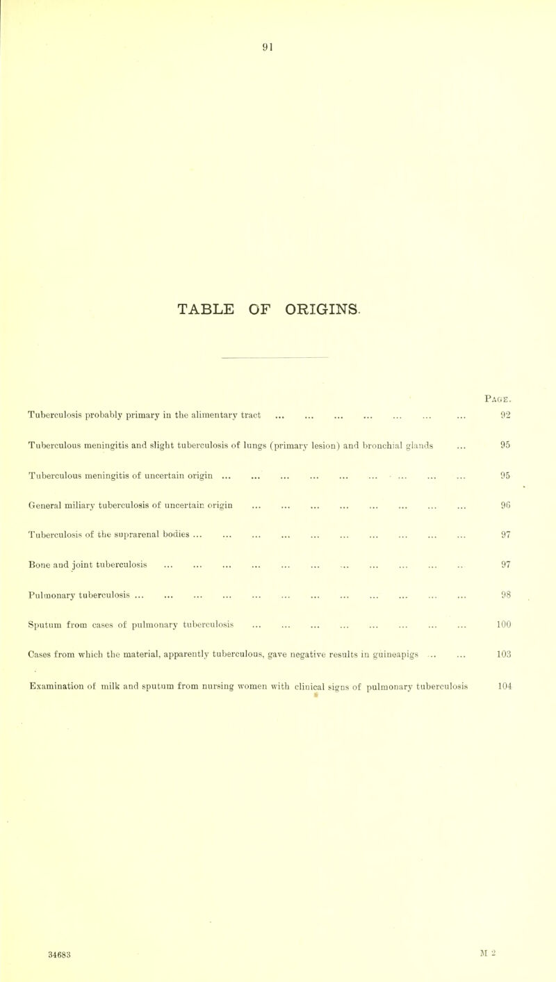 TABLE OF ORIGINS. Page. Tuberculosis probably primary in the alimentary tract ... ... ... ... ... ... ... 92 Tuberculous meningitis and slight tuberculosis of lungs (primary lesion) and bronchial glands ... 95 Tuberculous meningitis of uncertain origin ... ... ... ... ... ... ... ... ... 95 General miliary tuberculosis of uncertain origin ... ... ... ... ... ... ... ... 96 Tuberculosis of the suprarenal bodies ... ... ... ... ... ... ... ... ... ... 97 Bone and joint tuberculosis ... ... ... ... ... ... ... ... ... ... .. 97 Pulmonary tuberculosis ... ... ... ... ... ... ... ... 98 Sputum from cases of pulmonary tuberculosis ... ... ... ... ... ... 100 Cases from which the material, apparently tuberculous, gave negative results in guineapigs ... ... 103 Examination of milk and sputum from nursing women with clinical signs of pulmonary tuberculosis 104 34683