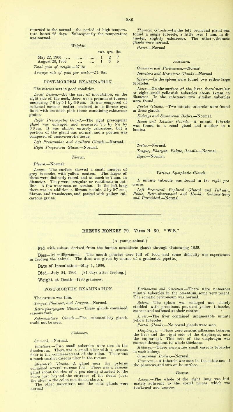 returned to the normal ; the period of high tempera- ture lasted 28 dayB. Subsequently the temperature was normal. Weights. cwt. qrs. lbs. May 22, 1906 1 2 7 August 20, 1906 1 3 6 Total gain of weight.—27 lbs. Average rate of gain per week.—21 lbs. POST-MORTEM EXAMINATION. The carcass was in good condition. Local Lesion.—At the seat of inoculation, on the right side of the neck, there was a prominent tumour measuring 7-6 by 5'1 by 3-9 cm. It was composed of softened caseous matter, enclosed in a fibrous cyst lined with brownish pink tissue containing calcareous grains. Right Prescapuhir Gland.—The right prescapular gland was enlarged, and measured 9-5 by 5-4 by 3-9 cm. It was almost entirely calcareous, but a portion of the gland was normal, and a portion was composed of caseo-necrotic tissue. Left Prescapular and Axillary Glands.—Normal. Right Prepectoral Gland.—Normal. Ihorax. Pleura.—Normal. Lungs.—The surface showed a small number of grey tubercles with yellow centres. The larger of these were distinctly raised, and as much as 2 mm. in diameter. They were irregular or rectilinear in out- line. A few were seen on section. In the left lung there was in addition a fibrous nodule, 2 by 0-7 cm., fibrous and translucent, and packed with yellow cal- careous grains. Thoracic Glands.—In the left bronchial gland was found a single tubercle, a little over 1 mm. in di- ameter, slightly calcareous. The other \thoracic glands were normal. Heart.—Normal. Abdomen. Omentum and Peritoneum.—Normal. Intestines and Mesenteric Glands.—Normal. Spleen.—In the spleen were found two rather large tubercles. Liver.—On the surface of the liver there'were'six or eight small yellowish tubercles about limm. in diameter. In the substance two similar tubercles were found. Portal Glands.—Two minute tubercles were found in these glands. Kidneys and Suprarenal Bodies.—Normal. Renal and Lumbar Glands.—A minute tuhercle was found in a renal gland, and another in a lumbar. lestes.—Normal. Tongue, Pharynx, Palate, lonsils.—Normal. Eyes.—Normal. Various Lymphatic Glands. A minute tubercle was found in the right pre- crural. Left Precrural, Popliteal, Gluteal and Ischiatic, Pubic, Retro-pharyngeal and Hyoid; Submaxillary and Parolideal.—Normal. RHESUS MONKEY 79. Virus H. 60.  W.B. (A young animal.) Fed with culture derived from the human mesenteric glands through Guinea-pig 1829. Dose—Q-l milligramme. [The mouth pouches were full of food and some difficulty was experienced in feeding the animal. The dose was given by means of a graduated pipette.] Date of Inoculation—May 1, 1906. Died_july 24, 1906. [84 days after feeding.] Weight at Death—1780 grammes. POST-MORTEM EXAMINATION. The carcass was thin. Tongue, Pharynx, and Larynx.—Normal. Retro-pharyngeal Glands.—These glands contained caseous foci. Submaxillary Glands.—The submaxillary glands could not be seen. Abdomen. Stomach.—Normal. Intestines.—Two small tubercles were seen in the duodenum. There was a small ulcer with a caseous floor in the commencement of the colon. There was a much smaller caseous ulcer in the rectum. Mesenteric Glands.—A gland near the pylorus contained several caseous foci. There was a caseous gland about the size of a pea closely attached to the colon just beyond the entrance of the ileum (Lear the ulcer in the colon mentioned above). The other mesenteric and the colic glands were normal Peritoneum and Omentum.—There were numerous minute tubercles in the omentum, some very recent. The somatic peritoneum was normal. Spleen.—The spleen was enlarged and closely studded with prominent pea-sized yellow tubercles, caseous and softened at their centres. Liver.—The liver contained innumerable minute yellow tubercles. Portal Glands.—No portal glands were seen. Diaphragm.—There were caseous adhesions between the liver and the right side of the diaphragm, near the suprarenal. This side of the diaphragm was caseous throughout its whole thickness. Kidneys.—There were a few small caseous tubercles in each kidney. Suprarenal Bodies.—Normal. Pancreas.—A tubercle was seen in the substance of the pancreas, and two on its surface. Thorax. Lungs.—The whole of the right lung was inti- mately adherent to the costal pleura, which was thickened and caseous.