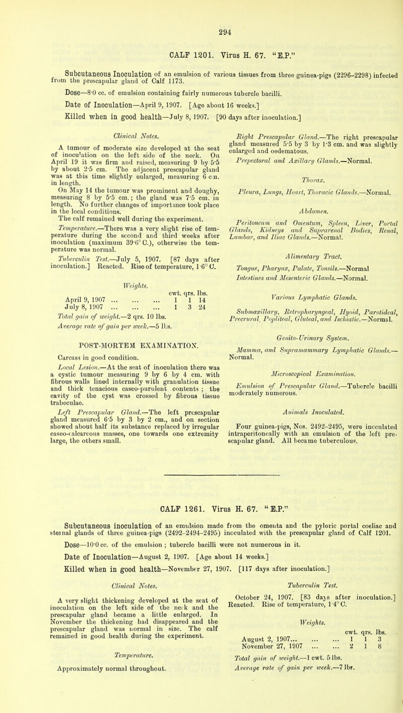 CALF 1201. Virus H. 67. E.P. Subcutaneous Inoculation of an emulsion of various tissues from three guinea-pigs (2296-2298) infected from the prescapular gland of Calf 1173. Dose—8-0 cc. of emulsion containing fairly numerous tubercle bacilli. Date of Inoculation—April 9, 1907. [Age about 16 weeks.] Killed when in good health—July 8, 1907. [90 days after inoculation.] Clinical Notes. A tumour of moderate size developed at the seat of inoculation on the left side of the neck. On April 19 it was firm and raised, measuring 9 by 55 by about 2-5 cm. The adjacent prescapular gland was at this time slightly enlarged, measuring 6 can. in length. On May 14 the tumour was prominent and doughy, measuring 8 by 55 cm.; the gland was 75 cm. in length. No further changes of importince took place in the local conditions. The calf remained well during the experiment. Temperature.—There was a very slight rise of tem- perature during the second and third weeks after inoculation (maximum 39-6° O), otherwise the tem- perature was normal. Tuberculin Test.—July 5, 1907. [87 days after inoculation.] Reacted. Rise of temperature, 1 6° O. Weights. April 9, 1907 July 8, 1907 Total gain of weight.—2 qrs. 10 lbs. Average rate of gain per week.—5 Its cwt. qrs. lbs. 1 1 14 1 3 24 POST-MORTEM EXAMINATION. Carcass in good condition. Local Lesion.—At the seat of inoculation there was a cystic tumour measuring 9 by 6 by 4 cm. with fibrous walls lined internally with granulation tissue and thick tenacious caseo-purulent contents ; the cavity of the cyst was crossed by fibrous tissue trabecular Left Prescapular Gland.—The left prescapular gland measured 65 by 3 by 2 cm., and on section showed about half its substance replaced by irregular caseo-calcareous masses, one towards one extremity large, the others small. Right Prescapular Gland.—The right prescapular gland measured 5-5 by 3 by 1*3 cm. and was slightly enlarged and oedematous. Prepectoral and Axillary Glands.—Normal. Thorax. Pleura, Lungs, Heart, Thoracic Glands.—Normal. Abdomen. Peritoneum and Omentum, Spleen, Liver, Portal Glands, Kidneys and Suprarenal Bodies, Renal, Lumbar, and Iliac Glands.—Normal. Alimentary Tract. Tongue, Pharynx, Palate, Tonsils.—Normal Intestines and Mesenteric Glands.—Normal. Various Lymphatic Glands. Submaxillary, Retropiharyngeal, Hyoid, Parotideal, Precrural. Popliteal, Gluteal, and Ischiatic.—Normal. Genito-Urinary System. Mamma, arid Supramammary Lymphatic Glands.— Normal. Microscopical Examination. Emulsion of Prescapular Gland.—Tubercle bacilli moderately numerous. Animals Inoculated. Four guinea-pigs, Nos. 2492-2495, were inoculated intraperitoneally with an emulsion of the left pre- scapular gland. All became tuberculous. CALF 1261. Virus H. 67.  E.P. Subcutaneous inoculation of an emulsion made from the omenta and the pyloric portal coeliac and stemal glands of three guinea-pigs (2492-2494-2495) inoculated with the prescapular gland of Calf 1201. Dose—100cc. of the emulsion; tubercle bacilli were not numerous in it. Date of Inoculation—August 2, 1907. [Age about 14 weeks.] Killed when in good health—November 27, 1907. [117 days after inoculation.] Clinical Notes. A very slight thickening developed at the seat of inoculation on the left side of the netk and the prescapular gland became a little enlarged. In November the thickening had disappeared and the prescapular gland was normal in size. The calf remained in good health during the experiment. Temperature. Approximately normal throughout. Tuberculin Test. October 24, 1907. [83 dajs after inoculation.] Reacted. Rise of temperature, 14°C. Weights. August 2, 1907... November 27, 1907 cwt. qrs. lbs. 1 1 3 2 1 8 Total gain of weight.—1 cwt. 5 lbs. Average rate of gain per week.—7 lbr.