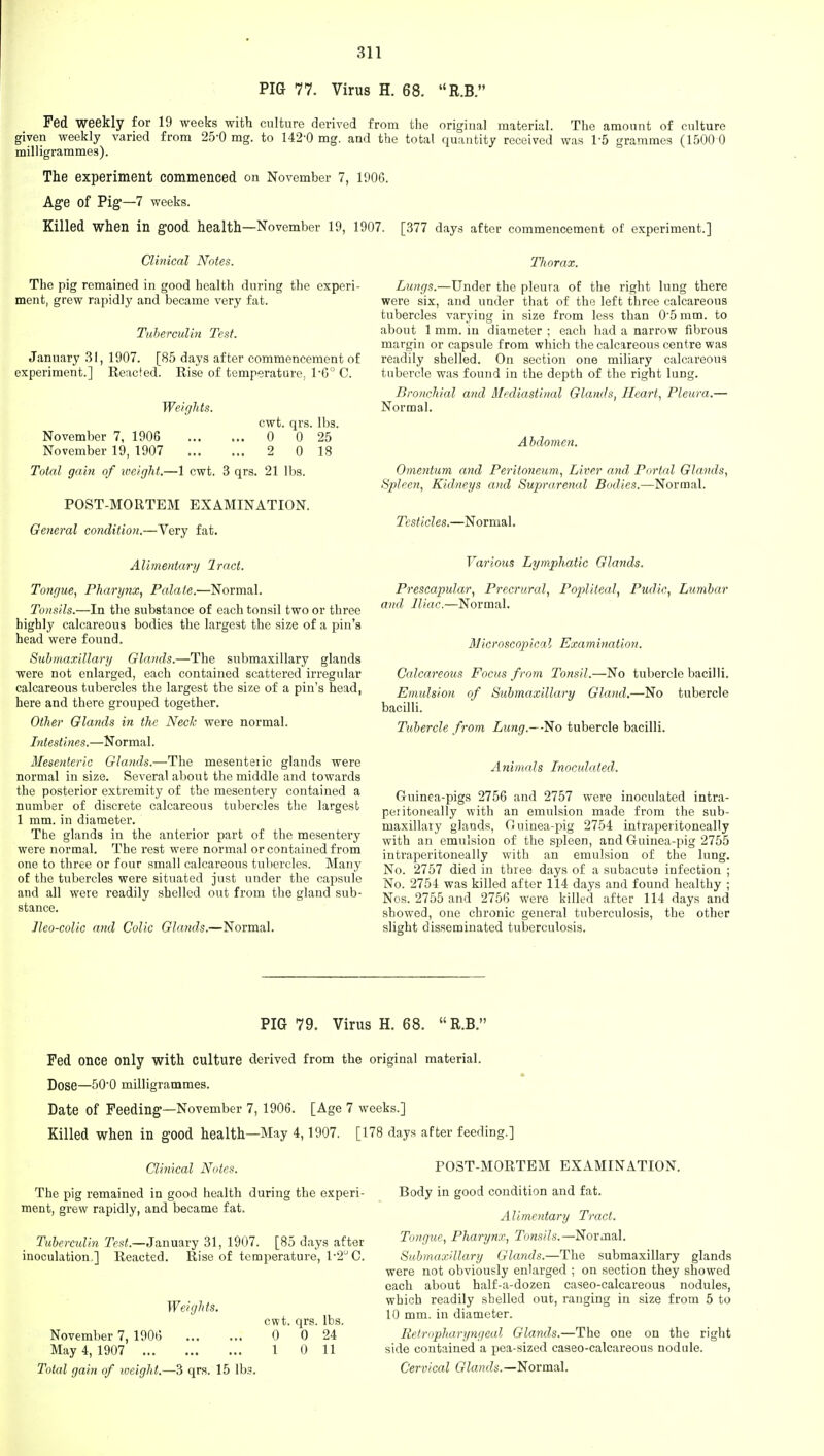 PIG 77. Virus H. 68. R.B. Fed weekly for 19 weeks with culture derived from the original material. The amount of culture given weekly varied from 25-0 mg. to 142'0 mg. and the total quantity received was 1-5 grammes (1500 0 milligrammes). The experiment commenced on November 7, 1906. Age of Pig—7 weeks. Killed when in good health—November 19, 1907. [377 days after commencement of experiment.] Clinical Notes. The pig remained in good health during the experi- ment, grew rapidly and became very fat. Tuberculin Test. January 31, 1907. [85 days after commencement of experiment.] Reacted. Rise of temperature, l-6° C. Weights. cwt. qrs. lbs. November 7, 1906 0 0 25 November 19, 1907 2 0 IS Total gain of weight.—1 cwt. 3 qrs. 21 lbs. POST-MORTEM EXAMINATION. General condition.—Very fat. Alimentary Iract. Tongue, Pharynx, Palate.—Normal. Tonsils.—In the substance of each tonsil two or three highly calcareous bodies the largest the size of a pin's head were found. Submaxillary Glands.—The submaxillary glands were not enlarged, each contained scattered irregular calcareous tubercles the largest the size of a pin's head, here and there grouped together. Other Glands in the Neck were normal. Intestines.—Normal. Mesenteric Glands.—The mesenteiic glands were normal in size. Several about the middle and towards the posterior extremity of the mesentery contained a number of discrete calcareous tubercles the largest 1 mm. in diameter. The glands in the anterior part of the mesentery were normal. The rest were normal or contained from one to three or four small calcareous tubercles. Many of the tubercles were situated just under the capsule and all were readily shelled out from the gland sub- stance. Jleo-colic and Colic Glands.—Normal. Thorax. Lungs.—Under the pleura of the right lung there were six, and under that of the left three calcareous tubercles varying in size from less than 0-5 mm. to about 1 mm. in diameter ; each had a narrow fibrous margin or capsule from which the calcareous centre was readily shelled. On section one miliary calcareous tubercle was found in the depth of the right lung. Bronchial and Mediastinal Glands, Heart, Pleura.— Normal. Abdomen. Omentum and Peritoneum, Liver and Portal Glands, Spleen, Kidneys and Suprarenal Bodies.—Normal. Testicles.—Normal. Various Lymphatic Glands. Prescapular, Precrural, Popliteal, Pudic, Lumbar and Iliac.—Normal. MicroscopicaI Examination. Calcareous Focus from Tonsil.—No tubercle bacilli. Emulsion of Submaxillary Gland.—No tubercle bacilli. Tubercle from Lung.—No tubercle bacilli. Animals Inoculated. Guinea-pigs 2756 and 2757 were inoculated intra- peritoneally with an emulsion made from the sub- maxillary glands, Guinea-pig 2754 intraperitoneally with an emulsion of the spleen, and Guinea-pig 2755 intraperitoneally with an emulsion of the lung. No. 2757 died in three days of a subacute infection ; No. 2754 was killed after 114 days and found healthy ; Nos. 2755 and 2756 were killed after 114 days and showed, one chronic general tuberculosis, the other slight disseminated tuberculosis. PIG 79. Virus H. 68.  R.B.' Fed once only with culture derived from the original material. Dose—50'0 milligrammes. Date of Feeding—November 7, 1906. [Age 7 weeks.] Killed when in good health—May 4,1907. [178 days after feeding.] Clinical Notes. The pig remained in good health during the experi- ment, grew rapidly, and became fat. Tuberculin Test.—January 31, 1907. [85 days after inoculation ] Reacted. Rise of temperature, 1-2° C. Weights. November 7, 1906 May 4, 1907 Total gain of weight.—3 qrs. 15 lbs. cwt. qrs. lbs. 0 0 24 1 0 11 POST-MORTEM EXAMINATION. Body in good condition and fat. Alimentary Tract. Tongue, Pharynx, Tonsils.—Normal. Submaxillary Glands.—The submaxillary glands were not obviously enlarged ; on section they showed each about half-a-dozen caseo-calcareous nodules, which readily shelled out, ranging in size from 5 to 10 mm. in diameter. Retropharyngeal Glands.—The one on the right side contained a pea-sized caseo-calcareous nodule. Cervical Glands.—'Norma,].