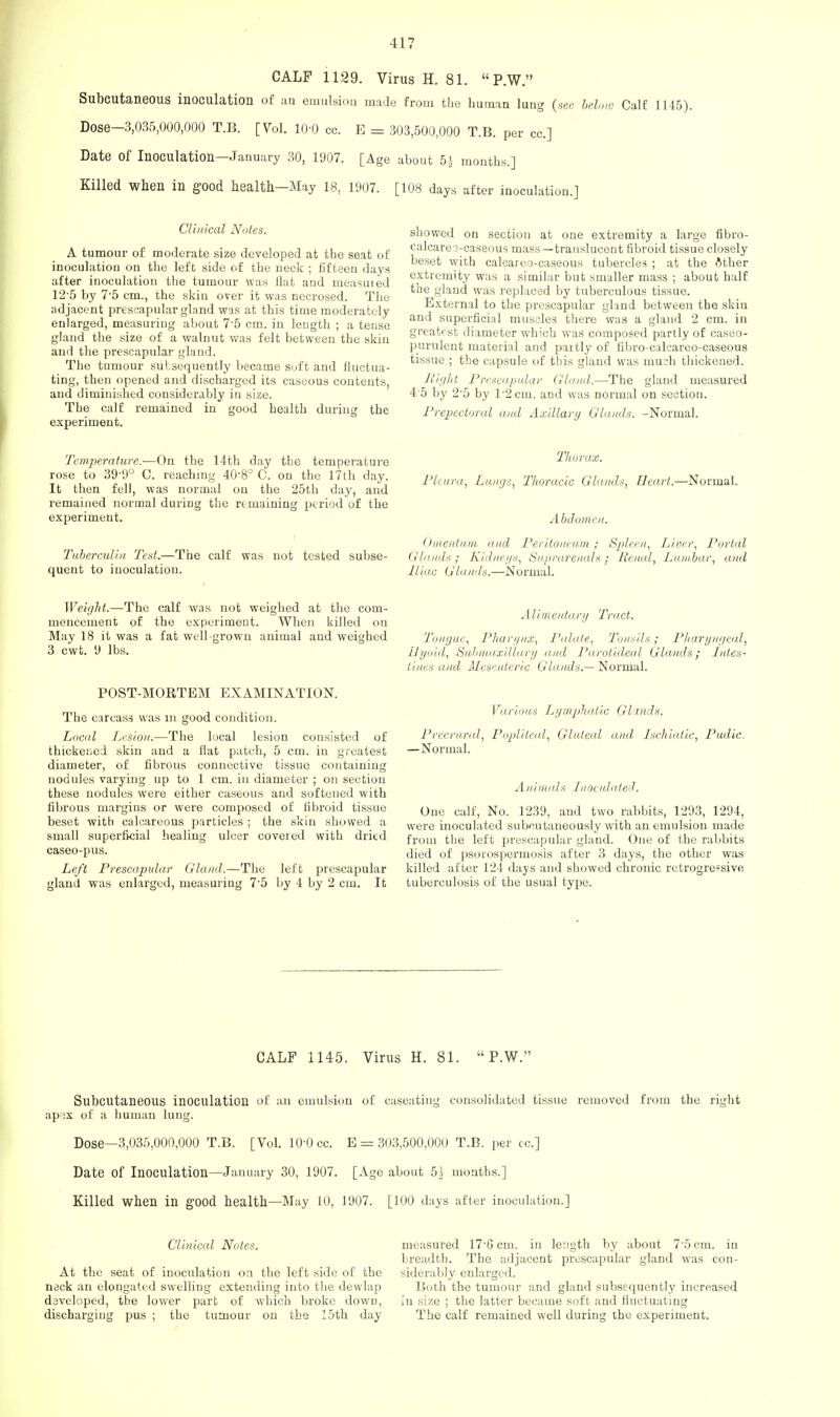 41? CALF 1129. Virus H. 81.  P.W. Subcutaneous inoculation of an emulsion made from the human lung (see below Calf 1145). Dose-3,035,000,000 T.B. [Vol. WO cc. E = 303,500,000 T.B. per cc] Date Of Inoculation—January 30, 1907. [Age about 5£ months.] Killed when in good health—May 18, 1907. [108 days after inoculation.] Clinical Notes. A tumour of moderate size developed at the seat of inoculation on the left side of the neck ; fifteen days after inoculation the tumour was flat and measuied 12-5 by 7-5 cm., the skin over it was necrosed. The adjacent prescapular gland was at this time moderately enlarged, measuring about 7-5 cm. in length ; a tense gland the size of a walnut was felt between the skin and the prescapular gland. The tumour subsequently became soft and fluctua- ting, then opened and discharged its caseous contents, and diminished considerably in size. The calf remained in good health during the experiment. Temperature.—On the 14th day the temperature rose to 39-9° C. reaching 40-8° C. on the 17th day. It then fell, was normal on the 25th day, and remained normal during the remaining period of the experiment. Tuberculin Test.—The calf was not tested subse- quent to inoculation. Weight.—The calf was not weighed at the com- mencement of the experiment. When killed on May 18 it was a fat well-grown animal and weighed 3 cwt. 9 lbs. POST-MORTEM EXAMINATION. The carcass was m good condition. Local Lesion.—The local lesion consisted of thickened skin and a flat patch, 5 cm. in greatest diameter, of fibrous connective tissue containing nodules varying up to 1 cm. in diameter ; on section these nodules were either caseous and softened with fibrous margins or were composed of fibroid tissue beset with calcareous particles ; the skin showed a small superficial healing ulcer covered with dried caseo-pus. Left Prescapular Gland.—The left prescapular gland was enlarged, measuring 75 by 4 by 2 cm. It showed on section at one extremity a large fibro- calcarocaseous mass—translucent fibroid tissue closely beset with calcareo-caseous tubercles ; at the other extremity was a similar but smaller mass ; about half the gland was replaced by tuberculous tissue. External to the prescapular gland between the skin and superficial muscles there was a gland 2 cm. in greatest diameter which was composed partly of caseo- purulent material and paitly of fibro-calcareo-caseous tissue ; the capsule of this gland was much thickened. Right Prescapular (Hand.—The gland measured 4 5 by 2'5 by l-2cm. and was normal on section. Prepectoral and Axillary Glands. -Normal. Thorax. Pleura, Lungs, Thoracic Glands, Heart.—Normal. Abdomen. Omentum and Peritoneum; Spleen, Lioer, Portal Glands; Kidneys, Suprarenals ; Renal, Lumbar, and Iliac Glands.—Normal. Alimentary Trad. Tongue, Pharynx, Palate, Tonsils ; Pharyngeal, By aid, Submaxillary mid Parotideal Glands; Intes- tines and Mesenteric Glands.— Normal. Various Lymphatic Glands. Prccrural, Popliteal, Gluteal and Ischiatic, Pudic. —Normal. .1 nimals Inoculated. One calf, No. 1239, and two rabbits, 1293, 1294, were inoculated subcutaneously with an emulsion made from the left prescapular gland. One of the rabbits died of psorospermosis after 3 days, the other was killed after 124 days and showed chronic retrogre=sive tuberculosis of the usual type. CALF 1145. Virus H. 81.  P.W. Subcutaneous inoculation of an emulsion of caseating consolidated tissue removed from the right ap^x of a human lung. Dose—3,035,000,000 T.B. [Vol. 10-0 cc. E = 303,500,000 T.B. per cc] Date of Inoculation—January 30, 1907. [Age about 5J months.] Killed when in good health—May 10, 1907. [100 days after inoculation.] Clinical Notes. At the seat of inoculation on the left side of the neck an elongated swelling extending into the dewlap developed, the lower part of which broke down, discharging pus ; the tumour on the 15th day measured 176cm. in length by about 7'5cm. in breadth. The adjacent prescapular gland was con- siderably enlarged. Both the tumour and gland subsequently increased in size ; the latter became soft and fluctuating The calf remained well during the experiment.