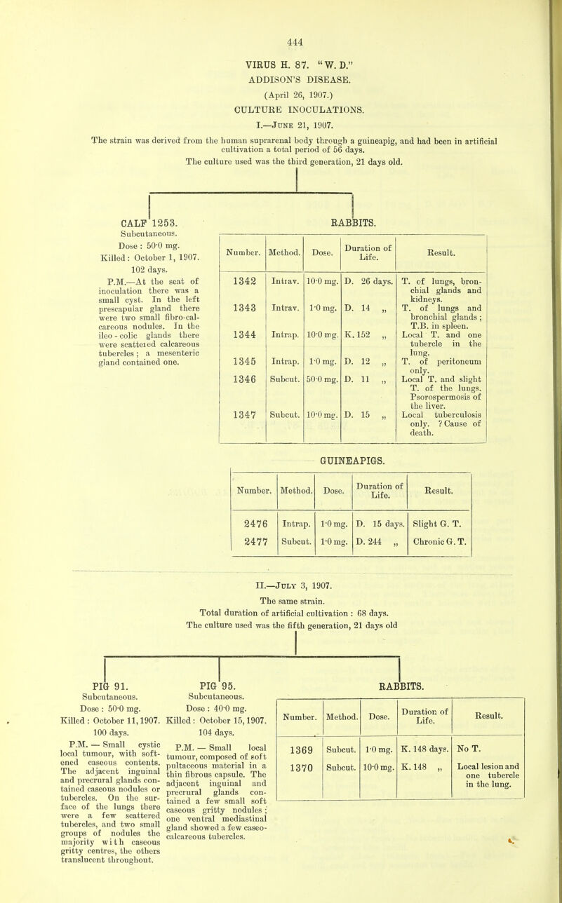 VIRUS H. 87. W.D. ADDISON'S DISEASE. (April 26, 1907.) CULTURE INOCULATIONS. I.—June 21, 1907. The strain was derived from the human suprarenal body through a guineapig, and had been in artificial cultivation a total period of 56 days. The culture used was the third generation, 21 days old. CALF 1253. Subcutaneous. Dose : 500 mg. Killed: October 1, 1907. 102 days. P.M.—At the seat of inoculation there was a small cyst. In the left prescapuiar gland there were two small fibro-cal- careous nodules. In the ileo - colic glands there were scattered calcareous tubercles; a mesenteric gland contained one. RABBITS. Number. Method. Dose. Duration of Life. Result. 1342 Intrav. 10-0 mg. D. 26 days. T. of lungs, bron- chial glands and kidneys. 1343 Intrav. 1-0 mg. D. 14 „ T. of lungs and bronchial glands ; T.B. in spleen. 1344 Intrap. 10-0 mg. K.152 „ Local T. and one tubercle in the lung. 1345 Intrap. 1-0 mg. D. 12 „ T. of peritoneum only. 1346 Subcut. 50-0 mg. D. 11 „ Local T. and slight T. of the lungs. Psorospermosis of the liver. 1347 Subcut. 10-0 mg. D. 15 „ Local tuberculosis only. ? Cause of death. GUINEAPIGS. Number. Method. Dose. Duration of Life. Result. 2476 2477 Intrap. Subcut. 1-0 mg. 1-0 mg. D. 15 days. D. 244 „ Slight G. T. Chronic G. T. II.—July 3, 1907. The same strain. Total duration of artificial cultivation : 68 days. The culture used was the fifth generation, 21 days old PIG 91. Subcutaneous. Dose: 50*0 mg. Killed : October 11,1907. 100 days. P.M. — Small cystic local tumour, with soft- ened caseous contents. The adjacent inguinal and precrural glands con- tained caseous nodules or tubercles. On the sur- face of the lungs there were a few scattered tubercles, and two small groups of nodules the majority with caseous gritty centres, the others translucent throughout. PIG 95. Subcutaneous. Dose : 40-0 mg. Killed : October 15,1907. 104 days. P.M. — Small local tumour, composed of soft pultaceous material in a thin fibrous capsule. The adjacent inguinal and precrural glands con- tained a few small soft caseous gritty nodules ;' one ventral mediastinal gland showed a few caseo- calcareous tubercles. RABBITS. Number. Method. Dose. Duration of Life. Result. 1369 1370 Subcut. Subcut. 1-0 mg. 10-0 mg. K. 148 days. K. 148 „ No T. Local lesion and one tubercle in the lung.