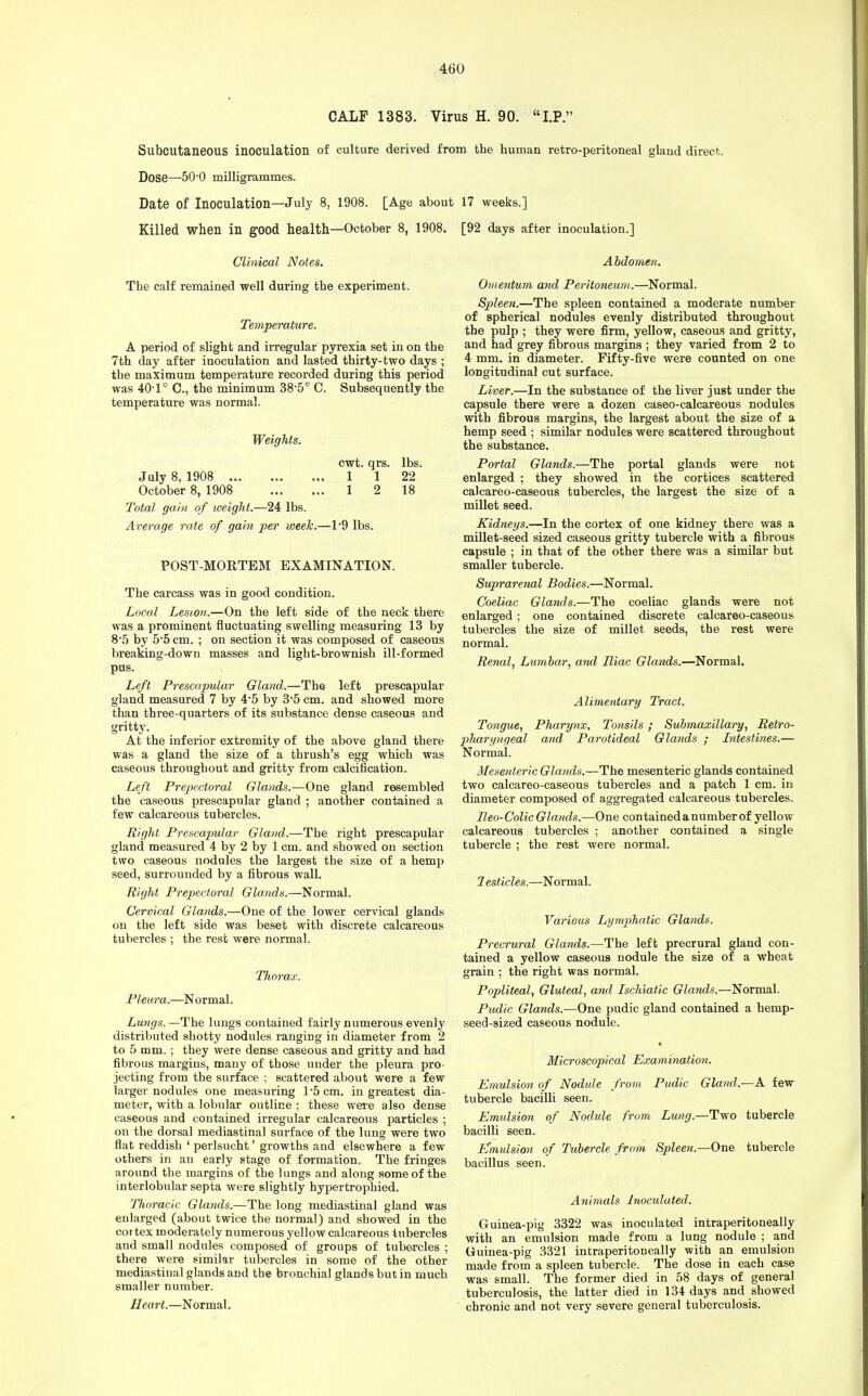 CALF 1383. Virus H. 90. I.P. Subcutaneous inoculation of culture derived from the human retro-peritoneal gland direct. Dose—50'0 milligrammes. Date of Inoculation—July 8, 1908. [Age about 17 weeks.] Killed when in good health—October 8, 1908. [92 days after inoculation.] Clinical Notes. Abdomen. The calf remained well during the experiment. Temperature. A period of slight and irregular pyrexia set in on the 7th day after inoculation and lasted thirty-two days ; the maximum temperature recorded during this period was 40-1° C, the minimum 38-5° C. Subsequently the temperature was normal. Weights. cwt. qrs. lbs. July 8, 1908 1 1 22 October 8, 1908 1 2 18 Total gain of weight.—24 lbs. Average rate of gain per week.—1*9 lbs. POST-MORTEM EXAMINATION. The carcass was in good condition. Local Lesion.—On the left side of the neck there was a prominent fluctuating swelling measuring 13 by 8-5 by 5-5 cm. ; on section it was composed of caseous breaking-down masses and light-brownish ill-formed pus. Left Prescapular Gland.—The left prescapular gland measured 7 by 4-5 by 3-5 cm. and showed more than three-quarters of its substance dense caseous and gritty. At the inferior extremity of the above gland there was a gland the size of a thrush's egg which was caseous throughout and gritty from calcification. Left Prepcctoral Glands.—One gland resembled the caseous prescapular gland ; another contained a few calcareous tubercles. Right Prescapular Gland.—The right prescapular gland measured 4 by 2 by 1 cm. and showed on section two caseous nodules the largest the size of a hemp seed, surrounded by a fibrous wall. Right Prepectoral Glands.—Normal. Cervical Glands.—One of the lower cervical glands on the left side was beset with discrete calcareous tubercles ; the rest were normal. Thorax. Pleura.—Normal. Lungs. —The lungs contained fairly numerous evenly distributed shotty nodules ranging in diameter from 2 to 5 mm. ; they were dense caseous and gritty and had fibrous margins, many of those under the pleura pro- jecting from the surface : scattered about were a few larger nodules one measuring 1*5 cm. in greatest dia- meter, with a lobular outline ; these were also dense caseous and contained irregular calcareous particles ; on the dorsal mediastinal surface of the lung were two flat reddish ' perlsucht' growths and elsewhere a few others in an early stage of formation. The fringes around the margins of the lungs and along some of the interlobular septa were slightly hypertrophied. Thoracic Glands.—The long mediastinal gland was enlarged (about twice the normal) and showed in the cortex moderately numerous yellow calcareous tubercles and small nodules composed of groups of tubercles ; there were similar tubercles in some of the other mediastinal glands and the bronchial glands but in much smaller number. Heart.—Normal. Omentum and Peritoneum.—Normal. Spleen.—The spleen contained a moderate number of spherical nodules evenly distributed throughout the pulp ; they were firm, yellow, caseous and gritty, and had grey fibrous margins ; they varied from 2 to 4 mm. in diameter. Fifty-five were counted on one longitudinal cut surface. Liver.—In the substance of the liver just under the capsule there were a dozen caseo-calcareous nodules with fibrous margins, the largest about the size of a hemp seed ; similar nodules were scattered throughout the substance. Portal Glands.—The portal glands were not enlarged ; they showed in the cortices scattered calcareo-caseous tubercles, the largest the size of a millet seed. Kidneys.—In the cortex of one kidney there was a millet-seed sized caseous gritty tubercle with a fibrous capsule ; in that of the other there was a similar but smaller tubercle. Suprarenal Bodies.—Normal. Coeliac Glands.—The coeliac glands were not enlarged ; one contained discrete calcareo-caseous tubercles the size of millet seeds, the rest were normal. Renal, Lumbar, and Iliac Glands.—Normal. Alimentary Tract. Tongue, Pharynx, Tonsils ; Submaxillary, Retro- pharyngeal and Parotideal Glands ; Intestines.— Normal. Mesenteric Glands.—The mesenteric glands contained two calcareo-caseous tubercles and a patch 1 cm. in diameter composed of aggregated calcareous tubercles. Meo-Colic Glands.—One containedanumberof yellow calcareous tubercles ; another contained a single tubercle ; the rest were normal. Testicles.—Normal. Various Lymphatic Glands. Precrural Glands.—The left precrural gland con- tained a yellow caseous nodule the size of a wheat grain ; the right was normal. Popliteal, Gluteal, and Ischiatic Glands.—Normal. Pudic Glands.—One pudic gland contained a hemp- seed-sized caseous nodule. Microscopical Examination. Emulsion of Nodule from Pudic Gland.—A few tubercle bacilli seen. Emidsion of Nodule from Lung.—Two tubercle bacilli seen. E~mulsion of Tubercle from Spleen.—One tubercle bacillus seen. Animals Inoculated. Guinea-pig 3322 was inoculated intraperitoneal^ with an emulsion made from a lung nodule ; and Guinea-pig 3321 intraperitoneal^ with an emulsion made from a spleen tubercle. The dose in each case was small. The former died in 58 days of general tuberculosis, the latter died in 134 days and showed chronic and not very severe general tuberculosis.