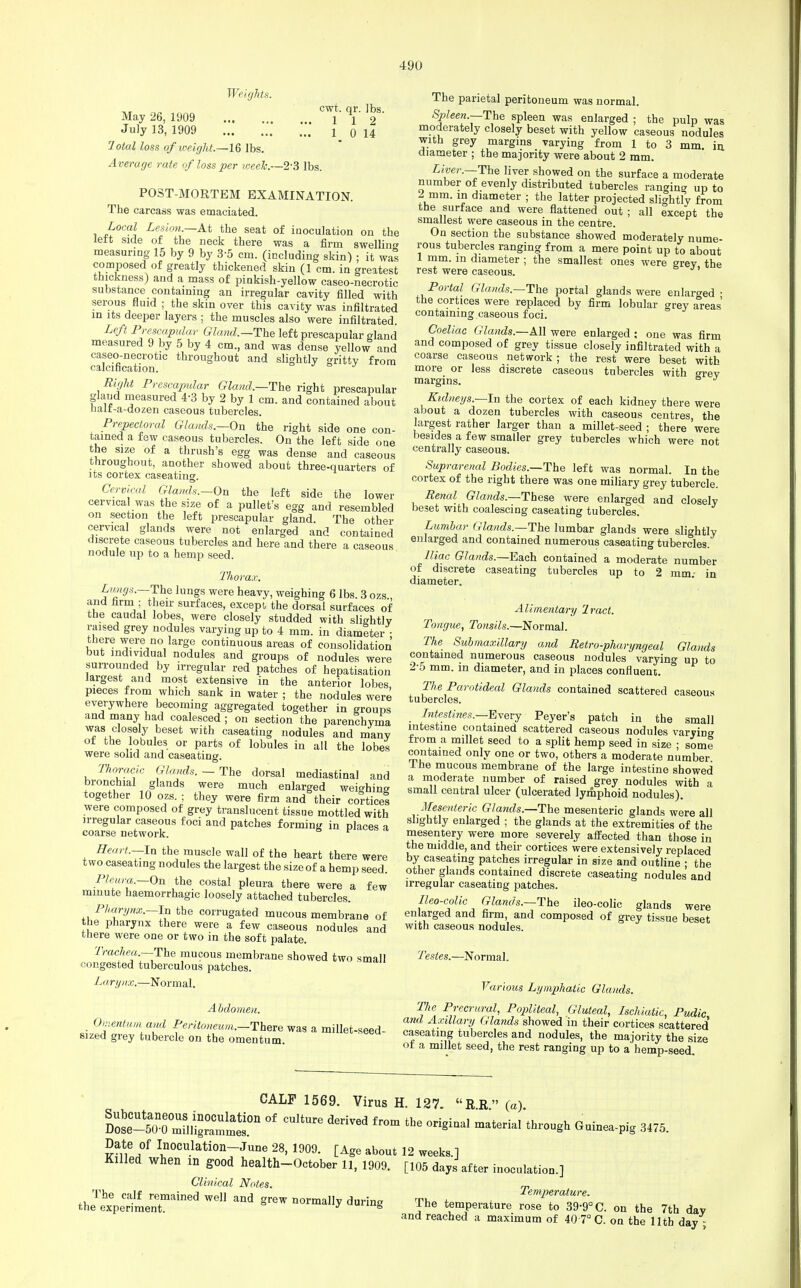 Weights. May 26, 1909 July 13, 1909 rJotal loss of weight.—16 lbs. Average rate of loss per weeIc—2'3 lbs. cwt. qr. lbs. 1 1 2 1 0 14 POST-MORTEM EXAMINATION. The carcass was emaciated. Local Lesion.—At the seat of inoculation on the left side of the neck there was a firm swelling measuring 15 by 9 by 3-5 cm. (including skin) ; it was composed of greatly thickened skin (1 cm. in greatest thickness) and a mass of pinkish-yellow caseo-necrotic substance containing an irregular cavity filled with serous fluid ; the skin over this cavity was infiltrated in its deeper layers ; the muscles also were infiltrated. Left Prescapular Gland.—The left prescapular gland measured 9 by 5 by 4 cm., and was dense yellow and caseo-necrotic throughout and slightly gritty from calcification. Right Prescapular Gland.—The right prescapular gland measured 4-3 by 2 by 1 cm. and contained about nalr-a-dozen caseous tubercles. Prepectoral Glands.—On the right side one con- tained a few caseous tubercles. On the left side one the size of a thrush's egg was dense and caseous throughout, another showed about three-quarters of its cortex caseating. Cervical Glands.—On the left side the lower cervical was the size of a pullet's egg and resembled on section the left prescapular gland. The other cervical glands were not enlarged and contained discrete caseous tubercles and here and there a caseous nodule up to a hemp seed. Thorax. Lungs.—The lungs were heavy, weighing 6 lbs. 3 ozs., and farm ; their surfaces, except, the dorsal surfaces of the caudal lobes, were closely studded with slightly raised grey nodules varying up to 4 mm. in diameter ■ there were no large continuous areas of consolidation but individual nodules and groups of nodules were surrounded by irregular red patches of hepatisation largest and most extensive in the anterior lobes, pieces from which sank in water ; the nodules were everywhere becoming aggregated together in groups and many had coalesced ; on section the parenchyma was closely beset with caseating nodules and many of the lobules or parts of lobules in all the lobes were solid and caseating. Thoracic Glands. — The dorsal mediastinal and bronchial glands were much enlarged weighing together 10 ozs. ; they were firm and their cortices were composed of grey translucent tissue mottled with irregular caseous foci and patches forming in places a coarse network. * Heart,-In the muscle wall of the heart there were two caseating nodules the largest the size of a hemp seed. Pleura.—On the costal pleura there were a few minute haemorrhagic loosely attached tubercles. Pharynx.—In the corrugated mucous membrane of the pharynx there were a few caseous nodules and there were one or two in the soft palate. Trachea.--The mucous membrane showed two small '•ongested tuberculous patches. Larynx.—Normal. A bdomen. Omentum and Peritoneum.—Thwe was a millet-seed- sized grey tubercle on the omentum. The parietal peritoneum was normal. Spleen.—The spleen was enlarged ; the pulp was moderately closely beset with yellow caseous nodules with grey margins varying from 1 to 3 mm. in. diameter ; the majority were about 2 mm. Liver.—The liver showed on the surface a moderate number of evenly distributed tubercles ranging up to 2 mm. in diameter ; the latter projected slightly from the surface and were flattened out ; all except the smallest were caseous in the centre. On section the substance showed moderately nume- rous tubercles ranging from a mere point up to about 1 mm. m diameter ; the smallest ones were »rey the rest were caseous. ' Portal Glands.—The portal glands were enlarged • the cortices were replaced by firm lobular grey areas' containing caseous foci. Coeliac Glands.—A\\ were enlarged: one was firm and composed of grey tissue closely infiltrated with a coarse caseous network; the rest were beset with more or less discrete caseous tubercles with grev margins. & J Kidneys.—Ta the cortex of each kidney there were about a dozen tubercles with caseous centres, the largest rather larger than a millet-seed ; there were besides a few smaller grey tubercles which were not centrally caseous. Suprarenal Bodies.—The left was normal. In the cortex of the right there was one miliary grey tubercle. Renal Glands.—These were enlarged and closely beset with coalescing caseating tubercles. Lumbar Glands.—The lumbar glands were slightly enlarged and contained numerous caseating tubercles. Iliac Glands.—Each contained a moderate number of discrete caseating tubercles up to 2 mm- in diameter. Alimentary Iract. Tongue, Tonsils.—Normal. The Submaxillary and Retropharyngeal Glands contained numerous caseous nodules varyino- up to 2-5 mm. in diameter, and in places confluent. The Parotideal Glands contained scattered caseous tubercles. Intestines.—Every Peyer's patch in the small intestine contained scattered caseous nodules varyino from a millet seed to a split hemp seed in size ; some contained only one or two, others a moderate number 1 he mucous membrane of the large intestine showed a moderate number of raised grey nodules with a small central ulcer (ulcerated lymphoid nodules). Mesenteric Glands.—-The mesenteric glands were all slightly enlarged ; the glands at the extremities of the mesentery were more severely affected than those in the middle, and their cortices were extensively replaced by caseating patches irregular in size and outline ; the other glands contained discrete caseating nodules' and irregular caseating patches. Ileo-colic Glands.—The ileo-colic glands were enlarged and firm, and composed of grey tissue beset with caseous nodules. Testes.—Normal. Vari ous Lymphatic Glands. The Precrural, Popliteal, Gluteal, Ischiatic, Pudic and Axillary Glands showed in their cortices scattered* caseating tubercles and nodules, the majority the size of a millet seed, the rest ranging up to a hemp-seed CALF 1569. Virus H. 127.  R R  (a). ^S^iS^t °f CUltUre d6riVed '°rigiQaI «** G~Pig 3475. Date of Inoculation-June 28, 1909. [Age about 12 weeks.] Killed when in good health-October 11, 1909. [105 days after inoculation.] Clinical Notes. „ The calf remained well and grew normallv dm-ino tk. * Temperature. the experiment. grew normally during The temperature rose to 39-9° C. on the 7th day and reached a maximum of 40 7° C. on the lltb day ;