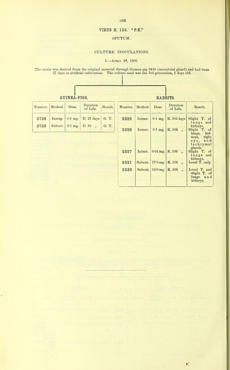 VIRUS H. 133. P.K. SPUTUM. CULTURE INOCULATIONS. I.—April 23, 1909. The strain was derived from the original material through Guinea-pig 3449 (manubrial gland) and had been 27 days in artificial cultivation. The culture used was the 3rd generation, 5 days old. GUINEA-PIGS. RABBITS. Number. Method. Dose. Duration of Life. Result. 3738 3739 Intrap. Subcut. 0-1 mg. O'l mg. D. 27 days D. 36 ,; G. T. G. T. Number. Method. Dose. 2329 2328 2327 2331 2330 Intrav. Intrav. Intrav. Subcut. Subcut. 0-1 mg. 0-1 mg. 0-01 mg. 17-0 mg. 10-0 mg. Duration of Life. Result. K. 106 days K.106 „ K. 106 „ K. 106 „ K. 106 „ Slight T. of lungs and kidneys. Slight T. of lungs, kid- neys, right eye, and 1 ach rymal glands. Slight T. of lungs and kidneys. Local T. only. Local T. and slight T. of lungs and kidneys.