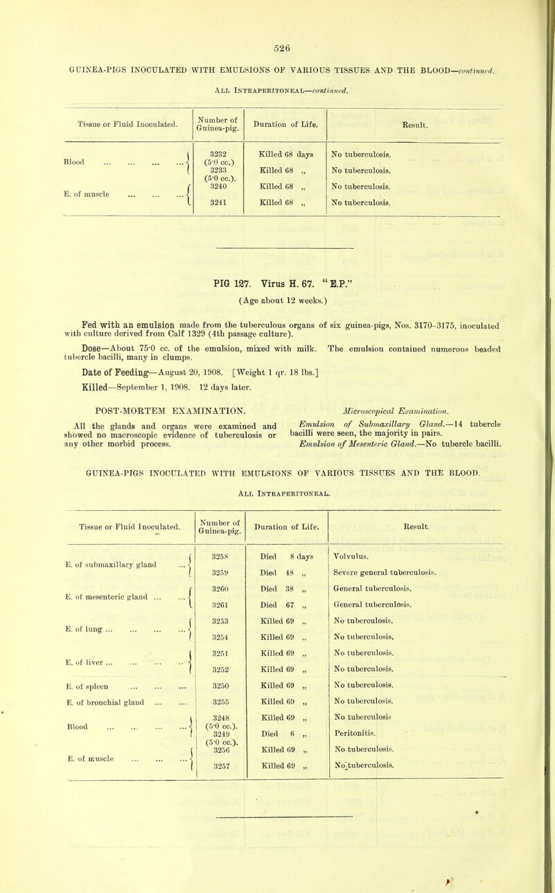 GUINEA-PIGS INOCULATED WITH EMULSIONS OF VARIOUS TISSUES AND THE BLOOD—continued. All Intraperitoneal—continued. Tissue or Fluid Inoculated. Number of Guinea-pig. Duration of Life. Result. 3232 Killed 68 days No tuberculosis. (5-0 cc.) Blood I 3233 Killed 68 „ No tuberculosis. (5-0 cc). 3240 Killed 68 „ No tuberculosis. E. of muscle / 3241 Killed 68 „ No tuberculosis. PIG 127. Virus H. 67.  E.P. (Age about 12 weeks.) Fed with an emulsion made from the tuberculous organs of six guinea-pigs, Nos. 3170-3175, inoculated with culture derived from Calf 1329 (4th passage culture). Dose—About 75-0 cc. of the emulsion, mixed with milk. The emulsion contained numerous beaded tubercle bacilli, many in clumps. Date of Feeding—August 20, 1908. [Weight 1 qr. 18 lbs.] Killed—September 1, 1908. 12 days later. POST-MORTEM EXAMINATION. Microscopical Examination. All the glands and organs were examined and Emulsion of Submaxillary_ Gland—14 tubercle showed no macroscopic evidence of tuberculosis or bacilli were seen, the majority in pairs, any other morbid process. Emulsion of Mesenteric Gland.—No tubercle bacilli. GUINEA-PIGS INOCULATED WITH EMULSIONS OF VARIOUS TISSUES AND THE BLOOD. All Intraperitoneal. Tissue or Fluid Inoculated. Number of Guinea-pig. Duration of Life. Result. E. of submaxillary gland E. of mesenteric gland .., E. of lung E. of liver E. of spleen E. of bronchial gland Blood E. of muscle 3258 Died 8 3259 Died 48 3260 Died 38 3261 Died 67 3253 Killed 69 3254 Killed 69 3251 Killed 69 3252 Killed 69 3250 Killed 69 3255 Killed 69 3248 (5-0 cc). 3249 (5-0 cc). 3256 Killed 69 Died 6 Killed 69 Volvulus. Severe general tuberculosis. General tuberculosis. General tuberculosis. No tuberculosis. No tuberculosis. No tuberculosis. No tuberculosis. No tuberculosis. No tuberculosis. No tuberculosis Peritonitis. No tuberculosis.