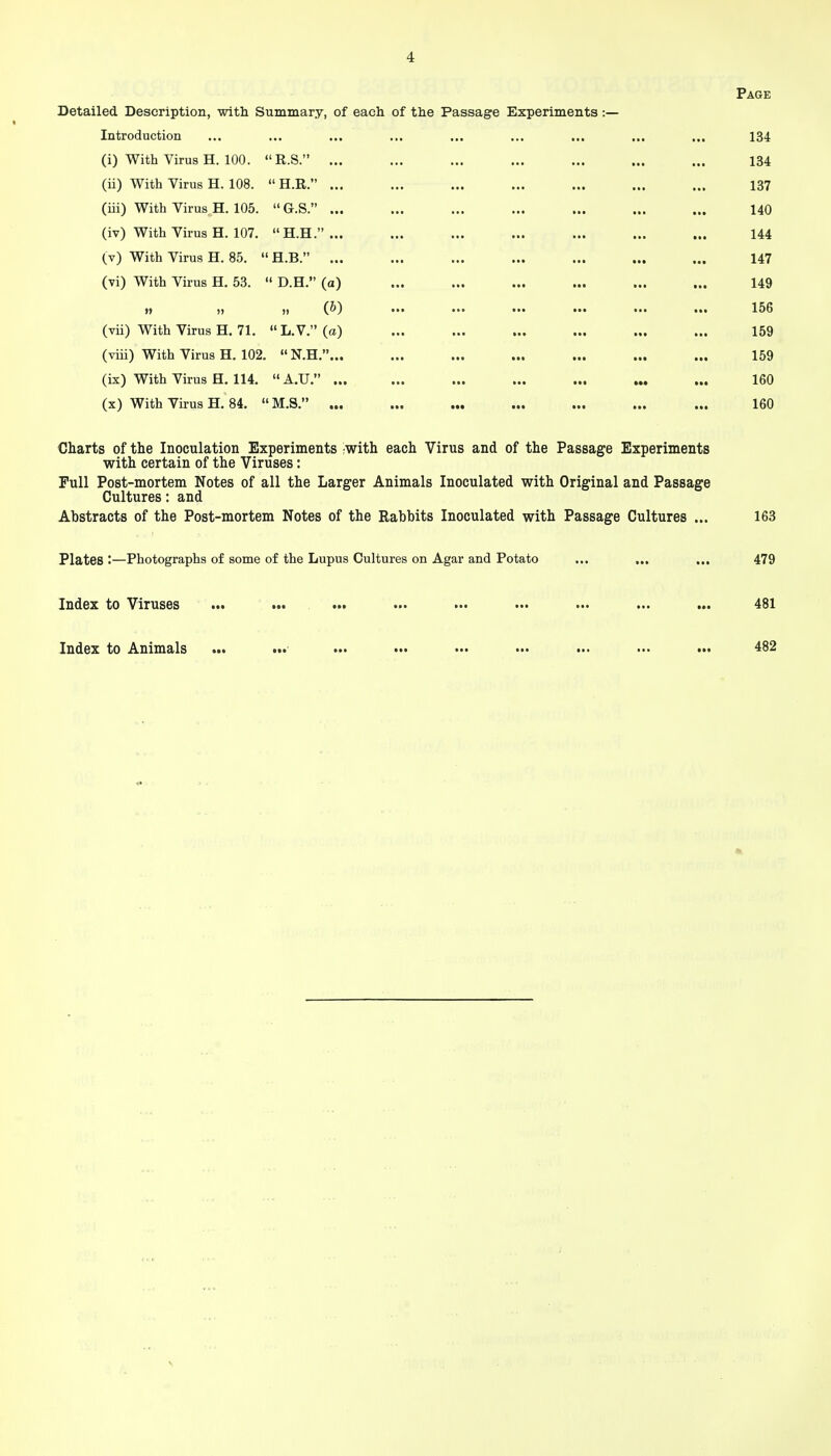 Page Detailed Description, with Summary, of each of the Passage Experiments :— Introduction ... ... ... ... ... ... ... ... ... 134 (i) With Virus H. 100. R.S. ... ... ... ... ... ... ... 134 (ii) With Virus H. 108.  H.R. ... ... ... ... ... ... ... 137 (iii) With Virus H. 105. G.S. ... ... ... ... ... ... ... 140 (iv) With Virus H. 107. H.H. ... ... ... ... ... ... ... 144 (v) With Virus H, 85. H.B. ... ... ... ... ... ... ... 147 (vi) With Virus H. 53.  D.H. (a) ... ... ... ... ... ... 149 „ „ „ (&) ... ... ... ... ... ... 156 (vii) With Virus H. 71. L.V.(a) ... ... ... ... ... ... 159 (viii) With Virus H. 102. N.H.... ... ... ... ... ... ... 159 (ix) With Virus H. 114. A.U. ... ... ... ... ... 160 (x) With Virus H. 84. M.S. ... ... ... ... ... ... ... 160 Charts of the Inoculation Experiments 'With each Virus and of the Passage Experiments with certain of the Viruses: Full Post-mortem Notes of all the Larger Animals Inoculated with Original and Passage Cultures; and Abstracts of the Post-mortem Notes of the Rabbits Inoculated with Passage Cultures ... 163 Plates :—Photographs of some of the Lupus Cultures on Agar and Potato ... ... ... 479 Index to Viruses ... ... ... ... ... ... ... ... ... 481 Index to Animals ... ... ... ••• ... ... ... 482