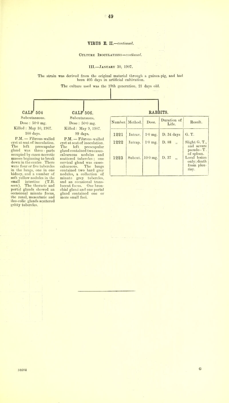 VIRUS E. II.—continued. Culture Inoculations—continued. III.—January 30, 1907. The strain was derived from the original material through a guinea-pig, and had been 405 days in artificial cultivation. The culture used was the 19th generation, 21 days old. CALF 504 Subcutaneous. Dose : 50'0 mg. Killed : May 10, 1907. 100 days. P.M. — Fibrous-walled cyst at seat of inoculation. The left prescapular gland was three - parts occupied by caseo-necrotic masses beginning to break down in the centre. There were four or five tubercles in the lungs, one in one kidney, and a number of soft yellow nodules in the small intestine (T.B. seen). The thoracic and portal glands showed an occasional minute focus, the renal, mesenteric and ileo-colic glands scattered gritty tubercles. CALF 506. Subcutaneous. Dose : 50-0 mg. Killed: May 9, 1907. 99 days. P.M. — Fibrous-walled cyst at seat of inoculation. The left prescapular gland contained twocaseo- calcareous nodules and scattered tubercles ; one cervical gland was caseo- calcareous. The lungs contained two hard grey nodules, a collection of minute grey tubercles, and an occasional trans- lucent focus. One bron- chial gland and one portal gland contained one or more small foci. RABBITS Number. Method. Dose. Duration of Life. Result. 1221 Intrav. l'O mg. D. 34 days G. T. 1222 Intrap. 1-0 mg. D. 88 „ Slight G. T., and severe pseudo - T. of spleen. 1223 Subcut. 10-0 mg. D.37 „ Local lesion only; death from pleu- risy. 84684 G