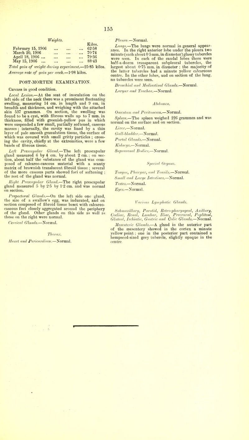 Weigh ts. Kilos. February 15, 1906 62-58 March 20, 1906 ... 70-74 April 18, 1906 79-36 May 15, 1906 88-43 Total gain of weight during experiment.—25-85 kilos. Average rate of gain per week.—1*98 kilos. POST-MORTEM EXAMINATION. Carcass in good condition. Local Lesion.—At the seat of inoculation on the left side of the neck there was a prominent fluctuating swelling, measuring 14 cm. in length and 9 cm. in breadth and thickness, and weighing with the attached skin 537 grammes. On section, the swelling was found to be a cyst, with fibrous walls up to 7 mm. in thickness, filled with greenish-yellow pus in which were suspended a few small, partially softened, caseous masses ; internally, the cavity was lined by a thin layer of pale smooth granulation tissue, the surface of which was covered with small gritty particles ; cross- ing the cavity, chiefly at the extremities, were a few bands of fibrous tissue. Left Prescapular Gland.—The left prescapular gland measured 6 by 4 cm. by about 2 cm.; on sec- tion, about half the substance of the gland was com- posed of calcareo-caseous material with a scanty matrix of brownish translucent fibroid tissue ; several of the more caseous parts showed foci of softening ; the rest of the gland was normal. Right Prescapular Gland.—The right prescapular gland measured 5 by 2-5 by 1*2 cm. and was normal on section. Prepectoral Glands.—On the left side one gland, the size of a swallow's egg, was indurated, and on section composed of fibroid tissue beset with calcareo- caseous foci closely aggregated around the periphery of the gland. Other glands on this side as well as those on the right were normal. Cervical Glands.—Normal. Thorax. Heart and Pericardium.—Normal. Pleura—Normal. Lungs.—The lungs were normal in general appear- ance. In the right anterior lobe under the pleura two minute (each about 05 mm. in diameter) glassy tubercles were seen. In each of the caudal lobes there were half-a-dozen transparent subpleural tubercles, the largest about 0-75 mm. in diameter ; the majority of the latter tubercles had a minute yellow calcareous centre. In the other lobes, and on section of the lung, no tubercles were seen. Bronchial and, Mediastinal Glands.—Normal. Larynx and Trachea,.—Normal. A bdomen. Omentum and Peritoneum.—Normal. Spleen.—The spleen weighed 226 grammes and was normal on the surface and on section. Liver.—Normal. Gall-bladder.—Normal. Portal Glands.—Normal. Kidneys.—Normal. Suprarenal Bodies.—Normal. Special Organs. Tongue, Pharynx, and, Tonsils.—Normal. Small and Large Intestines.—Normal. Testes.—Normal. Eyes.—Normal. Various Lymphatic Glands. Submaxillary, Parotid, Retro-pharyngeal, Axillary, Coeliac, Renal, Lumbar, Iliac, Precrural, Popliteal, Gluteal, Ischiatic, Gastric and Colic Glands.—Normal. Mesenteric Glands.—A gland in the anterior part of the mesentery showed in the cortex a minute yellow point ; one in the posterior part contained a hempseed-sized grey tubercle, slightly opaque in the centre.