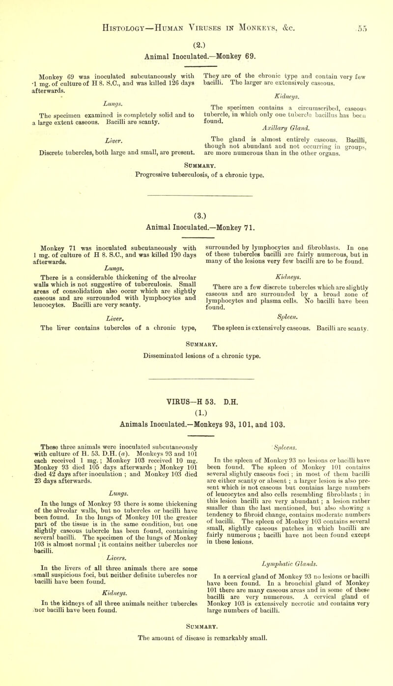 (2.) Animal Inoculated—Monkey 69. Monkey 69 was inoculated aubcutaneously with They are of the chronic type and contain very fe\ •1 mg. of culture of H 8. S.C., and was killed 126 days bacilli. The larger are extensively caseous, afterwards. Lungs. The specimen examined is completely solid and to a large extent caseous. Bacilli are scanty. Liver. Discrete tubercles, both large and small, are present. Kidneys. The specimen contains a circumscribed, caseous tubercle, in which only one tubercle bacillus has been found. Axillary Gland. The gland is almost entirely caseous. Bacilli, though not abundant and not occurring in groups, are more numerous than in the other organs. Summary. Progressive tuberculosis, of a chronic type. (3.) Animal Inoculated.—Monkey 71. Monkey 71 was inoculated subcutaneously with 1 mg. of culture of H 8. S.C., and was killed 190 days afterwards. Lungs. There is a considerable thickening of the alveolar walls which is not suggestive of tuberculosis. Small areas of consolidation also occur which are slightly caseous and are surrounded with lymphocytes and leucocytes. Bacilli are very scanty. Liver. The liver contains tubercles of a chronic type, surrounded by lymphocytes and fibroblasts. In one of these tubercles bacilli are fairly numerous, but in many of the lesions very few bacilli are to be found. Kidneys. There are a few discrete tubercles which are slightly caseous and are surrounded by a broad zone of lymphocytes and plasma cells. No bacilli have been found. Spleen. The spleen is extensively caseous. Bacilli are scanty. Summary. Disseminated lesions of a chronic type. VIRUS-H 53. D.H. (1.) Animals Inoculated.—Monkeys 93, 101, and 103. These three animals were inoculated subcutaneously with culture of H. 53. D.H. (a). Monkeys 93 and 101 each received 1 mg.; Monkey 103 received 10 mg. Monkey 93 died 105 days afterwards ; Monkey 101 died 42 days after inoculation ; and Monkey 103 died 23 days afterwards. Lungs. In the lungs of Monkey 93 there is some thickening of the alveolar walls, but no tubercles or bacilli have been found. In the lungs of Monkey 101 the greater part of the tissue is in the same condition, but one slightly caseous tubercle has been found, containing several bacilli. The specimen of the lungs of Monkey 103 is almost normal ; it contains neither tubercles nor bacilli. Livers. In the livers of all three animals there are some small suspicious foci, but neither definite tubercles nor bacilli have been found. Kidneys. In the kidneys of all three animals neither tubercles nor bacilli have been found. ■ Spleens. In the spleen of Monkey 93 no lesions or bacilli have been found. The spleen of Monkey 101 contains several slightly caseous foci ; in most of them bacilli are either scanty or absent ; a larger lesion is also pre- sent which is not caseous but contains large numbers of leucocytes and also cells resembling fibroblasts ; in this lesion bacilli are very abundant; a lesion rather smaller than the last mentioned, but also showing a tendency to fibroid change, contains moderate numbers of bacilli. The spleen of Monkey 103 contains several small, slightly caseous patches in which bacilli are fairly numerous ; bacilli have not been found except in these lesions. Lymphatic Glands. In a cervical gland of Monkey 93 no lesions or bacilli have been found. In a bronchial gland of Monkey 101 there are many caseous areas and in some of these bacilli are very numerous. A cervical gland of Monkey 103 is extensively necrotic and contains very large numbers of bacilli. Summary. The amount of disease is remarkably small.