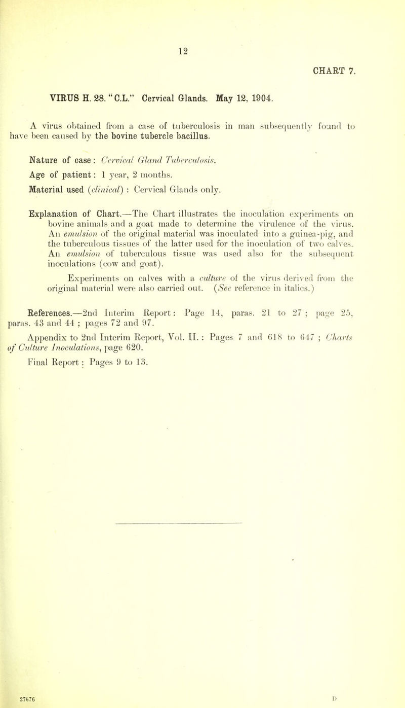 12 CHART 7. VIRUS H. 28. C.L. Cervical Glands. May 12, 1904. A virus obtained from a case of tuberculosis in man subsequently found to have been caused by the bovine tubercle bacillus. Nature of case : Cervical Gland Tuberculosis. Age of patient: 1 year, 2 months. Material used {clinical) : Cervical Glands only. Explanation of Chart.—The Chart illustrates the inoculation experiments on bovine animnls and a goat made to determine the virulence of the virus. An emulsion of the original material was inoculated into a guinea-]:)ig, and the tuberculous tissues of the latter used for the inoculation of two calves. An emulsion of tuberculous tissue was used also for the sulisequent inoculations (cow and goat). Experiments on calves with a culture of the virus derived from the original material were also carried out. {See reference in italics.) References.—2nd Interim Report: Page 14, paras. 21 to 27 ; page 25, paras. 43 and 44 ; pages 72 and 97. Appendix to 2nd Interim Report, Vol, II. : Pages 7 and G18 to 647 ; Charts of Culture inoculations^ page 620. Final Report: Pages 9 to 13. 27676 D