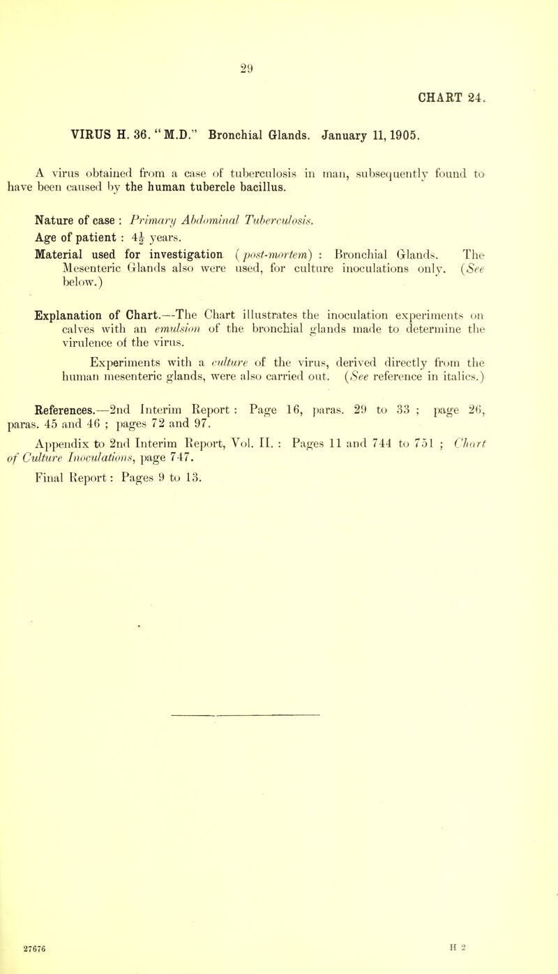 29 CHART 24. VIRUS H. 36. M.D. Bronchial Glands. January 11,1905. A virus obtained from a case of tuberculosis in man, subsequently found to have been caused by the human tubercle bacillus. Nature of case : Primary Abdominal Tuberculosis. Age of patient : 4j years. Material used for investigation (post-mortem) : Bronchial (jlands. The Mesenteric Glands also were used, for culture inoculations only. (See below.) Explanation of Chart.—The Chart illustrates the inoculation experiments on calves with an emulsion of the bronchial glands made to determine the virulence of the virus. Experiments with a culture of the virus, derived directly fnjm the human mesenteric glands, were also carried out. {See reference in italics.) References.—2nd Interim Report : Page 16, paras. 29 to 33 ; page 26, paras. 45 and 46 ; pages 72 and 97. Appendix to 2nd Interim Report, Vol. II. : Pages 11 and 744 to 751 ; Chart of Culture Inoculations^ P^^ge 747. Final Report: Pages 9 to 13. 27676 H 2